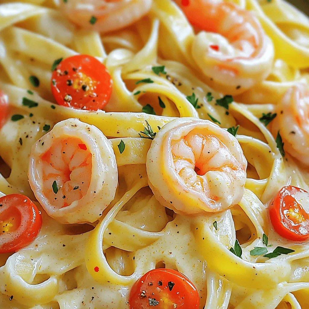 - 8 oz fettuccine pasta - 1 lb large shrimp, peeled and deveined - 2 tablespoons Cajun seasoning - 1 cup heavy cream - 1 cup grated Parmesan cheese - 1/2 cup cherry tomatoes, halved - 1/4 cup parsley, chopped The main ingredients for Creamy Cajun Shrimp Alfredo include fettuccine pasta and large shrimp. Fettuccine has a wide shape that holds the sauce well. It is easy to cook and pairs perfectly with creamy sauces. Shrimp adds protein and flavor to the dish. Peeled and deveined shrimp cooks quickly and looks great on the plate. Next, seasonings and sauces elevate the dish. Cajun seasoning brings bold flavors and a hint of spice. Heavy cream makes the sauce rich and smooth. Grated Parmesan cheese adds a salty, nutty taste. Together, these ingredients create a delightful blend that coats the pasta beautifully. Finally, we have vegetables and garnish. Cherry tomatoes add a pop of color and sweetness. They also bring freshness to the dish. Chopped parsley gives a bright finish and a hint of earthiness. Using these ingredients makes your dish not only tasty but also visually appealing. To cook the fettuccine, start with a large pot of salted water. Bring it to a boil. Add the fettuccine and cook it until it's al dente. This usually takes about 8 to 10 minutes, but check the package for specific times. Drain the pasta well but save 1/2 cup of that starchy pasta water. This water is essential later for the sauce. First, take your peeled and deveined shrimp and place them in a bowl. Sprinkle 2 tablespoons of Cajun seasoning over the shrimp. Toss them well to make sure each shrimp is coated in the seasoning. This step adds flavor and a nice kick. Next, heat 2 tablespoons of olive oil in a large skillet over medium-high heat. Add the shrimp and cook them for about 2 to 3 minutes on each side. They should turn pink and opaque. Once done, remove them from the skillet and set them aside. In the same skillet, add 3 cloves of minced garlic. Sauté it for about 30 seconds until it smells great. This step adds depth to the sauce. Then, lower the heat to medium and pour in 1 cup of heavy cream. Stir it well and let it come to a gentle simmer. Gradually whisk in 1 cup of grated Parmesan cheese until it melts and gets creamy. If the sauce is too thick, add a little of that reserved pasta water to reach your preferred consistency. Finally, toss in 1/2 cup of halved cherry tomatoes for a pop of color and flavor. Timing is key when combining the pasta and shrimp with the sauce. Add the cooked fettuccine and shrimp to the skillet. Toss everything to coat well in the sauce. Cook for another 2 to 3 minutes until everything is heated through. Taste and add salt and pepper to your liking. If you want extra heat, sprinkle on some red pepper flakes. Enjoy every creamy bite! To create a creamy sauce, I recommend using heavy cream brands like Land O'Lakes or Horizon Organic. These brands provide a rich texture. If the sauce is too thick, add a splash of reserved pasta water. This helps bring the sauce to your desired texture without losing flavor. Adjusting the spice level is easy. Start with two tablespoons of Cajun seasoning. If you love heat, add more. For a milder dish, use less. To enhance flavor, add a squeeze of lemon juice. This brightens the dish and balances the spice. Pair your Cajun shrimp Alfredo with garlic bread or a fresh salad. These sides complement the creamy pasta well. For a fun twist, garnish with lemon wedges or extra parsley. This adds color and freshness to your plate. {{image_2}} If you need a gluten-free meal, you can easily switch your pasta. Here are some great options: - Rice pasta: This has a nice texture and works well in Alfredo. - Zucchini noodles: Spiralized zucchini gives a fresh twist and is low in carbs. For Cajun seasoning, look for gluten-free brands or make your own. Combine these spices for a tasty mix: - Paprika - Onion powder - Garlic powder - Black pepper - Oregano Want to mix it up? You can use other proteins in this dish. - Chicken: Use diced chicken breast instead of shrimp. Cook it the same way, seasoning with Cajun spice. - Sausage: Andouille sausage adds a spicy kick. Slice it up and sauté with the same steps. For a vegetarian option, skip the meat completely. - Mushrooms: Use cremini or portobello for a hearty feel. - Chickpeas: They add protein and texture. Boost the flavor of your Alfredo with some simple additions. - Spinach: Toss in fresh spinach towards the end for a pop of color and nutrition. - Bell peppers: Sauté chopped bell peppers for a sweet crunch. If you love seafood, add scallops or crab for an extra treat. Just cook them gently, then mix with the sauce. Enjoy the blend of flavors! To keep your creamy Cajun shrimp Alfredo fresh, store it properly. First, let the dish cool to room temperature. Then, transfer it to an airtight container. This helps prevent odors from other foods. Use glass or BPA-free plastic containers for storage. Glass containers are great for reheating. Label the container with the date. This way, you know when to use it. Aim to eat leftovers within three days for the best taste. When reheating Alfredo, avoid clumping. Add a splash of milk or cream to the dish. This keeps the sauce creamy. You can reheat in the microwave or on the stovetop. For the microwave, use a microwave-safe dish. Heat in short bursts, stirring often. This helps distribute heat evenly. For stovetop heating, use low heat. Stir gently and add liquid as needed. This keeps the dish from getting too thick. Yes, you can freeze creamy pasta dishes! However, the texture may change a bit. To freeze, put the cooled Alfredo in a freezer-safe container. Make sure to leave some space, as it will expand. When you’re ready to eat, thaw it in the fridge overnight. Reheat slowly on the stovetop with a splash of cream. This helps revive the creamy texture. Yes, you can prep this dish in advance. Here’s how: - Cook the pasta: Make the fettuccine and store it in the fridge. - Season the shrimp: Toss it with Cajun seasoning, then keep it in a sealed bag. - Prepare the sauce: You can make the Alfredo sauce and store it in an airtight container. When you're ready to eat, just sauté the shrimp and mix everything together. This makes meal prep easy and quick. Cajun seasoning is bold and flavorful. It usually has a medium heat level. Here are common spices found in it: - Paprika - Cayenne pepper - Garlic powder - Onion powder - Oregano The heat can vary by brand, so check the label if you're sensitive to spice. You can always add more or less to suit your taste. If you want a lighter option, try these: - Whole milk: It will make a thinner sauce but still creamy. - Greek yogurt: Mix with a bit of milk for creaminess. - Coconut cream: Great for a non-dairy choice with a rich flavor. These alternatives can change the taste slightly, so choose what fits your meal best. This blog post covers how to make delicious Cajun shrimp Alfredo. We discussed ingredients like fettuccine, shrimp, and a creamy sauce. You learned key steps to cook pasta, prepare shrimp, and make the sauce right. We also offered useful tips for perfect flavor and texture. In my experience, this dish is easy and tasty. With simple adjustments, you can make it your own. Whether you choose gluten-free options or add veggies, Cajun shrimp Alfredo can fit your needs. Enjoy cooking and sharing this meal!