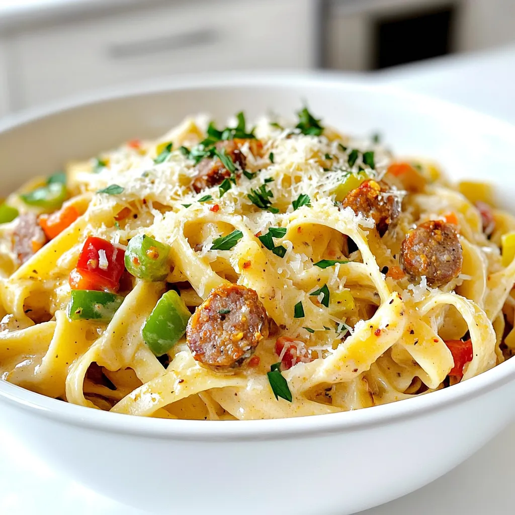 - 8 ounces fettuccine pasta - 1 pound smoked sausage, sliced - 1 bell pepper (red or yellow), sliced - 1 green bell pepper, sliced - 1 small onion, chopped - 1 teaspoon Cajun seasoning - 1 cup heavy cream - 1/2 cup chicken broth - Salt and pepper to taste - Fresh parsley, chopped - Grated Parmesan cheese In this creamy Cajun pasta dish, I use fettuccine as my base. The pasta is thick, so it holds the sauce well. I choose smoked sausage for its rich flavor. You can slice it into bite-sized pieces for easier chewing. Bell peppers add a nice crunch. I prefer both red and green for color. The onion adds sweetness, balancing the dish. For the sauce, I use Cajun seasoning to bring heat. Heavy cream gives a rich, creamy texture. Chicken broth adds depth while keeping it light. Salt and pepper enhance all these flavors. Finally, I sprinkle fresh parsley and Parmesan cheese on top. They make the dish look beautiful and add extra taste. This mix of ingredients creates a wonderful meal that everyone loves. To cook fettuccine pasta, start by boiling water in a large pot. Add salt to the water for flavor. Once the water is boiling, add the fettuccine. Cook it according to the package instructions until it is al dente. This usually takes about 8-10 minutes. After cooking, carefully drain the pasta in a colander. Set it aside for later. In a large skillet, heat one tablespoon of olive oil over medium heat. Add the sliced smoked sausage to the skillet. Cook it for about 5-7 minutes, stirring often. You want the sausage to brown nicely. Once browned, remove the sausage from the skillet and set it aside. This adds great flavor to your dish. In the same skillet, add the chopped onion. Sauté for 2-3 minutes, or until it turns translucent. Next, add the sliced bell peppers and minced garlic. Cook these for another 3-4 minutes, until the peppers soften. Now, sprinkle in the Cajun seasoning and stir well. Pour in the chicken broth and heavy cream, mixing everything. Bring this mixture to a gentle simmer. Now it’s time to mix everything together. Add the grated Parmesan cheese to your creamy sauce, stirring until it melts and blends in. Fold in the cooked pasta and the browned sausage, making sure everything gets coated in the sauce. For the perfect creamy texture, taste and add salt and pepper as needed. To get the best flavor in your sauce, adjust the Cajun seasoning. If you want more heat, add a bit more. Taste as you go. This way, you create a dish just for you. For creaminess, use heavy cream. It gives a rich texture. If you want it lighter, try half-and-half, but it won’t be as thick. When cooking this dish, a skillet works best. It heats evenly and helps everything cook well together. A pot can trap too much steam and make it watery. Manage your heat levels carefully to avoid burning. Start on medium heat, then adjust as needed. If things cook too fast, turn down the heat. Creamy Cajun pasta pairs well with garlic bread or a fresh salad. The bread soaks up the sauce, and the salad adds crunch. For a beautiful plate, use wide, shallow bowls. Twirl the pasta in the center and sprinkle parsley on top. Add a touch of extra Parmesan for a nice finish. Enjoy the colors and textures! {{image_2}} You can switch out the sausage for chicken or turkey. These options add a lighter touch. For a meatless version, try using vegetarian sausage. This keeps the dish hearty and flavorful. If you want more protein, consider adding shrimp or diced chicken. Both will cook quickly and soak up the Cajun spices. Feel free to add more veggies to your pasta. Zucchini and spinach work great in this recipe. They boost flavor and nutrition. You can also try mushrooms or asparagus for different tastes. Adding fresh herbs like basil or thyme can change the flavor profile. This lets you customize the dish to your liking. If you need a gluten-free meal, use gluten-free pasta. There are many brands that taste great. You can also adjust the sauce to fit your needs. Use vegetable broth instead of chicken broth for a vegan option. Just make sure to read the labels on your ingredients for any hidden gluten. To store your creamy Cajun pasta, let it cool first. Use an airtight container. This helps keep the flavors fresh. You can store it in the fridge for up to three days. Always check for any signs of spoilage before eating. When reheating creamy Cajun pasta, use low heat. You can use a skillet or microwave. Add a splash of chicken broth or a little cream to keep it creamy. Stir frequently to avoid burning. Keep an eye on the pasta so it does not overcook. To freeze creamy Cajun pasta, cool it completely first. Place it in a freezer-safe container. Make sure to leave some space for expansion. You can freeze it for up to three months. When ready to eat, thaw it in the fridge overnight. Reheat it slowly on the stove, adding a bit of cream for creaminess. Yes, you can! To prep, cook the pasta and sausage separately. Store them in airtight containers. Keep the sauce in its own container. When you're ready to eat, just combine everything in a skillet. Heat it gently until warm. This method keeps the pasta and sauce fresh. If you want a lighter version, use half-and-half. You can also try whole milk mixed with flour for thickness. Coconut milk is another tasty option. Each substitute will change the flavor a bit, but they still work well. The spice level depends on your Cajun seasoning. Start with one teaspoon. Taste it, then add more if you want it spicier. You can also add fresh chili or hot sauce for extra heat. Adjust it to make it just right for you! This blog post covered a delicious creamy Cajun pasta recipe. We discussed key ingredients and shared step-by-step instructions. Tips on perfecting the sauce and serving ideas added extra value. You can also explore variations with different proteins and veggies or find gluten-free options. Don't forget proper storage and reheating tips to keep your dish fresh. Enjoy experimenting with flavors and techniques to make this dish your own, and share it with friends and family for a satisfying meal!