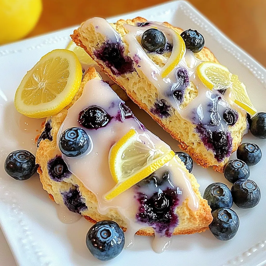 To make these delightful scones, gather the following ingredients: - 2 cups all-purpose flour - 1/2 cup granulated sugar - 1 tablespoon baking powder - 1/2 teaspoon salt - 1/2 cup cold unsalted butter, cubed - 1 cup fresh blueberries (or frozen, if unavailable) - Zest of 1 lemon - 1/4 cup heavy cream - 1 large egg - 1 tablespoon freshly squeezed lemon juice - 1 teaspoon vanilla extract - 1/4 cup powdered sugar (for glaze) - 1 tablespoon lemon juice (for glaze) These ingredients blend to create a perfect balance of sweet and tangy. You can customize your scones with these options: - Add 1/2 cup chopped nuts for crunch. - Use different berries like raspberries or strawberries. - Mix in 1 teaspoon of almond extract for added flavor. - Swap lemon zest with orange or lime zest for a twist. These variations add fun and new flavors to your scones. To make baking easier, gather these tools: - Large mixing bowl - Whisk for blending dry ingredients - Pastry cutter or fork for mixing butter - Baking sheet lined with parchment paper - Measuring cups and spoons - Knife or round cutter for shaping scones Having these tools ready will help you bake scones like a pro. Start by preheating your oven to 400°F (200°C). Line a baking sheet with parchment paper to prevent sticking. In a large bowl, mix 2 cups of flour, 1/2 cup of sugar, 1 tablespoon of baking powder, and 1/2 teaspoon of salt. This blend creates a light base for your scones. Next, add 1/2 cup of cold, cubed unsalted butter to the bowl. Use your fingers or a pastry cutter to blend until the mix looks like coarse crumbs. Now it’s time to add flavor. Gently fold in 1 cup of fresh blueberries and the zest of 1 lemon. This step adds a burst of fruity taste. In another bowl, combine 1/4 cup of heavy cream, 1 large egg, 1 tablespoon of lemon juice, and 1 teaspoon of vanilla extract. Whisk them together until smooth. Pour this wet mix into your dry ingredients. Stir gently until just combined to keep the scones light. Next, transfer the dough to a lightly floured surface. Pat it into a circle that is about 1-inch thick. You can cut it into 8 wedges or use a round cutter for a uniform shape. The goal is to keep the dough thick for a fluffy result. Place your shaped scones on the prepared baking sheet, ensuring they have space to rise. Now, it’s time to bake. Put the scones in your preheated oven and bake for 15-18 minutes. Look for a golden brown top that signals they’re ready. While they bake, prepare the glaze. In a small bowl, mix 1/4 cup of powdered sugar with 1 tablespoon of lemon juice until smooth. Once the scones are baked, take them out and let them cool slightly. Drizzle the lemon glaze over the warm scones for a sweet finish. Enjoy your bakery-style lemon blueberry scones! To get that perfect bakery-style texture, start with cold butter. Cold butter creates flaky layers. Cut the butter into small cubes. Then, mix it into the flour until it looks like coarse crumbs. This method keeps the butter from melting too soon. Also, don't overmix the dough. When you combine the wet and dry ingredients, stir gently. Mix just until you can’t see dry flour. This helps keep your scones light and airy. Lastly, bake them at a high temperature. A hot oven gives a nice rise and golden color. Mixing ingredients properly is key. First, whisk the dry ingredients well. This helps the baking powder distribute evenly. Use a large bowl to allow space for mixing. When adding wet ingredients, do it slowly. Pour the wet mixture into the dry mix. Stir gently to keep the blueberries whole. It’s okay if the dough looks a bit shaggy. This means you did it right! Always use fresh lemon zest. It adds a bright flavor. If you want a stronger lemon taste, add a bit more zest. One common mistake is using room-temperature butter. Always use cold butter for the best texture. Another mistake is overmixing the dough. This can lead to tough scones, which is not what we want. Don’t forget to space the scones on the baking sheet. If they are too close, they may stick together. Lastly, watch the baking time. Oven temperatures can vary. Check for a golden top to know they’re done. {{image_2}} You can spice up your lemon blueberry scones easily. Try adding raspberries, strawberries, or even blackberries. Each fruit brings a new taste. Diced peaches add a summer feel. You can also try other flavors. A dash of almond extract gives a nice twist. If you love chocolate, add mini chocolate chips for a sweet touch. Mix and match to find your favorite combo! Need a gluten-free option? You can use a gluten-free flour blend. Look for one that includes xanthan gum. This helps mimic the texture of regular flour. Almond flour and coconut flour are great choices too. If you use these, adjust the amount of liquid. You may need less cream or egg. Always check the package for guidance on ratios. Want to make mini scones? Cut your dough into smaller pieces. You can use a round cutter or a knife for this. Bake them for a shorter time, about 10-12 minutes. This makes them perfect for snacks or brunch. You can also shape them into hearts or stars! Use cookie cutters to make fun shapes. This adds flair to your baking and makes them great for kids. Enjoy experimenting with your scone shapes! To keep your scones fresh, place them in an airtight container. This helps prevent them from drying out. Store them at room temperature for up to two days. If you want them to last longer, refrigerate them for up to a week. Just remember, cold storage might change their texture a bit. Freezing scones is simple and effective. First, allow them to cool completely. Then, wrap each scone in plastic wrap. Place the wrapped scones in a freezer bag or airtight container. You can freeze them for up to three months. When ready to enjoy, just thaw them overnight in the fridge or at room temperature. To bring back their warmth and texture, reheat scones in an oven. Preheat your oven to 350°F (175°C). Place them on a baking sheet for about 5-10 minutes. This method helps restore their crispy edges. You can also microwave them for about 15-20 seconds, but they may become soft. Enjoy your scones warm, just like fresh from the oven! Yes, you can use frozen blueberries. Just remember to add them straight from the freezer. Do not thaw them first. This keeps the scones from turning blue. Frozen blueberries will work well and still taste great. Look for a golden brown color on top. The scones should feel firm but springy when touched. A toothpick inserted into the center should come out clean. This means they are done baking. You can use milk or half-and-half as a substitute. For a dairy-free option, try almond milk or coconut cream. These will change the texture slightly but will still make tasty scones. Lemon blueberry scones are easy and fun to make. We covered the main ingredients, optional add-ins, and key baking tools. The step-by-step instructions guide you from dough to glaze, ensuring great results. I shared tips for good texture and mistakes to avoid. Don't forget to explore variations and storage options to keep your scones fresh. Enjoy your baking adventure with these tasty treats and don’t be afraid to experiment!