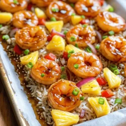 - 1 lb large shrimp, peeled and deveined - 1 cup fresh pineapple, diced - 1 bell pepper (red or green), sliced - 1 red onion, sliced The star of this dish is the shrimp. I love using large shrimp because they soak up the flavor well. Fresh pineapple adds a sweet twist. The bell pepper and red onion bring color and crunch. - 1/2 cup teriyaki sauce (store-bought or homemade) - 2 tablespoons olive oil - 2 cloves garlic, minced - 1 teaspoon fresh ginger, grated - Salt and pepper to taste Teriyaki sauce gives this dish its signature taste. Olive oil helps cook the shrimp and veggies evenly. Garlic and ginger add depth to the flavor, making every bite a delight. - Cooked jasmine rice, for serving - Sliced green onions and sesame seeds, for garnish I recommend serving this dish over jasmine rice. It soaks up the sauce well. Garnishing with green onions and sesame seeds adds a nice finish. Enjoy the crunch and fresh look they provide. 1. Preheat your oven to 400°F (200°C). This heat makes the shrimp cook fast and even. 2. In a large bowl, mix 1/2 cup teriyaki sauce, 2 tablespoons olive oil, 2 cloves minced garlic, 1 teaspoon grated ginger, and a pinch of salt and pepper. Stir it well. 3. Add 1 pound of shrimp to the bowl. Toss until the shrimp are coated with the sauce. Let them marinate for 15 minutes. 1. While the shrimp marinates, chop 1 cup of fresh pineapple, slice a bell pepper, and cut a red onion. 2. Line a large sheet pan with parchment paper for easy cleanup. Spread the marinated shrimp evenly on the pan. 3. Place the chopped pineapple, bell pepper, and red onion around the shrimp. This way, all the flavors mix together. 4. Bake in the oven for 10-12 minutes. You know it's done when the shrimp are pink and the veggies are tender. 1. After baking, let the dish cool for a few minutes. 2. Serve the shrimp and veggies over cooked jasmine rice. Drizzle any leftover teriyaki sauce from the pan on top for extra flavor. 3. To make it look nice, garnish with sliced green onions and sprinkle sesame seeds for crunch. This makes the dish pop! To make the best teriyaki sauce, you can easily whip up a homemade version. Combine soy sauce, honey, rice vinegar, and a splash of sesame oil. This mix gives you control over the taste. If you enjoy spice, you can add some red pepper flakes or sriracha. Start slow. You can always add more heat if you want! To know when your shrimp is done, watch for the color change. They should turn pink and opaque. This usually takes about 10-12 minutes in the oven. To avoid rubbery shrimp, do not overcook them. Remove them from the oven as soon as they look ready. Timely cooking is key for that perfect bite! If you're out of bell peppers or red onion, no worries! You can use zucchini or snap peas instead. They add great color and crunch. For sauces, feel free to swap teriyaki with sweet chili or soy sauce. Each option will change the flavor but still taste amazing! {{image_2}} You can switch up the shrimp for other proteins. Chicken or tofu works great, too. Just adjust the cooking time. If you want a fresh twist, try seasonal fruits. Mango or peaches can add a sweet kick. For a gluten-free dish, use tamari sauce instead of teriyaki sauce. Check labels to ensure no hidden gluten sneaks in. If you're watching carbs, swap the jasmine rice for cauliflower rice. It’s just as tasty and lower in carbs. If you love smoky flavors, try grilling the shrimp and veggies. Just preheat your grill and cook until the shrimp turns pink. You can also use an air fryer for this dish. Set it to 400°F and cook for about 8-10 minutes. Enjoy the crispy goodness! To store leftovers, place the shrimp and vegetables in an airtight container. Make sure to let the dish cool first. This keeps the flavors fresh and prevents sogginess. You can store it in the fridge for up to three days. After that, it may lose its taste and texture. If you want to freeze this dish, it's best to do so before cooking. Place the marinated shrimp and vegetables in a freezer-safe bag. Squeeze out as much air as possible before sealing. You can freeze it for up to three months. When ready to eat, thaw it in the fridge overnight. For reheating, you can bake it directly from the freezer. Just add a few extra minutes to the cooking time. Check to ensure the shrimp is cooked through and the veggies are tender. Preparing ahead of time makes weeknight meals easier. You can chop the veggies and marinate the shrimp a day in advance. This way, when you’re ready to cook, it’s quick and simple. Batch cooking is also a great option. You can make several servings and store them in individual containers for easy lunches or dinners. It’s a smart way to enjoy this tasty dish throughout the week! You should marinate the shrimp for about 15 minutes. This time allows the shrimp to soak in the teriyaki sauce. If you marinate too long, the shrimp may become mushy. Use a timer to keep track and avoid this issue. Yes, you can use frozen shrimp. However, you need to thaw them first. Run cold water over the shrimp for about 5-10 minutes. After thawing, pat them dry with a paper towel before marinating. This helps the sauce stick better. I recommend serving the dish with jasmine rice. The rice absorbs the sauce well. You can also add steamed broccoli or a simple salad for extra veggies. Sliced green onions and sesame seeds make great garnishes, too. This article covers everything you need for a delicious Sheet Pan Teriyaki Shrimp & Pineapple dish. We looked at main ingredients, seasonings, and serving ideas. You also learned step-by-step cooking instructions, tips for perfect flavors, and ingredient swaps. Don’t forget options for dietary needs and how to store your leftovers. With these insights, you’re ready to cook an amazing meal that’s easy and fun. Enjoy the flavors and make it your own!