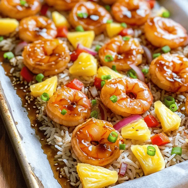 - 1 lb large shrimp, peeled and deveined - 1 cup fresh pineapple, diced - 1 bell pepper (red or green), sliced - 1 red onion, sliced The star of this dish is the shrimp. I love using large shrimp because they soak up the flavor well. Fresh pineapple adds a sweet twist. The bell pepper and red onion bring color and crunch. - 1/2 cup teriyaki sauce (store-bought or homemade) - 2 tablespoons olive oil - 2 cloves garlic, minced - 1 teaspoon fresh ginger, grated - Salt and pepper to taste Teriyaki sauce gives this dish its signature taste. Olive oil helps cook the shrimp and veggies evenly. Garlic and ginger add depth to the flavor, making every bite a delight. - Cooked jasmine rice, for serving - Sliced green onions and sesame seeds, for garnish I recommend serving this dish over jasmine rice. It soaks up the sauce well. Garnishing with green onions and sesame seeds adds a nice finish. Enjoy the crunch and fresh look they provide. 1. Preheat your oven to 400°F (200°C). This heat makes the shrimp cook fast and even. 2. In a large bowl, mix 1/2 cup teriyaki sauce, 2 tablespoons olive oil, 2 cloves minced garlic, 1 teaspoon grated ginger, and a pinch of salt and pepper. Stir it well. 3. Add 1 pound of shrimp to the bowl. Toss until the shrimp are coated with the sauce. Let them marinate for 15 minutes. 1. While the shrimp marinates, chop 1 cup of fresh pineapple, slice a bell pepper, and cut a red onion. 2. Line a large sheet pan with parchment paper for easy cleanup. Spread the marinated shrimp evenly on the pan. 3. Place the chopped pineapple, bell pepper, and red onion around the shrimp. This way, all the flavors mix together. 4. Bake in the oven for 10-12 minutes. You know it's done when the shrimp are pink and the veggies are tender. 1. After baking, let the dish cool for a few minutes. 2. Serve the shrimp and veggies over cooked jasmine rice. Drizzle any leftover teriyaki sauce from the pan on top for extra flavor. 3. To make it look nice, garnish with sliced green onions and sprinkle sesame seeds for crunch. This makes the dish pop! To make the best teriyaki sauce, you can easily whip up a homemade version. Combine soy sauce, honey, rice vinegar, and a splash of sesame oil. This mix gives you control over the taste. If you enjoy spice, you can add some red pepper flakes or sriracha. Start slow. You can always add more heat if you want! To know when your shrimp is done, watch for the color change. They should turn pink and opaque. This usually takes about 10-12 minutes in the oven. To avoid rubbery shrimp, do not overcook them. Remove them from the oven as soon as they look ready. Timely cooking is key for that perfect bite! If you're out of bell peppers or red onion, no worries! You can use zucchini or snap peas instead. They add great color and crunch. For sauces, feel free to swap teriyaki with sweet chili or soy sauce. Each option will change the flavor but still taste amazing! {{image_2}} You can switch up the shrimp for other proteins. Chicken or tofu works great, too. Just adjust the cooking time. If you want a fresh twist, try seasonal fruits. Mango or peaches can add a sweet kick. For a gluten-free dish, use tamari sauce instead of teriyaki sauce. Check labels to ensure no hidden gluten sneaks in. If you're watching carbs, swap the jasmine rice for cauliflower rice. It’s just as tasty and lower in carbs. If you love smoky flavors, try grilling the shrimp and veggies. Just preheat your grill and cook until the shrimp turns pink. You can also use an air fryer for this dish. Set it to 400°F and cook for about 8-10 minutes. Enjoy the crispy goodness! To store leftovers, place the shrimp and vegetables in an airtight container. Make sure to let the dish cool first. This keeps the flavors fresh and prevents sogginess. You can store it in the fridge for up to three days. After that, it may lose its taste and texture. If you want to freeze this dish, it's best to do so before cooking. Place the marinated shrimp and vegetables in a freezer-safe bag. Squeeze out as much air as possible before sealing. You can freeze it for up to three months. When ready to eat, thaw it in the fridge overnight. For reheating, you can bake it directly from the freezer. Just add a few extra minutes to the cooking time. Check to ensure the shrimp is cooked through and the veggies are tender. Preparing ahead of time makes weeknight meals easier. You can chop the veggies and marinate the shrimp a day in advance. This way, when you’re ready to cook, it’s quick and simple. Batch cooking is also a great option. You can make several servings and store them in individual containers for easy lunches or dinners. It’s a smart way to enjoy this tasty dish throughout the week! You should marinate the shrimp for about 15 minutes. This time allows the shrimp to soak in the teriyaki sauce. If you marinate too long, the shrimp may become mushy. Use a timer to keep track and avoid this issue. Yes, you can use frozen shrimp. However, you need to thaw them first. Run cold water over the shrimp for about 5-10 minutes. After thawing, pat them dry with a paper towel before marinating. This helps the sauce stick better. I recommend serving the dish with jasmine rice. The rice absorbs the sauce well. You can also add steamed broccoli or a simple salad for extra veggies. Sliced green onions and sesame seeds make great garnishes, too. This article covers everything you need for a delicious Sheet Pan Teriyaki Shrimp & Pineapple dish. We looked at main ingredients, seasonings, and serving ideas. You also learned step-by-step cooking instructions, tips for perfect flavors, and ingredient swaps. Don’t forget options for dietary needs and how to store your leftovers. With these insights, you’re ready to cook an amazing meal that’s easy and fun. Enjoy the flavors and make it your own!