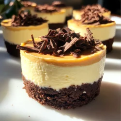 To make Chocolate Peanut Butter Cheesecake Cups, gather these simple ingredients: - 1 cup chocolate cookie crumbs - 4 tablespoons unsalted butter, melted - 1 cup cream cheese, softened - ½ cup creamy peanut butter - ½ cup powdered sugar - 1 teaspoon vanilla extract - 1 cup whipped cream (or whipped topping) - Chocolate shavings or chips for garnish These ingredients create a rich, creamy treat that satisfies any sweet tooth. Start with chocolate cookie crumbs for a tasty base. The melted butter helps bind the crumbs together. For the filling, cream cheese and peanut butter give that luscious texture. The powdered sugar adds sweetness, while vanilla extract brings flavor. Finally, whipped cream makes the filling light and fluffy. Don’t forget the chocolate shavings or chips! They add a nice touch on top. Each ingredient works together for a delightful dessert experience. To start, gather your chocolate cookie crumbs and melted butter. In a medium bowl, mix these two until the crumbs are fully coated. This will form a rich and tasty base. Next, divide the crumb mixture into eight small dessert cups or muffin liners. Press the mixture firmly down to create a solid crust. Make sure it is even and packed well. Now, it’s time to make the cheesecake filling. In a separate bowl, beat the softened cream cheese and creamy peanut butter together until smooth. You want a creamy texture without lumps. Slowly add the powdered sugar and vanilla extract to this mixture. Keep mixing until it is fully combined. Finally, gently fold in the whipped cream. This step will give your filling a light and fluffy texture. Spoon the peanut butter cheesecake mixture evenly over each cookie crust in the dessert cups. Use a spatula to smooth the tops, making them look nice. Once done, place the cups in the refrigerator and let them set for at least four hours. This waiting time allows the flavors to meld and the cheesecake to firm up, creating a perfect treat. To make the filling just right, start with soft cream cheese. This helps blend well with peanut butter. Mix until it is smooth and creamy. Lumps can ruin the texture, so blend carefully. For the cookie base, use a firm hand. After mixing the chocolate cookie crumbs with melted butter, press the mixture down tightly into the cups. This gives a strong base that holds together well. An even layer helps each bite taste great. For a fun touch, top your cheesecake cups with chocolate shavings or chips. They add a nice look and extra chocolate flavor. You can also try nuts, caramel, or even fruit for a twist. If you want something unique, consider crushed cookies or colorful sprinkles. These choices can change the look and taste, making your cups special. You can prepare these cups ahead of time. Make them the day before a party to save stress. Just keep them in the fridge until it’s time to serve. If you’re short on time, use store-bought whipped cream. It cuts down on mixing time and still tastes great. You can also use ready-made cookie crumbs to speed things up. {{image_2}} You can easily switch up the flavors in these cheesecake cups. For a nutty twist, try using different nut butters. Almond or cashew butter can add a unique taste. Just replace the peanut butter with your choice. You can also infuse your cheesecake with fun flavors like espresso or vanilla. A teaspoon of espresso powder will give it a rich kick. Or, add an extra splash of vanilla extract for a sweeter touch. These small changes can make a big difference! If you have dietary needs, you can still enjoy these treats. For gluten-free options, simply use gluten-free cookies for the crust. There are many tasty brands that work well. You can also make vegan cheesecake cups. Use a vegan cream cheese and a plant-based whipped topping. This way, everyone can savor the rich taste of chocolate and peanut butter. How you serve these cups can add a special touch. Presenting them in mason jars or elegant glasses makes for a fun display. It adds charm to any gathering or party. You can also create mini versions for bite-sized treats. Just use smaller cups or muffin liners. These mini cups are perfect for sharing. They let everyone enjoy a little taste without overindulging. To keep your cheesecake cups fresh, place them in the fridge. Use an airtight container or cover them tightly with plastic wrap. This method stops air from getting in and keeps them tasty for days. Ensure they are cooled completely before storing. Enjoy them cold for the best flavor! Yes, you can freeze these cheesecake cups! Freezing can be a great way to save leftovers. To freeze, wrap each cup tightly in plastic wrap. Then, put them in a freezer-safe container. This helps avoid freezer burn. When you want to eat them, move the cups to the fridge to thaw overnight. They will taste just as good! In the fridge, the cheesecake cups last about five days. After that, they may start to lose their flavor. Watch for signs of spoilage, like a sour smell or a change in color. If the whipped cream looks watery or the crust feels soggy, it’s best to toss them. Always trust your senses for safety! Yes, you can make these cheesecake cups a day or two ahead. This gives the flavors time to blend, making them even tastier. Just cover them well and store them in the fridge. This way, you can save time on the day you plan to serve them. To soften cream cheese, take it out of the fridge and let it sit at room temperature for about 30 minutes. If you’re in a hurry, you can cut it into small cubes. Place the cubes in a microwave-safe bowl and heat them in short bursts of 10-15 seconds. Check often to avoid melting. The goal is a smooth texture for mixing. Yes, you can substitute whipped cream with whipped topping or even Greek yogurt for a healthier twist. Just remember that using yogurt will change the flavor a bit. If you want a dairy-free option, there are coconut cream or almond-based whipped toppings available. These cheesecake cups are easy and fun to make. You mix chocolate cookie crumbs with butter to form the base. Then, you whip up a rich filling with cream cheese and peanut butter. Remember to chill them well before serving. Use our tips to add your favorite toppings or flavor twists. Whether it's a party or a treat for yourself, these cups will impress. Enjoy your new dessert and share it with friends!