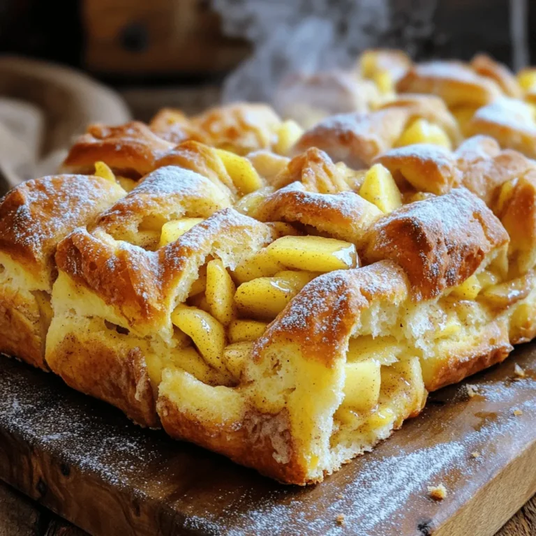 To make this tasty apple cinnamon pull apart bread, you will need the following ingredients: - 2 cups all-purpose flour - 2 tablespoons granulated sugar - 1 tablespoon baking powder - 1/2 teaspoon salt - 1/2 teaspoon cinnamon - 1 cup milk - 1/4 cup unsalted butter, melted - 1 large egg - 2 medium apples, peeled and chopped (preferably Granny Smith) - 1 tablespoon lemon juice - 1/4 cup brown sugar - 1 teaspoon ground cinnamon If you don’t have some ingredients, here are some easy swaps: - Flour: You can use whole wheat flour for a nutty taste. - Milk: Almond milk or oat milk works well if you want dairy-free. - Butter: Coconut oil or vegetable oil is a great substitute. - Apples: Any tart apple, like Honeycrisp or Fuji, can replace Granny Smith. - Sugar: You can use coconut sugar for a lower glycemic index. You will need a few tools to make this recipe easy and fun: - Mixing bowls: One for dry, one for wet. - Whisk: To mix the dry and wet ingredients. - Rolling pin: To flatten the dough. - Knife or pizza cutter: For cutting the dough into strips. - Loaf pan: To bake the pull apart bread. - Oven: For baking the bread to golden perfection. - Cooling rack: To let the bread cool before serving. First, peel and chop two medium apples. I like using Granny Smith apples for their tartness. Place the chopped apples in a bowl. Add one tablespoon of lemon juice to keep them fresh. Then, sprinkle in one-fourth cup of brown sugar and one teaspoon of ground cinnamon. Toss it all together. Let the apples sit while you make the dough. This helps them soak up the flavors. In a large bowl, combine two cups of all-purpose flour, two tablespoons of granulated sugar, one tablespoon of baking powder, half a teaspoon of salt, and half a teaspoon of cinnamon. Whisk these dry ingredients together. In another bowl, mix one cup of milk, one-fourth cup of melted unsalted butter, and one large egg. Stir until blended. Pour the wet mixture into the dry bowl. Mix gently until just combined. The dough should feel soft and a bit sticky. Flour a clean surface and turn out the dough. Knead it a few times, then roll it into a rectangle about half an inch thick. Cut the dough into strips, each about two inches wide. Stack these strips and then cut them into squares. Now it’s time to assemble! In a greased loaf pan, alternate layers of your dough squares and the marinated apple mixture. Keep stacking until you use all the dough and apples. Cover the loaf pan with a clean cloth. Let it rise in a warm spot for about 30 minutes. The dough should puff up a little. Preheat your oven to 350°F (175°C). When ready, bake the bread for 30 to 35 minutes. Check if it's done by inserting a toothpick. If it comes out clean, your bread is ready! To make pull-apart bread soft, use a gentle touch. Knead the dough lightly. Don’t overwork it. The dough should be slightly sticky. If it feels dry, add a splash of milk. Let it rise in a warm space. This helps the dough grow fluffy. Cover it with a cloth to keep it warm. It’s all about patience and care! When adding apples, keep them evenly spaced. Toss the chopped apples in lemon juice first. This adds flavor and keeps them fresh. Layer them between the dough cubes. Alternate layers for a nice mix. This gives each bite a sweet apple taste. Use Granny Smith apples for a nice tartness that balances the sweetness. Serve this bread warm for the best taste. Drizzle a simple icing made from powdered sugar and milk on top. It adds sweetness and looks pretty. You can also serve it with vanilla ice cream. The warm bread and cold ice cream create a yummy contrast. For a breakfast twist, pair it with coffee or hot cocoa. Enjoy each pull-apart piece for a cozy treat! {{image_2}} You can switch apples for other fruits. Pears work well, adding a soft texture. Cherries offer a tart bite. Berries, like blueberries or raspberries, bring a fresh flavor. Choose fruits that are not too watery. This keeps the bread from getting soggy. If you need a gluten-free version, swap all-purpose flour for a gluten-free blend. Make sure it has xanthan gum for binding. Use the same amount as the recipe states. Check that your baking powder is gluten-free too. This way, you enjoy the same pull-apart goodness without gluten. Enhance your bread with spices or flavors. Nutmeg adds warmth, while ginger brings a zing. You can try cardamom for an exotic touch. For a sweeter taste, mix in vanilla extract. Adding citrus zest, like orange or lemon, brightens the flavor. These tweaks make each bite exciting and unique. To keep your apple cinnamon pull apart bread fresh, wrap it tightly in plastic wrap. Place it in an airtight container or a zip-top bag. This method prevents air from getting in and drying the bread out. Store it at room temperature for up to three days. If you want to keep it longer, consider freezing it. When you want to enjoy your leftover bread, preheat your oven to 350°F (175°C). Remove the bread from the container and place it on a baking sheet. Heat it for about 10 to 15 minutes. This warms the bread and helps bring back its soft texture. You can also microwave individual slices for about 15 to 20 seconds. Just cover them with a damp paper towel to keep them moist. To freeze apple cinnamon pull apart bread, wrap it tightly in plastic wrap. Then, place it in a freezer-safe bag. This helps prevent freezer burn. You can freeze it for up to three months. When you want to thaw it, leave it in the fridge overnight. Reheat it in the oven or microwave when you're ready to enjoy it again. Yes, you can use other apples. Good choices are Honeycrisp, Fuji, or Braeburn. These apples add sweetness and flavor. Just remember, Granny Smith apples are tart, which balances the sweetness of the bread well. If you like a sweeter taste, pick a sweeter apple variety. Apple cinnamon pull apart bread lasts about 2 to 3 days at room temperature. Keep it in an airtight bag or container to keep it fresh. If you want it to last longer, store it in the fridge. It can last up to a week there. But I recommend eating it fresh for the best taste! This bread pairs nicely with many things! You can serve it warm with a scoop of vanilla ice cream. A drizzle of icing made from powdered sugar and milk works well too. You might also enjoy it with a cup of coffee or tea. It makes a great breakfast or a sweet snack. Yes, you can prepare the dough and apples ahead of time. Make the dough and chop the apples the night before. Store them in the fridge. In the morning, just assemble and bake. This saves time and makes it easy to enjoy fresh bread without much fuss! Apple cinnamon pull apart bread is a tasty treat you can share or enjoy alone. We covered the key ingredients, helpful tools, and step-by-step instructions. I shared tips for soft bread and ways to mix things up with fruits or spices. You’ve also learned how to store leftovers and reheat them well. Try making this recipe with your favorite twists. You’ll create a delightful bread that everyone will love! Enjoy baking and sharing this warm, sweet treat with friends and family.
