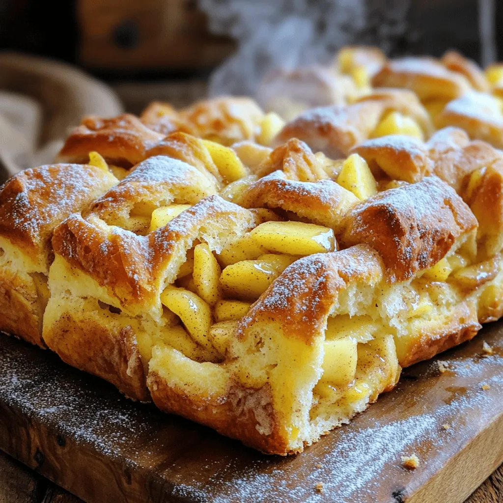 To make this tasty apple cinnamon pull apart bread, you will need the following ingredients: - 2 cups all-purpose flour - 2 tablespoons granulated sugar - 1 tablespoon baking powder - 1/2 teaspoon salt - 1/2 teaspoon cinnamon - 1 cup milk - 1/4 cup unsalted butter, melted - 1 large egg - 2 medium apples, peeled and chopped (preferably Granny Smith) - 1 tablespoon lemon juice - 1/4 cup brown sugar - 1 teaspoon ground cinnamon If you don’t have some ingredients, here are some easy swaps: - Flour: You can use whole wheat flour for a nutty taste. - Milk: Almond milk or oat milk works well if you want dairy-free. - Butter: Coconut oil or vegetable oil is a great substitute. - Apples: Any tart apple, like Honeycrisp or Fuji, can replace Granny Smith. - Sugar: You can use coconut sugar for a lower glycemic index. You will need a few tools to make this recipe easy and fun: - Mixing bowls: One for dry, one for wet. - Whisk: To mix the dry and wet ingredients. - Rolling pin: To flatten the dough. - Knife or pizza cutter: For cutting the dough into strips. - Loaf pan: To bake the pull apart bread. - Oven: For baking the bread to golden perfection. - Cooling rack: To let the bread cool before serving. First, peel and chop two medium apples. I like using Granny Smith apples for their tartness. Place the chopped apples in a bowl. Add one tablespoon of lemon juice to keep them fresh. Then, sprinkle in one-fourth cup of brown sugar and one teaspoon of ground cinnamon. Toss it all together. Let the apples sit while you make the dough. This helps them soak up the flavors. In a large bowl, combine two cups of all-purpose flour, two tablespoons of granulated sugar, one tablespoon of baking powder, half a teaspoon of salt, and half a teaspoon of cinnamon. Whisk these dry ingredients together. In another bowl, mix one cup of milk, one-fourth cup of melted unsalted butter, and one large egg. Stir until blended. Pour the wet mixture into the dry bowl. Mix gently until just combined. The dough should feel soft and a bit sticky. Flour a clean surface and turn out the dough. Knead it a few times, then roll it into a rectangle about half an inch thick. Cut the dough into strips, each about two inches wide. Stack these strips and then cut them into squares. Now it’s time to assemble! In a greased loaf pan, alternate layers of your dough squares and the marinated apple mixture. Keep stacking until you use all the dough and apples. Cover the loaf pan with a clean cloth. Let it rise in a warm spot for about 30 minutes. The dough should puff up a little. Preheat your oven to 350°F (175°C). When ready, bake the bread for 30 to 35 minutes. Check if it's done by inserting a toothpick. If it comes out clean, your bread is ready! To make pull-apart bread soft, use a gentle touch. Knead the dough lightly. Don’t overwork it. The dough should be slightly sticky. If it feels dry, add a splash of milk. Let it rise in a warm space. This helps the dough grow fluffy. Cover it with a cloth to keep it warm. It’s all about patience and care! When adding apples, keep them evenly spaced. Toss the chopped apples in lemon juice first. This adds flavor and keeps them fresh. Layer them between the dough cubes. Alternate layers for a nice mix. This gives each bite a sweet apple taste. Use Granny Smith apples for a nice tartness that balances the sweetness. Serve this bread warm for the best taste. Drizzle a simple icing made from powdered sugar and milk on top. It adds sweetness and looks pretty. You can also serve it with vanilla ice cream. The warm bread and cold ice cream create a yummy contrast. For a breakfast twist, pair it with coffee or hot cocoa. Enjoy each pull-apart piece for a cozy treat! {{image_2}} You can switch apples for other fruits. Pears work well, adding a soft texture. Cherries offer a tart bite. Berries, like blueberries or raspberries, bring a fresh flavor. Choose fruits that are not too watery. This keeps the bread from getting soggy. If you need a gluten-free version, swap all-purpose flour for a gluten-free blend. Make sure it has xanthan gum for binding. Use the same amount as the recipe states. Check that your baking powder is gluten-free too. This way, you enjoy the same pull-apart goodness without gluten. Enhance your bread with spices or flavors. Nutmeg adds warmth, while ginger brings a zing. You can try cardamom for an exotic touch. For a sweeter taste, mix in vanilla extract. Adding citrus zest, like orange or lemon, brightens the flavor. These tweaks make each bite exciting and unique. To keep your apple cinnamon pull apart bread fresh, wrap it tightly in plastic wrap. Place it in an airtight container or a zip-top bag. This method prevents air from getting in and drying the bread out. Store it at room temperature for up to three days. If you want to keep it longer, consider freezing it. When you want to enjoy your leftover bread, preheat your oven to 350°F (175°C). Remove the bread from the container and place it on a baking sheet. Heat it for about 10 to 15 minutes. This warms the bread and helps bring back its soft texture. You can also microwave individual slices for about 15 to 20 seconds. Just cover them with a damp paper towel to keep them moist. To freeze apple cinnamon pull apart bread, wrap it tightly in plastic wrap. Then, place it in a freezer-safe bag. This helps prevent freezer burn. You can freeze it for up to three months. When you want to thaw it, leave it in the fridge overnight. Reheat it in the oven or microwave when you're ready to enjoy it again. Yes, you can use other apples. Good choices are Honeycrisp, Fuji, or Braeburn. These apples add sweetness and flavor. Just remember, Granny Smith apples are tart, which balances the sweetness of the bread well. If you like a sweeter taste, pick a sweeter apple variety. Apple cinnamon pull apart bread lasts about 2 to 3 days at room temperature. Keep it in an airtight bag or container to keep it fresh. If you want it to last longer, store it in the fridge. It can last up to a week there. But I recommend eating it fresh for the best taste! This bread pairs nicely with many things! You can serve it warm with a scoop of vanilla ice cream. A drizzle of icing made from powdered sugar and milk works well too. You might also enjoy it with a cup of coffee or tea. It makes a great breakfast or a sweet snack. Yes, you can prepare the dough and apples ahead of time. Make the dough and chop the apples the night before. Store them in the fridge. In the morning, just assemble and bake. This saves time and makes it easy to enjoy fresh bread without much fuss! Apple cinnamon pull apart bread is a tasty treat you can share or enjoy alone. We covered the key ingredients, helpful tools, and step-by-step instructions. I shared tips for soft bread and ways to mix things up with fruits or spices. You’ve also learned how to store leftovers and reheat them well. Try making this recipe with your favorite twists. You’ll create a delightful bread that everyone will love! Enjoy baking and sharing this warm, sweet treat with friends and family.
