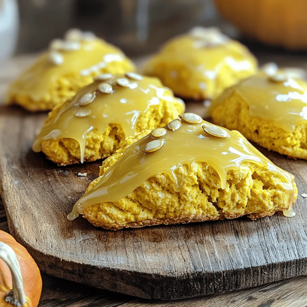 To make these tasty maple glazed pumpkin scones, gather the following ingredients: - 2 cups all-purpose flour - 1/2 cup brown sugar, packed - 1 tablespoon baking powder - 1/2 teaspoon baking soda - 1/2 teaspoon ground cinnamon - 1/4 teaspoon ground nutmeg - 1/4 teaspoon ground ginger - 1/2 teaspoon salt - 1/2 cup unsalted butter, chilled and cubed - 1/2 cup pumpkin puree (canned or fresh) - 1/4 cup milk - 1 large egg - 1 teaspoon vanilla extract - 1/2 cup powdered sugar - 2 tablespoons maple syrup Each ingredient plays a key role in flavor and texture. The flour gives structure. Brown sugar adds sweetness and moisture. Baking powder and baking soda help the scones rise. Spices like cinnamon, nutmeg, and ginger bring warmth, perfect for fall. Salt balances the sweetness. For the wet ingredients, butter gives richness. Pumpkin puree provides moisture and a lovely flavor. Milk helps bind the dough, while the egg adds structure. Vanilla extract enhances the overall taste. Finally, the maple glaze adds a sweet, sticky finish. It’s simple to make and takes these scones to the next level. Just whisk the powdered sugar and maple syrup together until smooth. Drizzle it over the scones for a beautiful touch. These ingredients come together to create a delicious treat. You’ll love how easy these scones are to make. Happy baking! - Preheat your oven to 400°F (200°C). - Line a baking sheet with parchment paper. - In a large bowl, combine the dry ingredients: flour, brown sugar, baking powder, baking soda, cinnamon, nutmeg, ginger, and salt. - Add chilled, cubed butter to the dry mix. Use your fingers or a pastry cutter to blend until it looks like coarse crumbs. - In a separate bowl, mix the wet ingredients: pumpkin puree, milk, egg, and vanilla extract. Stir until smooth. - Pour the wet mix into the dry mix. Stir gently until just combined. It's okay if there are a few lumps; don't over-mix! - Turn the dough onto a floured surface. Pat it into a circle about 1 inch thick. - Cut into 8 wedges like a pizza, or use a biscuit cutter for round shapes. - Place the shaped scones on the lined baking sheet. Space them about 2 inches apart. - Bake in the preheated oven for 15-20 minutes. They should be golden, and a toothpick should come out clean when inserted. - While the scones cool, whisk together powdered sugar and maple syrup in a bowl. Mix until smooth. - Drizzle the glaze over the cooled scones. Let it drip down the sides for a nice look. - Do not over-mix the dough. This makes the scones tough. You want them light and fluffy. - Ensure ingredients are at the right temperatures. Cold butter helps create flaky layers. - Consider adding extras like chocolate chips or nuts. They add fun and crunch. - Experiment with different spices. Try cardamom or allspice for a unique taste. - Use chilled butter for flaky scones. Cold butter melts slowly while baking, creating steam. - Pat dough gently to maintain airiness. This helps keep the scones soft. These tips will help you create the best maple glazed pumpkin scones. Enjoy the process! {{image_2}} You can make these pumpkin scones gluten-free. Just swap the all-purpose flour with a gluten-free blend. This change keeps the texture light and fluffy. Feel free to get creative with flavors. You can add cranberries or pecans for extra crunch. These add a fun twist to the scone. Another option is to replace the pumpkin with sweet potato puree. This gives a different taste while keeping it moist. You can change the spices for different seasons. For fall, use cinnamon and nutmeg. For winter, try allspice or cardamom. These spices will make your scones festive and fun for holidays. You can store your scones in an airtight container. Keep them at room temperature for up to 3 days. This keeps them fresh and tasty. For long-term storage, freeze the unglazed scones. They last up to 3 months in the freezer. When you're ready to enjoy, remember to thaw them completely before glazing. This ensures the glaze sticks well. To reheat your scones, the oven is best for texture. Preheat the oven to 350°F (175°C) and warm them for about 5-10 minutes. If you need a quick method, you can use the microwave. Heat them for about 20-30 seconds. Just be careful not to overheat, or they may get tough. Yes, you can refrigerate the dough for a few hours before baking. This helps the flavors blend. It also makes the dough easier to handle. Just wrap it well in plastic wrap. When ready to bake, let it sit at room temperature for about 15 minutes. This will soften it a bit, making it easier to shape. You can use applesauce or other purees in a pinch. Applesauce adds moisture and sweetness. You could also use butternut squash puree or even mashed bananas. Each option will change the flavor slightly, but they all work well. They should be lightly golden on top, and a toothpick should come out clean. If the toothpick has wet dough on it, give them a few more minutes. Baking times can vary by oven, so keep an eye on them. Perfectly baked scones should be soft inside and have a nice crust outside. You now have all you need to make perfect pumpkin scones. With simple dry and wet ingredients, plus a glaze, you can create tasty treats. Remember to avoid over-mixing for that flaky texture. Consider fun variations to keep things fresh. Store your scones properly for long-lasting flavor. Enjoy making these delicious scones, and share your results with friends and family. Happy baking!