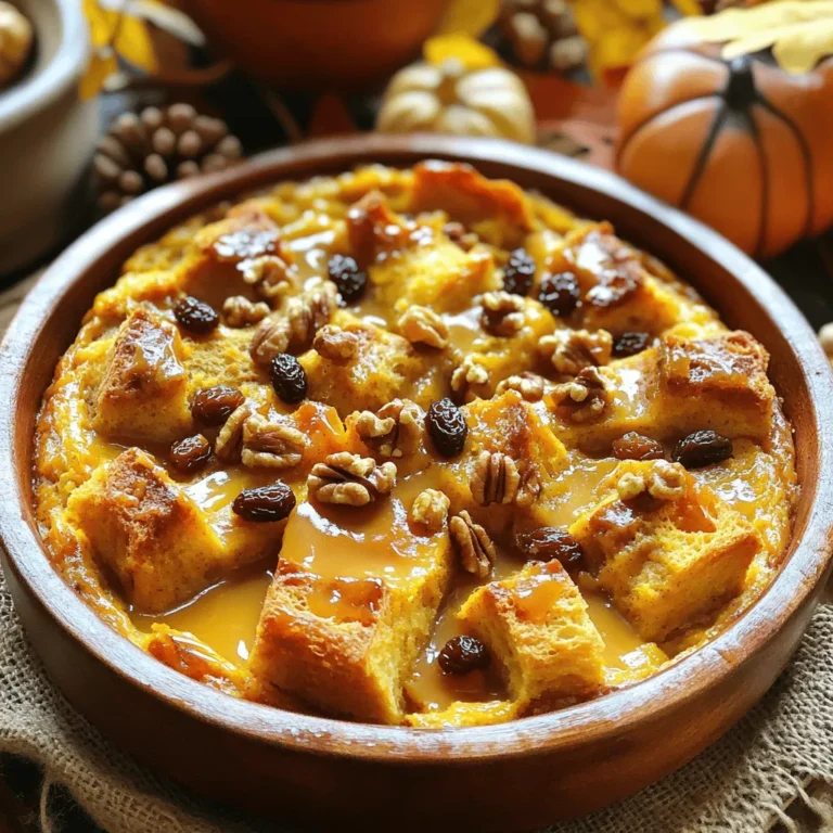 To make Slow Cooker Pumpkin Spice Bread Pudding, gather these key items: - 6 cups of stale bread (like French or challah), cubed - 1 cup pumpkin puree - 1 cup heavy cream - 2 cups milk - 3 large eggs - 3/4 cup brown sugar - 1 tablespoon vanilla extract - 2 teaspoons pumpkin pie spice - 1/2 teaspoon ground cinnamon - 1/4 teaspoon salt You can enhance your bread pudding with these tasty add-ins: - 1/2 cup chopped walnuts or pecans - 1/2 cup raisins or cranberries Choose your bread wisely. Stale bread works best. It soaks up the liquid well. Fresh bread can turn mushy. Look for bread with a sturdy texture. French bread and challah are great choices. You can also mix different types for a unique flavor. Don't hesitate to try whole grain or brioche for more depth. Start by greasing the slow cooker. Use butter or non-stick spray. This step helps the pudding not stick. Make sure to cover the bottom and sides well. A properly greased pot ensures easy serving later. In a large bowl, whisk together the wet ingredients. Combine 1 cup of pumpkin puree, 1 cup of heavy cream, and 2 cups of milk. Next, add 3 large eggs, 3/4 cup of brown sugar, and 1 tablespoon of vanilla extract. Then, mix in 2 teaspoons of pumpkin pie spice, 1/2 teaspoon of ground cinnamon, and 1/4 teaspoon of salt. Whisk until everything blends nicely. This mix adds flavor to your bread pudding. Now, add the cubed stale bread to the bowl. You should have about 6 cups of bread cubes ready. Gently fold the bread into the pumpkin mixture. Make sure the bread gets coated well. If you want, fold in 1/2 cup of chopped nuts or 1/2 cup of raisins or cranberries. These add fun textures and tastes. Pour the entire mixture into your prepared slow cooker. Spread it out evenly so it cooks nicely. Cover the slow cooker with the lid. Cook on low for 4 to 5 hours. Check for doneness by inserting a knife into the center. It should come out clean when done. Once finished, turn off the slow cooker. Let it cool slightly before serving. Enjoy it warm with a drizzle of caramel sauce or maple syrup! To get a creamy texture, use heavy cream and milk. Mixing them well with pumpkin puree is key. Make sure to whisk the eggs with these liquids. This helps bind everything together. If you want extra creaminess, add more heavy cream. Avoid overcooking your pudding; a slow cooker works best on low heat. If your bread pudding looks too dry, add a splash of milk before serving. Slow cooking is all about patience. Always grease your slow cooker to prevent sticking. Layer your bread evenly in the mixture to ensure even cooking. Cover the slow cooker tightly to keep moisture in. Check on your pudding after four hours. A knife should come out clean when it’s done. If not, give it more time. Cooking too fast can ruin the texture. Serve the pudding warm for the best taste. A drizzle of caramel sauce adds sweetness. You can also top it with whipped cream or ice cream. For a crunchy twist, sprinkle some chopped nuts. A side of fresh fruit balances the sweetness. Enjoy your delicious creation with family and friends! {{image_2}} You can add chocolate chips for a sweet twist. Use about 1 cup of semi-sweet or dark chocolate chips. Fold them into the bread mixture before cooking. The warm chocolate melts and mixes with the pumpkin. This variation makes it rich and fun for kids! If you want a nut-free treat, just skip the nuts. You can still enjoy the great flavor. Add more raisins or cranberries instead. This keeps the texture nice and gives a burst of sweetness. You can also use seeds, like pumpkin or sunflower, for crunch. To make this recipe dairy-free, swap out the heavy cream and milk. Use coconut milk or almond milk in equal amounts. For the eggs, try flax eggs or a commercial egg replacer. The spices and pumpkin flavor still shine through. This way, everyone can enjoy a slice! To keep your pumpkin spice bread pudding fresh, store it in an airtight container. Let it cool completely before sealing. Place it in the fridge. It stays good for about 3-4 days. If you want to enjoy it later, follow the freezing tips below. You can freeze the bread pudding to enjoy it later. Cut it into portions for easy thawing. Wrap each piece tightly in plastic wrap. Then, place the wrapped pieces in a freezer-safe bag. This way, it lasts up to 2-3 months. When you're ready to eat, just thaw it in the fridge overnight. To reheat bread pudding, you can use an oven or microwave. For the oven, preheat it to 350°F (175°C). Place the pudding in a baking dish, cover it with foil, and heat for about 20 minutes. For the microwave, put a piece on a plate and heat for 30-60 seconds. Add a splash of milk if it seems dry. Enjoy it warm, and don’t forget that drizzle of caramel or maple! Yes, you can use fresh bread. However, stale bread works better. Stale bread soaks up the mixture more. This gives a nice, soft texture. Fresh bread may not absorb as much liquid. If you use fresh bread, cut it into smaller pieces. Let it sit out for a few hours to dry. To check if the bread pudding is done, insert a knife into the center. If it comes out clean, the pudding is ready. The edges should look set but the center can be a bit jiggly. It will firm up as it cools. Cooking time is usually 4-5 hours on low. Yes, you can make this recipe vegan. Substitute the eggs with flax eggs. Mix one tablespoon of flaxseed meal with three tablespoons of water for each egg. Use coconut milk or almond milk instead of regular milk. Replace heavy cream with coconut cream. This will keep the rich flavor and texture. To make a great bread pudding, choose fresh ingredients and follow each step. Start by picking the right bread and add in your favorites. Slow cooking creates a soft, creamy texture. Remember the tips for storing and reheating leftovers to enjoy later. Whether you like chocolate chip or go nut-free, you can enjoy many versions. With these ideas, you can impress your family and friends. Bread pudding is simple, tasty, and fun to make. Enjoy your baking adventure!