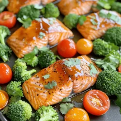 - 4 salmon fillets (about 6 oz each) - 1/4 cup honey - 3 tablespoons soy sauce (low sodium preferred) - 2 tablespoons Dijon mustard - 2 cloves garlic, minced - 1 tablespoon fresh ginger, grated - 1 tablespoon olive oil - Salt and pepper to taste The main ingredients bring great flavor to the dish. Salmon fillets are rich in healthy fats and protein. Honey adds sweetness, while soy sauce gives depth. Dijon mustard adds a slight tang that balances well. Garlic and ginger provide a warm, aromatic touch. - 1 cup broccoli florets - 1 cup baby carrots, halved - 1 cup cherry tomatoes, halved Adding vegetables not only boosts nutrition but also adds color. Broccoli florets are crunchy and healthy. Baby carrots bring sweetness and earthiness. Cherry tomatoes add juiciness and a burst of flavor. Together, they roast well alongside the salmon. - Fresh cilantro - Fresh parsley Garnishes enhance the dish's look and taste. Fresh cilantro adds a bright, herbaceous note. Fresh parsley offers a mild flavor. You can use one or both to finish the dish. They make your meal feel gourmet and special. First, set your oven to 400°F (200°C). This high heat cooks the salmon perfectly. Next, grab a large baking sheet. Line it with parchment paper. This makes cleanup easy and helps prevent sticking. In a small bowl, combine the honey, soy sauce, Dijon mustard, minced garlic, grated ginger, and olive oil. Whisk until everything blends well. This glaze gives the salmon a sweet and savory taste that you will love. Now, take the salmon fillets. Place them skin-side down on one side of the baking sheet. Sprinkle salt and pepper on top for flavor. With a brush or spoon, coat the fillets with your honey glaze. Save some glaze for later. On the other side of the baking sheet, arrange broccoli florets, halved baby carrots, and cherry tomatoes. Drizzle olive oil over the veggies and sprinkle them with salt and pepper. Toss them so they get coated evenly. Bake everything in the oven for about 15 to 18 minutes. The salmon should be cooked through and flake easily with a fork. The veggies will become tender and caramelized. If you want a nice finish, broil the salmon for an extra 2 to 3 minutes. Watch carefully so it doesn't burn. When done, take it out and drizzle any leftover honey glaze over the salmon and veggies. Enjoy your meal! To avoid overcooking, keep an eye on your salmon. Bake it for 15 to 18 minutes. Salmon is done when it flakes easily with a fork. You can also check the internal temperature. It should reach 145°F (63°C). If you want a nice caramelized finish, broil it for 2 to 3 minutes. You can add more spices for extra flavor. Try garlic powder, smoked paprika, or black pepper. Fresh herbs like thyme or dill also work well. If you prefer a sweeter glaze, add more honey. You can balance the sweetness with a splash of lemon juice. Using parchment paper makes cleanup simple. It prevents sticking and saves time. If you face sticky residue, try soaking the pan in warm, soapy water. A gentle scrub with a sponge can help. For tough spots, baking soda is a great scrub. {{image_2}} You can switch the salmon for other proteins. Try chicken or tofu. Adjust cooking times: - Chicken: Bake for 25-30 minutes until it reaches 165°F. - Tofu: Bake for 20-25 minutes. Use firm or extra-firm tofu. For veggies, feel free to mix it up. Use different choices like: - Zucchini, cut into rounds. - Bell peppers, sliced. - Asparagus, trimmed. Want more kick? Add chili flakes for heat. Just a pinch can change the dish. For a bright taste, try citrus. Squeeze fresh lemon or lime over the salmon. Or add zest to the glaze. You can grill your salmon instead of baking. Heat your grill to medium-high. Cook the salmon for about 5-6 minutes per side. Another option is to use a non-stick sauté pan. Heat over medium heat. Cook the salmon for 4-5 minutes per side. This gives you crispy edges. Store your leftover honey glazed salmon in an airtight container. This keeps it fresh. Refrigerate it within two hours of cooking. The salmon will stay good for up to three days. To reheat, use the oven or a skillet. Preheat your oven to 350°F. Place the salmon on a baking sheet. Cover it with foil to keep it moist. Heat for about 10 minutes. In a skillet, use low heat for about 5 minutes. Make sure the salmon reaches 145°F. For freezing, separate the salmon and vegetables. Wrap the salmon in plastic wrap, then foil. Store the veggies in a freezer bag. They can last for up to three months. To thaw, place them in the fridge overnight. You can also use the microwave's defrost setting. You can enjoy honey glazed salmon with several tasty sides. Here are some great options: - Rice: Jasmine or basmati rice works well. - Quinoa: A healthy, nutty grain to complement the dish. - Roasted Potatoes: Crispy and buttery potatoes add richness. - Green Salad: A fresh salad with greens and a light dressing. - Steamed Asparagus: Bright and crisp, it balances the meal. These sides enhance the flavor of the salmon and create a full meal. Yes, you can use frozen salmon. Here are some tips for cooking it: - Thaw First: For best results, thaw salmon in the fridge overnight. - Cook from Frozen: If you’re short on time, you can cook it frozen. Add 5-10 minutes to the baking time. - Check for Ice Crystals: Ensure there are no ice crystals before cooking. Using frozen salmon saves time and is still quite tasty. To check if salmon is done, use a food thermometer. The internal temperature should reach 145°F (63°C). Here’s how to check: - Flake Test: Use a fork to see if it flakes easily. - Color Check: The flesh should be opaque and pink in color. These methods ensure your salmon is safe and delicious. Honey glazed salmon is an easy and delicious dish. You can customize it with various vegetables and garnishes. We covered essential ingredients, step-by-step cooking instructions, and storage tips. Perfectly cooked salmon gives you a tasty meal every time. Experiment with swaps and flavors to make it your own. Enjoy making this dish for yourself or to share. It’s a simple recipe that can impress anyone at your table.