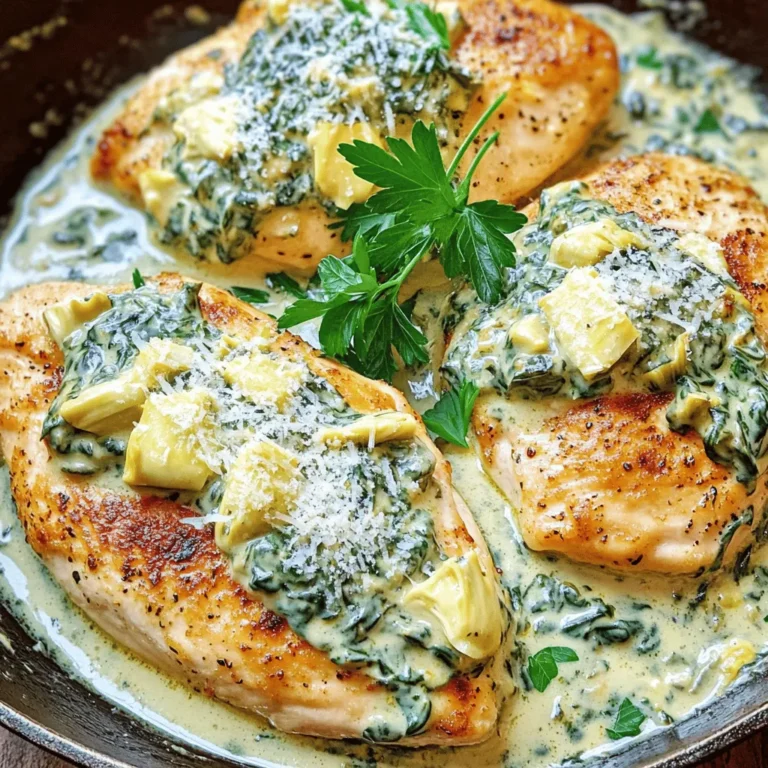 - 4 boneless, skinless chicken breasts - 1 cup fresh spinach, chopped - 1 cup canned artichoke hearts, drained and chopped - 1 cup cream cheese, softened - 1/2 cup sour cream - 1/2 cup grated Parmesan cheese - 1 tablespoon olive oil - Salt and pepper to taste - 1 teaspoon garlic powder - 1 teaspoon onion powder - 1 teaspoon lemon juice - 1/2 teaspoon crushed red pepper flakes (optional) - Fresh parsley, for garnish For sides, I recommend rice or pasta. They soak up the tasty sauce well. Fresh lemon juice adds a bright touch when you serve it. A sprinkle of parsley on top gives a nice color contrast. This makes the dish more appealing and fresh. 1. Start by preheating your oven to 375°F (190°C). This step ensures that your dish cooks evenly. 2. Take 4 boneless, skinless chicken breasts. Drizzle 1 tablespoon of olive oil over them. Season with salt and pepper. Make sure to coat them well. 3. Heat a large oven-safe skillet over medium-high heat. Place the seasoned chicken breasts in the skillet. Sear them for about 3-4 minutes on each side. The chicken should look golden brown. 4. Once seared, remove the chicken from the skillet and set it aside. This helps keep the chicken juicy. 1. In the same skillet, reduce the heat to medium. Add 1 cup of chopped fresh spinach and 1 cup of drained, chopped artichoke hearts. Sauté for 2-3 minutes. The spinach should wilt nicely. 2. In a mixing bowl, combine 1 cup of softened cream cheese, 1/2 cup of sour cream, and 1/2 cup of grated Parmesan cheese. 3. Add 1 teaspoon of garlic powder, 1 teaspoon of onion powder, and 1 teaspoon of lemon juice to the bowl. If you like a kick, add 1/2 teaspoon of crushed red pepper flakes. Mix everything until smooth and creamy. 1. Pour the creamy mixture into the skillet with the spinach and artichokes. Stir well to combine. Let it cook for 2 minutes. This helps all the flavors meld together. 2. Return the seared chicken breasts to the skillet. Make sure they are well-coated in the creamy sauce. 3. Transfer the skillet to the preheated oven. Bake for 20-25 minutes. The chicken should reach an internal temperature of 165°F (75°C). 4. Once done, take the skillet out and garnish with fresh parsley before serving. Enjoy your delicious creamy spinach artichoke chicken! - To ensure chicken is cooked properly, use a meat thermometer. The internal temperature should reach 165°F (75°C). - Avoid overcooking the sauce by stirring it gently. Heat it on low and watch closely. - For extra flavor, add herbs like thyme or basil. These herbs pair well with the creamy sauce. - Try using different types of cheese. Feta or mozzarella can add unique tastes to the dish. - Get creative with serving ideas. You can serve the chicken with rice or pasta. Both soak up the sauce nicely. - Pair the dish with fresh vegetables or a green salad. This adds color and crunch to your meal. {{image_2}} You can make this dish lighter by using low-fat cream cheese and sour cream. Both will keep the creamy texture while cutting some calories. If you want to save time, use frozen spinach or artichokes. Just make sure to thaw and drain them well before cooking. This way, you still get great flavor without the fuss. For a gluten-free option, check that all your ingredients are gluten-free. Most brands of cream cheese and sour cream are safe. If you're looking for a vegetarian version, switch the chicken for firm tofu or portobello mushrooms. Just sauté them as you would the chicken, and enjoy a hearty meal. Want to mix things up? Try adding sun-dried tomatoes or olives for a burst of flavor. They add a nice tang and richness. If you love heat, toss in some jalapeños. This spicy twist will make your creamy spinach artichoke chicken even more exciting. Store leftover creamy spinach artichoke chicken in an airtight container. Place it in the fridge right away. It stays fresh for about 3 to 4 days. To keep the dish tasting great, avoid leaving it at room temperature for too long. You can freeze the chicken for longer storage. Use freezer-safe containers or bags. Ensure to remove as much air as possible. It will stay good for about 2 to 3 months. When ready to eat, thaw it in the fridge overnight. Reheat it in the oven at 350°F (175°C) until warm. This helps maintain its creamy texture. You can prepare this dish in advance for busy days. Cook the chicken and sauce, then cool them. Store each component separately. This keeps the chicken juicy and the sauce fresh. When ready to eat, simply reheat the chicken and sauce together for a quick meal. What can I substitute for cream cheese? You can use Greek yogurt or ricotta cheese. Both add creaminess and flavor. If you prefer a lower-fat option, try cottage cheese blended until smooth. Is this dish suitable for meal prep? Yes, this dish is great for meal prep. It stays tasty in the fridge for up to four days. Just store it in airtight containers for best results. How do I know when the chicken is fully cooked? Check the internal temperature with a meat thermometer. It should reach 165°F (75°C). The chicken will also look white and no longer pink inside. Can I make this recipe in a slow cooker? Yes, you can! Cook the seasoned chicken on low for 4-6 hours. Then add the creamy mixture and cook for an extra hour. What should I serve with creamy spinach artichoke chicken? This dish pairs well with rice or pasta. A fresh salad or steamed veggies also makes a nice side. Can I use this sauce with other proteins? Absolutely! This creamy sauce works well with shrimp, pork, or even tofu. Just adjust cooking times to ensure everything cooks through. This article shows you how to make a creamy spinach artichoke chicken dish. We covered the main ingredients, step-by-step instructions, and helpful tips. You learned about variations and storage info too. In the end, this dish is not just tasty, but also flexible. You can adapt it to fit your needs. Enjoy this recipe with friends and family; it’s sure to impress!