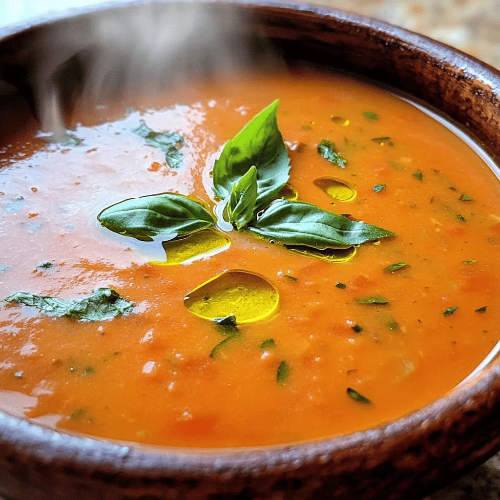 To create a delicious creamy tomato basil soup, you'll need the following ingredients: - 2 cans (14 oz each) diced tomatoes with herbs - 1 medium onion, chopped - 3 cloves garlic, minced - 1 cup vegetable broth - 1 cup heavy cream or coconut cream - 1 tablespoon sugar - 1 teaspoon dried basil or 1/4 cup fresh basil, chopped - Salt and pepper to taste - 2 tablespoons olive oil - Fresh basil leaves for garnish You can easily swap some ingredients if needed. Here are some ideas: - Use crushed tomatoes instead of diced tomatoes for a smoother texture. - Swap vegetable broth for chicken broth for a richer flavor. - Coconut cream works well for a dairy-free option. - If you have no fresh basil, dried basil still adds great taste. - Honey can replace sugar if you prefer a natural sweetener. Choosing the right ingredients makes your soup shine. Here are some tips: - Opt for high-quality canned tomatoes. Look for brands that use whole tomatoes. - Fresh herbs give your soup a vibrant taste. If you can, always use fresh basil. - Check the expiration dates on your broth and cream. Fresh ingredients make a big difference. - For the best flavor, use low-sodium broth. This allows you to control the saltiness. - Olive oil should be extra virgin for the finest taste and health benefits. First, gather all your ingredients. You will need: - 2 cans (14 oz each) diced tomatoes with herbs - 1 medium onion, chopped - 3 cloves garlic, minced - 1 cup vegetable broth - 1 cup heavy cream or coconut cream - 1 tablespoon sugar - 1 teaspoon dried basil or 1/4 cup fresh basil, chopped - Salt and pepper to taste - 2 tablespoons olive oil - Fresh basil leaves for garnish Start by heating the olive oil in a skillet over medium heat. Add the chopped onion and cook until it looks clear, about 5 minutes. Next, add the minced garlic and cook for another 1-2 minutes. This step brings a great smell to your kitchen. Once done, move the onion and garlic mix to the slow cooker. Pour in the diced tomatoes, including their juices, and the vegetable broth. Then, add the sugar, dried basil or fresh basil, salt, and pepper. Mix it all well. This is where the flavors start to blend. Now, cover your slow cooker and set it to cook. You have two options here. Cook on low for 4 hours or set it on high for 2 hours. The slow cooking will let the flavors deepen. You can check it lightly during cooking, but don’t open the lid too much. After the cooking time, it’s time to blend. Use an immersion blender right in the slow cooker for easy cleanup. If you don’t have one, you can carefully transfer the soup to a blender in batches. Blend until it is smooth and creamy. Next, stir in the heavy cream or coconut cream. Let it warm for another 10-15 minutes on low heat. This final step makes your soup rich and creamy. Adjust the seasoning if needed. Serve hot and garnish with fresh basil leaves for that extra touch. Enjoy the delightful flavors of your creamy tomato basil soup! To make your soup shine, focus on fresh ingredients. Use fresh basil when you can. It adds a bright flavor that dried herbs can't match. Sautéing the onion and garlic first helps bring out their sweetness. This step makes your soup rich and tasty. Add a splash of lemon juice. It brightens the soup and balances the flavors. For a twist, try adding a pinch of red pepper flakes. This adds warmth without too much heat. Taste as you go. Adjust salt and pepper to fit your flavor. To make the soup creamier, use heavy cream or coconut cream. If you want a lighter soup, use less cream. Blend until smooth for a silky texture. If you prefer a chunkier soup, blend only half. This gives you a mix of smooth and chunky bits. If the soup feels too thick, add more vegetable broth. For a thicker soup, blend in a bit of cooked potato. This adds creaminess without extra fat. Remember, blending hot soup can splash. Use an immersion blender for safety. One common mistake is not cooking the onion enough. If it’s not translucent, your soup might taste harsh. Another mistake is skipping the sauté step. This will skip the flavor boost you need. Be careful with salt. Too much can ruin your soup. Start with a little, then taste and adjust. Lastly, don’t skip the cream at the end. It adds the final touch of richness. Enjoy your cooking! {{image_2}} You can easily make this soup vegan. Swap heavy cream for coconut cream. Use vegetable broth to keep it plant-based. You can also add a splash of almond milk for creaminess. This way, you enjoy the same rich flavor without dairy. Want to make it heartier? Add proteins like cooked lentils or chickpeas. These will boost nutrition and flavor. You can also mix in veggies, like spinach or zucchini. They add color and health benefits. Just chop them small so they cook well in the slow cooker. Feel free to get creative with flavors! Add a pinch of red pepper flakes for a kick. A splash of balsamic vinegar can add depth. You can also throw in fresh herbs, like parsley or thyme. These custom add-ins make your soup unique and tasty. After making your creamy tomato basil soup, you want to store it right. Let it cool to room temperature first. Use an airtight container to keep it fresh. This soup lasts about 3 to 5 days in the fridge. Label your container with the date so you know when it was made. When you're ready to enjoy your soup again, reheat it on the stove. Pour the soup into a pot and heat it over low to medium heat. Stir often to avoid sticking. You can also use a microwave. Heat it in a microwave-safe bowl in 30-second bursts, stirring in between. Make sure it’s hot all the way through before serving. If you want to save some for later, freezing works well. Use a freezer-safe container. Leave some space at the top, as the soup will expand when frozen. It can last up to 3 months in the freezer. To thaw, move it to the fridge overnight. You can also thaw it in a pot over low heat, stirring often. After thawing, reheat it as described above. Enjoy your delicious soup even days later! You can use coconut cream for a dairy-free option. It gives a nice richness. If you prefer a lighter choice, try whole milk or half-and-half. These substitutes can change the flavor a bit but will still taste great. Just remember to adjust the seasoning to match your choice. This soup lasts about 3 to 4 days in the fridge. Make sure to store it in a sealed container. If you notice any change in smell or color, it’s best to toss it. You want to enjoy every bowl fresh and tasty! Yes, you can make this soup ahead! It actually tastes even better after resting. Just make sure to cool it before saving. You can blend and add the cream later, right before serving. This way, you get a fresh and creamy taste every time. In this blog post, we explored the key ingredients and how to prepare them. You learned about swaps for ingredients and tips for choosing quality items. We covered step-by-step instructions for cooking in a slow cooker and blending your dish. You also discovered ways to enhance flavor and avoid common mistakes. Finally, we discussed storage techniques and answered some frequently asked questions. Now, you have the tools to make a creamy tomato basil soup that fits your taste. Enjoy making it your own!