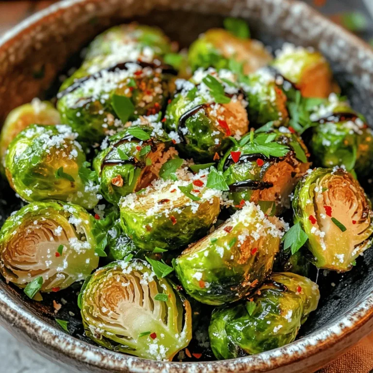- 1 lb Brussels sprouts, trimmed and halved - 3 tablespoons olive oil - 1/2 cup grated Parmesan cheese - 1 teaspoon garlic powder - 1/2 teaspoon onion powder - 1/4 teaspoon red pepper flakes (optional) - Salt and pepper to taste - 2 tablespoons balsamic reduction (for drizzling) The main ingredients for Air Fryer Parmesan Brussels Sprouts start with fresh Brussels sprouts. Choose a pound of Brussels sprouts, trim off the ends, and cut them in half. This helps them cook evenly and get crispy. You will need three tablespoons of olive oil. This oil adds flavor and helps the cheese stick. The star of the show is half a cup of grated Parmesan cheese. It gives the sprouts a rich, cheesy flavor that makes them hard to resist. For seasoning, you will want one teaspoon of garlic powder. This adds a nice touch of flavor. Then, use half a teaspoon of onion powder for more depth. If you like some heat, add a quarter teaspoon of red pepper flakes; they are optional. Lastly, keep salt and pepper handy to taste. A drizzle of balsamic reduction adds a sweet and tangy finish, making each bite a delight. These simple ingredients come together to create a dish that is crispy and full of flavor. With just a few basic items, you can make a delicious side dish that everyone will love. First, preheat your air fryer to 375°F (190°C) for about 5 minutes. This step ensures even cooking. Next, take 1 lb of Brussels sprouts, trim the ends, and cut them in half. In a large bowl, mix the halved Brussels sprouts with 3 tablespoons of olive oil. Toss them well, so every sprout gets covered in oil. Now, it's time to add some taste! Sprinkle in 1 teaspoon of garlic powder, 1/2 teaspoon of onion powder, and 1/4 teaspoon of red pepper flakes if you like a little heat. Mix well to coat the sprouts. Finally, add in 1/2 cup of grated Parmesan cheese. Toss everything again until the cheese is evenly distributed over the sprouts. Place the seasoned Brussels sprouts into the air fryer basket in a single layer. Avoid overcrowding to allow air to circulate. Cook them for 15 to 18 minutes. Shake the basket halfway through to ensure even cooking. You’ll know they are done when they turn golden brown and crispy. Remove them from the fryer and drizzle with 2 tablespoons of balsamic reduction for added flavor. Enjoy your crispy delight! To get that perfect crispy texture in your Air Fryer Parmesan Brussels sprouts, follow these steps: - Recommended air fryer settings: Preheat your air fryer to 375°F (190°C). This warms up the air fryer and helps the sprouts cook evenly. The hot air crisps them up nicely. - Importance of shaking the basket: Shaking the basket halfway through cooking is key. It helps the Brussels sprouts brown on all sides. Just give it a good shake after about 8 minutes for the best results. You can mix things up by trying different flavors. Here’s how: - Alternative seasonings to experiment with: Instead of garlic and onion powder, try smoked paprika or lemon zest. These add a nice twist and brighten up the dish. - Different cheese options for variation: While Parmesan is great, you can also use Pecorino Romano or nutritional yeast for a vegan touch. Each cheese gives a unique flavor that can change your dish. Serving your crispy Brussels sprouts well makes them even more appealing. Here are some tips: - Serving suggestions: Use a nice serving dish to show off the sprouts. They look great next to roasted meats or on a holiday table. - Creative garnishing tips: Top your sprouts with extra Parmesan or fresh herbs like parsley or basil. This adds color and makes your dish pop! A drizzle of balsamic reduction also brings a beautiful shine and extra flavor. {{image_2}} To make these Brussels sprouts vegan, you can swap out the Parmesan cheese. Use a blend of nutritional yeast and cashew cheese for a cheesy flavor. This change keeps the dish rich without dairy. For dressings, try a tahini or avocado-based sauce. They add creaminess and boost the flavor. If you love heat, add more red pepper flakes. This gives your sprouts a nice kick. You can also drizzle some hot sauce on top after cooking. Sriracha or buffalo sauce works well. This spicy twist adds excitement and depth to the dish. Brussels sprouts pair great with other veggies. Try adding carrots, bell peppers, or zucchini. Cut them into similar sizes for even cooking. The cooking time may change slightly. For softer veggies, reduce the time by 2-3 minutes. This way, everything cooks perfectly together. To keep your Brussels sprouts fresh, store them in an airtight container. This helps keep them crispy. Place the container in the fridge right after they cool down. They last about 3 to 5 days in the fridge. Make sure to check for any signs of spoilage before eating. To reheat your Brussels sprouts, use the air fryer for the best results. Set it to 350°F (175°C) and heat for about 5 to 7 minutes. This keeps them crispy. You can also use a microwave, but it may make them a bit soggy. If you prefer the microwave, heat them in short bursts. Check often to avoid overcooking. Yes, you can freeze cooked Brussels sprouts. First, let them cool completely. Then, place them in a freezer-safe bag, squeezing out as much air as possible. They can last up to 2 months in the freezer. For thawing, move them to the fridge overnight. Reheat in the air fryer to restore some crispiness. Yes, you can cook frozen Brussels sprouts in the air fryer. However, you need to make some changes. First, do not thaw them. Cook them straight from the freezer. Increase the cooking time by about 5 to 8 minutes. Shake the basket halfway through to help them cook evenly. You can tell when Brussels sprouts are done by their color and texture. They should be golden brown and crispy. A fork should easily pierce them. If they look dry, they may need a little more time. Keep an eye on them during cooking for the best results. The best oil for air frying is olive oil. It has a nice flavor and is healthy. Other good options include avocado oil and canola oil. Each oil has its own taste. Olive oil adds richness, while avocado oil has a mild flavor. Choose based on your taste and health needs. In this article, we covered how to prepare crispy air-fried Brussels sprouts. We discussed key ingredients, step-by-step instructions, and tips for perfect flavor. You learned about storage, reheating options, and possible variations, like vegan and spicy choices. Remember, experimenting with different spices and cheeses adds fun and flavor. Enjoy creating this tasty dish that’s healthy and easy to make!