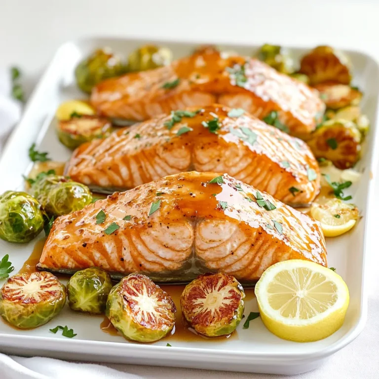 - 4 salmon fillets - 1 pound Brussels sprouts, trimmed and halved - 1/4 cup pure maple syrup - 2 tablespoons Dijon mustard - 2 tablespoons olive oil - 3 cloves garlic, minced - Salt and pepper, to taste - 1/2 teaspoon smoked paprika - Lemon wedges, for serving - Fresh parsley, chopped, for garnish Each ingredient plays a key role in this dish. The salmon brings protein and omega-3 fats. The Brussels sprouts add fiber and vitamins. Maple syrup brings sweetness, while Dijon mustard adds a tangy kick. Olive oil keeps everything moist. Garlic enhances the flavor with its warm aroma. Smoked paprika gives a subtle depth. Using fresh ingredients makes a big difference. Fresh salmon fillets have a better taste and texture than frozen. Look for vibrant Brussels sprouts, as they are sweeter and crunchier. Pure maple syrup should be your choice. It offers a rich flavor that fake syrups can't match. Quality ingredients ensure your meal is not just good but great. When you cook with care, your dish shines on the plate and in taste. First, preheat your oven to 400°F (200°C). This step is key to roasting the salmon and Brussels sprouts perfectly. Next, take a large sheet pan and lightly grease it. You can use cooking spray or a bit of olive oil for this. Greasing helps prevent sticking and makes cleanup easier. In a small bowl, mix together the maple syrup, Dijon mustard, minced garlic, and olive oil. Add in smoked paprika, salt, and pepper. Whisk all the ingredients until they blend well. This glaze gives the salmon a sweet and savory flavor that you will love. Now, it’s time to put everything on the sheet pan. Place the halved Brussels sprouts on one side. Drizzle some olive oil on them. Season with salt and pepper, then toss to coat. On the other side, arrange the salmon fillets. Brush the maple glaze generously over each fillet. Roast everything in the oven for about 15 to 18 minutes. The salmon should flake easily with a fork when done. The Brussels sprouts will be tender and caramelized. Once cooked, take the pan out of the oven and let it rest for a couple of minutes. Serve the salmon with the Brussels sprouts, garnished with fresh parsley and lemon wedges for a bright touch. To get perfectly cooked salmon, you want to keep a close eye on it. Salmon cooks fast, usually in 15-18 minutes at 400°F. Use a fork to check if it flakes apart easily. If it does, it's done! You can also use a meat thermometer. The ideal temperature is 145°F. Removing it just before it's done lets it finish cooking off the heat. Brussels sprouts need a bit of love for great flavor. Start by trimming and halving them. This helps them cook evenly. Toss them with olive oil, salt, and pepper. You can also add garlic or lemon juice for extra zest. A sprinkle of smoked paprika gives a nice smoky taste. Roasting them brings out their sweetness and makes them caramelized. For even cooking, spread everything out well on the sheet pan. Place the Brussels sprouts on one side and the salmon on the other. This keeps them separate and allows hot air to circulate. Avoid crowding the pan; it leads to steaming instead of roasting. If your pan is too full, consider using two pans. This way, every bite is tasty and cooked just right. {{image_2}} You can change the glaze on your salmon for fun. Try honey instead of maple syrup. It gives a sweet taste, too. You can add soy sauce or teriyaki for a savory twist. Mix it with garlic for more flavor. A spicy sriracha sauce can also add a kick. Each glaze gives a unique flavor to your dish. Experiment to find what you love best! Brussels sprouts are great, but you can try other veggies. Asparagus cooks well with salmon. Just trim the ends and place them on the pan. Carrots or bell peppers add color and taste. Zucchini is another good choice; slice it thin for even cooking. Mix and match your favorites to make the dish your own. Fresh veggies keep the meal healthy and tasty. Salmon is delicious, but you can use other proteins, too. Try chicken breasts for a lighter option. Cook them the same way as salmon. For a meatier taste, use pork tenderloin. Just adjust the cooking time for thicker cuts. Tofu is a great choice for a vegetarian meal. It soaks up the glaze well. These swaps let you enjoy the dish in many ways! To store leftovers, let the salmon and Brussels sprouts cool completely. Next, place them in an airtight container. You can keep them in the fridge for up to three days. Make sure to separate the salmon from the veggies if you want to keep them fresh. When you are ready to eat, preheat your oven to 350°F (175°C). Place the salmon and Brussels sprouts on a baking sheet. Heat them in the oven for about 10-15 minutes. You can also use a microwave, but the oven keeps them crispier. If you want to freeze your leftovers, wrap the salmon and Brussels sprouts tightly in plastic wrap. Then, place them in a freezer bag. They can last in the freezer for up to three months. When you are ready to eat, thaw in the fridge overnight before reheating. It takes about 15 to 18 minutes to cook salmon on a sheet pan. The salmon should flake easily with a fork when it's done. The Brussels sprouts will also become tender and caramelized during this time. Cooking times can vary based on the thickness of the salmon fillets. Always check to ensure it’s cooked through. Yes, you can use frozen salmon for this recipe. Just be sure to thaw it first. Thawing overnight in the fridge works best. If you need to cook it right away, you can run it under cold water for a few minutes. After thawing, pat it dry and then add the maple glaze. Maple glazed salmon pairs well with many sides. Here are a few great options: - Garlic mashed potatoes - Quinoa salad - Roasted asparagus - Steamed broccoli - Wild rice Each of these sides brings different flavors and textures to your meal. They also complement the sweetness of the maple glaze nicely. You learned how to make maple-glazed salmon on a sheet pan. We covered key ingredients, the cooking process, and tips to elevate flavor. Quality ingredients make a huge difference in taste. You can try different sauces or veggies for variety. Storage and reheating steps help you enjoy leftovers. With these insights, you can achieve a tasty meal that impresses. Cooking can be fun and rewarding, so dive in and enjoy!