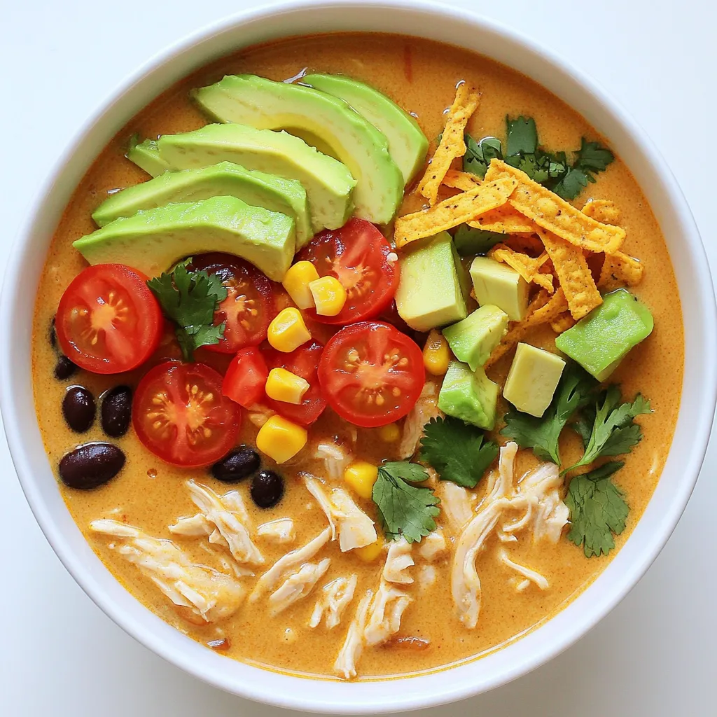 - 1 lb boneless, skinless chicken breasts - 1 can (15 oz) black beans, drained and rinsed - 1 can (15 oz) corn, drained - 1 can (10 oz) diced tomatoes with green chilies - 1 small onion, diced - 3 cloves garlic, minced - 2 cups chicken broth - 1 tablespoon chili powder - 1 teaspoon cumin - 1 teaspoon paprika - 1 cup heavy cream - Salt and pepper to taste - Fresh cilantro, for garnish - Avocado slices, for garnish - Tortilla strips, for serving - Slow cooker - Measuring cups and spoons - Cutting board and knife Gather your ingredients first. This will make cooking easy and fun. You need chicken breasts, black beans, corn, diced tomatoes, onion, and garlic. These items create a rich base for your soup. Spices are key here. Chili powder, cumin, and paprika give depth to the flavor. Use salt and pepper to adjust taste. Don't forget the heavy cream! It adds creaminess and makes the soup delightful. For garnishes, fresh cilantro adds a bright touch. Slices of avocado bring creaminess. Tortilla strips give a nice crunch. These extras make your soup look and taste even better. For equipment, a slow cooker is a must. It does all the hard work for you. Measuring cups and spoons help you get the amounts just right. A cutting board and knife make prep easy. With everything ready, you’re set to make this creamy chicken enchilada soup. It’s simple, tasty, and perfect for dinner. Enjoy the process! - Place chicken breasts at the bottom of the slow cooker. - Add black beans, corn, diced tomatoes with green chilies, onion, and garlic. - Pour chicken broth over the ingredients. - Sprinkle in spices: chili powder, cumin, paprika, salt, and pepper. - Cook on low for 6-8 hours or high for 3-4 hours. - Shred chicken and stir in heavy cream. - Let it cook on low for an additional 30 minutes. This soup is easy to make and full of flavor. The slow cooker does all the work. You just need to enjoy the smell as it cooks! Each step adds layers of taste, making the chicken tender and the broth rich. By the time it's ready, your kitchen will feel warm and inviting. To make this soup even tastier, try different spices. You can add a dash of hot sauce for heat. Fresh ingredients, like lime or cilantro, brighten the flavor. They add a fresh twist that you will love. Cook the chicken long enough until it is tender. This will make shredding easy and quick. Adjust the cream quantity based on how creamy you want your soup. A little more cream gives you that rich texture. Crispy tortilla chips add a nice crunch. Serve them alongside the soup for a great combo. A side salad makes this meal complete. It adds a fresh touch and balances the richness of the soup. {{image_2}} You can easily change a few ingredients to suit your taste. - Use shredded rotisserie chicken for quicker prep. - Substitute black beans with kidney beans or pinto beans for a new flavor. If you want a meat-free dish, this soup can still shine. - Replace chicken with plant-based protein or extra beans for protein. - Use vegetable broth instead of chicken broth for a rich base. Want to turn up the heat? Here’s how to make it spicy. - Add jalapeños or more chili powder for a kick. - Incorporate a dash of lime juice for zesty flavor that brightens the soup. I recommend storing leftovers in an airtight container. They will stay fresh in the fridge for up to 4 days. This way, you can enjoy the soup again without losing flavor. If you want to keep it longer, freeze the soup in individual portions. It will last for up to 3 months. When you’re ready to eat, thaw it in the fridge overnight. This keeps the soup tasty and safe. To reheat, you can use the stove or microwave. If the soup seems thick, add more cream for richness. This helps restore the creamy texture and keeps it delicious. The estimated cook time on low is 6-8 hours or 3-4 hours on high. This gives the chicken time to cook fully and become tender. When the time is up, check that the chicken is cooked through. Yes, you can make this soup without heavy cream. Consider using coconut milk or a non-dairy substitute for a lighter option. Both choices will still keep the soup creamy and delicious. Serve this soup with tortilla chips, avocado, or a side of cornbread for a hearty meal. These sides add great flavor and texture to your dining experience. Enjoy the mix of creamy soup with the crunch of chips! This recipe for Creamy Chicken Enchilada Soup is simple and tasty. You can make it with just a few ingredients and a slow cooker. From using different beans to make it vegetarian, you have options. Don’t forget to try fresh herbs and spices to enhance the flavor. This soup keeps well in the fridge or freezer, so you can enjoy leftovers later. Overall, it’s a flexible dish that fits many tastes. Dive in and make your own delicious version!