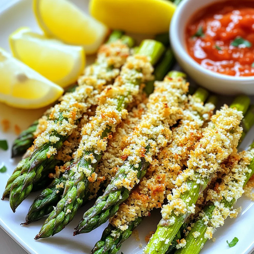 You need one bunch of fresh asparagus. Choose bright green spears with firm tips. Trim the ends to remove the tough parts. This helps them cook evenly and taste great. For the crunchy coating, gather 1/2 cup of grated Parmesan cheese. Use fresh cheese for the best flavor. You also need 1/2 cup of breadcrumbs, preferably panko. Panko gives a nice crunch. Seasoning is key. Grab 1 teaspoon of garlic powder and 1 teaspoon of Italian seasoning. Add salt and pepper to taste. You will also need 2 large eggs and cooking spray. The eggs help the coating stick, while the spray adds crispiness. Start by preheating your air fryer to 400°F (200°C). This step takes about 5 minutes. A hot air fryer cooks the asparagus fries evenly. Waiting for the right heat is key to getting that crispy texture. In a shallow bowl, beat two large eggs. Add a pinch of salt and pepper. This mix helps the coating stick. In another shallow bowl, mix together the grated Parmesan cheese, breadcrumbs, garlic powder, and Italian seasoning. Add more salt and pepper to taste. This blend creates a tasty crust. Take each trimmed asparagus spear and dip it into the egg mixture. Let any extra egg drip off. Next, roll the asparagus in the Parmesan-breadcrumb mix. Make sure the coating covers every inch. Press gently so it sticks well. Arrange the coated asparagus in a single layer in the air fryer basket. Don’t overcrowd them; you might need to do this in batches. Lightly spray the asparagus fries with cooking spray to help them crisp. Air fry for 8-10 minutes. Shake the basket halfway through. This helps cook them evenly. Once golden and crispy, remove the asparagus from the air fryer and serve hot. To get your asparagus fries crispy, you need to coat them well. The key is using panko breadcrumbs. They are light and airy, which helps create that crunch you want. Make sure to spray a little cooking spray on them before frying. This helps with browning and crisping. Don’t overcrowd the air fryer basket; give each fry space to breathe. Shake the basket halfway through cooking for even crispiness. If you want to try something different, consider using crushed nuts or seeds instead of breadcrumbs. Almonds or sunflower seeds add a nice crunch and flavor. You can also use different cheeses, like cheddar or mozzarella, for a twist. Mixing spices like paprika or cayenne can add extra kick too. Experiment with what you have on hand! One common mistake is not trimming the asparagus properly. Make sure to cut off the tough ends. Another mistake is skipping the cooking spray. Without it, the fries may stick or not brown well. Also, avoid using too much cheese or breadcrumbs. If the coating is too thick, it won’t cook evenly. Lastly, don’t skip the shaking step; it’s important for even cooking. {{image_2}} You can mix up the flavors with fun add-ins. Try adding lemon zest to the breadcrumb mix. The zest brings a bright taste that pairs well with asparagus. You can also swap out the Italian seasoning for some spicy chili flakes for a kick. For a twist, consider using different cheeses. Grated pecorino or nutritional yeast offers a nice change. If you need a gluten-free option, use gluten-free breadcrumbs. There are many brands available that work well. You can also crush gluten-free crackers if you want a different taste. Just make sure your Parmesan cheese is gluten-free, as some brands may add fillers. To change the texture, you can partially cook the asparagus first. Steam or blanch the asparagus for 2-3 minutes, then cool them in ice water. This method makes the asparagus tender yet crispy after frying. It adds a nice bite while keeping the fries light and fluffy inside. Adjust the cooking time in the air fryer to about 6-8 minutes since they are already partially cooked. After enjoying your Air Fryer Parmesan Asparagus Fries, store leftovers in an airtight container. Keep them in the fridge for up to three days. This keeps them fresh and tasty. Make sure they cool down before sealing the container. This helps prevent sogginess. To reheat your asparagus fries, use the air fryer for best results. Preheat it to 350°F (175°C). Place the fries in the basket in a single layer. Air fry for about 5 minutes. This helps them regain their crispiness. You can also use an oven, but it may take longer to crisp up. You can freeze your asparagus fries if you made too many. First, let them cool completely. Then lay them flat on a baking sheet. Freeze until solid, about one hour. Once frozen, transfer them to a freezer bag. Seal tightly and store for up to two months. When ready to eat, cook from frozen in the air fryer. Just add a few extra minutes to the cook time. Enjoy your tasty snack anytime! To make Air Fryer Parmesan Asparagus Fries gluten-free, simply swap regular breadcrumbs with gluten-free panko. You can find gluten-free options at most grocery stores. The rest of the recipe stays the same. This change keeps the crunch while making it safe for those with gluten sensitivities. Always check your Parmesan cheese too, as some brands may have additives that contain gluten. I recommend using fresh asparagus for the best flavor and texture. Frozen asparagus can turn mushy when cooked. If you must use frozen, thaw it first and pat it dry. This step helps remove excess moisture. Then, follow the same steps to coat and air fry. The cooking time may need slight adjustments, so keep an eye on them. Asparagus fries taste great with many dips. Marinara sauce is a classic choice. Its rich flavor complements the crispy asparagus well. Zesty aioli brings a creamy twist. You can also try ranch dressing for a cool bite. For a fresh touch, serve with lemon wedges. Squeeze some juice over the fries for added zing! This blog post covered how to make delicious air fryer asparagus fries. We explored the key ingredients, from fresh asparagus to tasty coatings and seasonings. I guided you through step-by-step instructions, ensuring you prep correctly and achieve crispy results. We shared helpful tips and tricks while also discussing fun variations and storage tips. Remember, experimenting with flavors makes cooking fun. Enjoy your crispy treats, and don't forget to try different sauces for dipping! Your air fryer can create tasty snacks that everyone will love.
