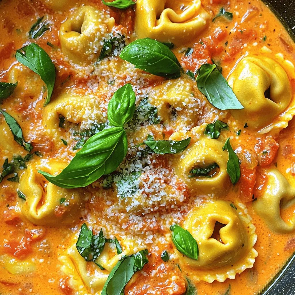 For a delightful creamy tomato basil tortellini pasta, you need these simple ingredients: - 12 oz cheese tortellini (fresh or frozen) - 2 tablespoons olive oil - 3 cloves garlic, minced - 1 can (14 oz) crushed tomatoes - 1 cup heavy cream - 1 teaspoon dried Italian seasoning - 1/2 cup fresh basil leaves, chopped - Salt and pepper to taste - Grated Parmesan cheese for serving Each ingredient plays a key role. The cheese tortellini brings a soft, cheesy bite. Olive oil adds richness and helps cook the garlic. Garlic gives a warm, cozy flavor. Crushed tomatoes create the base of our sauce. Heavy cream makes it creamy and smooth. Italian seasoning adds herbs for extra taste. Fresh basil gives a bright, fresh note. Salt and pepper balance all the flavors. Finally, Parmesan cheese adds a salty finish. With these ingredients, you can create a dish that warms the heart. Enjoy cooking! First, boil water in a large pot. Add a pinch of salt to the water. Cook the cheese tortellini according to the package instructions. This will take about 3-5 minutes. You want them to be al dente, which means firm but cooked. Once done, drain the tortellini and set them aside. Next, grab a large skillet and heat 2 tablespoons of olive oil over medium heat. Once hot, add 3 cloves of minced garlic. Sauté the garlic for about 1 minute. You want it to smell good but not turn brown. This step gives your dish a nice flavor base. Now, pour in a 14 oz can of crushed tomatoes into the skillet. Cook this for about 3-4 minutes. Let the flavors mix together well. After that, lower the heat and stir in 1 cup of heavy cream. Add 1 teaspoon of dried Italian seasoning for extra flavor. Simmer this for about 5 minutes. The sauce should thicken slightly during this time. Once your sauce is ready, add the cooked tortellini to the skillet. Toss them gently to coat every piece in that creamy tomato sauce. This is where the magic begins! Next, fold in 1/2 cup of chopped fresh basil leaves. Season your dish with salt and pepper to taste. After mixing well, let it sit off the heat for a couple of minutes. This allows all the flavors to deepen. Serve warm, and sprinkle some grated Parmesan cheese on top. You can even add a few extra basil leaves for a fun touch! To get tender tortellini, cook them in boiling water. Follow the package time for al dente. Do not overcook. Drain them well and set aside. If they stick together, toss them with a bit of olive oil. Using fresh ingredients makes a big difference. I love adding fresh basil. It adds a bright taste. Mince garlic just before cooking to keep it flavorful. You can also use fresh tomatoes for a richer sauce. One mistake is adding salt too early. This can make the tortellini tough. Another mistake is cooking the sauce on high heat. This can burn the garlic. Always stir gently and taste as you go. If the sauce is too thick, add a splash of pasta water. {{image_2}} You can make this creamy tomato basil tortellini pasta vegetarian easily. Just skip any meat and focus on fresh veggies. Add spinach, mushrooms, or zucchini to the sauce for more flavor and nutrients. These veggies add a nice crunch and color. You can also use vegetable broth instead of cream for a lighter dish. If you want to add protein, chicken or shrimp is a great choice. For chicken, use cooked, shredded pieces. Stir them in with the tortellini for a hearty meal. For shrimp, sauté them quickly in olive oil before adding the sauce. They cook fast and add a nice taste. Either option makes your dish filling and tasty. For a gluten-free meal, swap regular tortellini for gluten-free options. Many brands offer these now. Check the store for fresh or frozen varieties. You can also try using zucchini noodles as a fun twist. They have a great texture and soak up the sauce well. This way, you enjoy the same creamy tomato basil flavor without gluten. After enjoying your creamy tomato basil tortellini, store any leftovers right away. Use an airtight container to keep the dish fresh. This pasta stays good in the fridge for about three days. Before sealing the container, let the pasta cool to room temperature. This step helps prevent condensation and sogginess. If you want to save some for later, freezing works well too. First, let the pasta cool completely. Then, portion it into freezer-safe bags or containers. Make sure to remove as much air as possible to avoid freezer burn. This pasta can last in the freezer for about three months. When you’re ready to eat it, just thaw it in the fridge overnight. When it’s time to enjoy your pasta again, reheating is key. A microwave works, but it may dry out the sauce. I suggest reheating on the stove instead. Add a splash of water or cream to help revive the creamy texture. Heat gently over low flame, stirring often until warmed through. This keeps the flavors fresh and delicious. Yes, you can use either canned or fresh tomatoes. Canned crushed tomatoes save time and taste great. Fresh tomatoes add a bright flavor but need more prep. If using fresh, chop them finely. Both options work well in this creamy dish. To make this dish dairy-free, swap heavy cream with coconut cream or a nut-based cream. Use dairy-free cheese for a topping. Ensure all other ingredients, like tortellini, are dairy-free too. This keeps the creamy texture without milk. You can serve a fresh salad or garlic bread with this pasta. A simple arugula salad adds crispness. Garlic bread adds a warm, crunchy texture. Both pair well with the rich, creamy sauce. This dish takes about 25 minutes to prepare. Ten minutes for prep and 15 minutes for cooking. It’s quick, making it perfect for busy nights or last-minute dinners. You’ll have a tasty meal in no time. In this blog post, we explored making a creamy tomato basil tortellini dish using fresh ingredients. I covered key ingredients, simple steps, and helpful tips for the best results. You learned about variations and storage options to keep your dish fresh. In summary, this pasta dish is easy and delicious. Enjoy your cooking and make this meal your own! Happy eating!