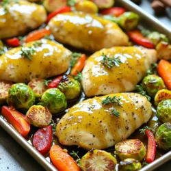 You need 4 boneless, skinless chicken breasts for this dish. These chicken breasts cook evenly and soak up the honey mustard flavor well. Make sure they are fresh for the best taste. The sauce is simple yet tasty. Here’s what you will need: - 1/4 cup honey - 1/4 cup Dijon mustard - 2 tablespoons olive oil - 1 teaspoon garlic powder - 1 teaspoon dried thyme - Salt and pepper to taste Whisk these ingredients together in a bowl. This sauce adds a sweet and tangy taste that makes the chicken shine. The veggies bring color and crunch to the meal. Use: - 2 cups Brussels sprouts, halved - 2 cups baby carrots, sliced - 1 red bell pepper, sliced - 1 medium onion, cut into wedges These vegetables not only taste great but also look beautiful on the plate. Toss them in the honey mustard sauce for extra flavor. They cook well alongside the chicken, making it a complete meal. Start by preheating your oven to 400°F (200°C). This helps cook the chicken and veggies evenly. Next, grab a small bowl. In it, whisk together 1/4 cup honey, 1/4 cup Dijon mustard, 2 tablespoons olive oil, 1 teaspoon garlic powder, and 1 teaspoon dried thyme. Add salt and pepper to taste. Mix until everything blends well. This honey mustard sauce gives a great flavor. Now, take a large sheet pan. Place your 4 boneless, skinless chicken breasts on the pan. Brush both sides with the honey mustard mixture. Make sure they get a good coat. In another bowl, toss together 2 cups halved Brussels sprouts, 2 cups sliced baby carrots, 1 sliced red bell pepper, and 1 medium onion cut into wedges. Pour the remaining honey mustard sauce over the veggies. Toss until they are well coated too. Arrange the seasoned veggies around the chicken on the sheet pan. Make sure everything has enough space for even cooking. Place the sheet pan in the preheated oven. Bake for 25 to 30 minutes. You want the chicken to reach an internal temperature of 165°F. Check the veggies too. They should be tender and caramelized. The smell will be amazing! Once baked, remove the sheet pan from the oven. Let the chicken and veggies rest for about 5 minutes. This helps the juices settle in the chicken. For serving, you can either serve directly from the sheet pan. This gives a rustic look. If you prefer, plate individual portions and garnish with fresh thyme. This adds a nice touch and a pop of color. Enjoy your meal! To get the best honey mustard flavor, start with high-quality honey and Dijon mustard. Both should taste good on their own. Mix them well with olive oil, garlic powder, thyme, salt, and pepper. This blend makes a tasty glaze. If you want a kick, add a dash of cayenne pepper or a splash of apple cider vinegar. This adds depth and balances the sweetness. To cook chicken correctly, always check the internal temperature. Use a meat thermometer to ensure it reaches 165°F. This keeps the chicken safe to eat. If the chicken is not done, return it to the oven for a few more minutes. Let it rest for five minutes before serving to keep it juicy. This resting time allows the juices to settle back into the meat. Each vegetable cooks at a different rate. Brussels sprouts and carrots take longer to cook, while bell peppers and onions cook faster. Cut them into uniform sizes for even cooking. When placing them on the pan, put the harder veggies, like Brussels sprouts and carrots, closer to the chicken. This way, they get more heat. Check the veggies after 20 minutes; they should be tender and slightly caramelized. If needed, let them cook for another five minutes. {{image_2}} You can switch up the veggies in this dish. Try using green beans, zucchini, or broccoli. These options add great color and texture. You can even use potatoes for a heartier meal. Just cut them small so they cook well. Mix and match your favorite vegetables to make it your own. Chicken is tasty, but you can also use other proteins. Salmon works well with honey mustard. It cooks quickly and stays moist. Pork tenderloin is another great choice. Cut it into chunks for even cooking. Tofu is a great option for a plant-based meal. It absorbs flavors well, making it a delicious option. Feel free to change the spices in the recipe. Add a pinch of cayenne for heat or smoked paprika for depth. You can also try adding fresh herbs like rosemary or parsley. They bring a bright flavor to the dish. If you love citrus, add lemon juice or zest for a fresh kick. These adjustments can help you create a dish that fits your taste perfectly. After you enjoy your meal, you can store leftovers easily. Let the chicken and veggies cool down first. Then, place them in an airtight container. This keeps the flavors fresh. You can store your leftovers in the fridge for up to three days. Make sure to keep the chicken and veggies together. They taste better when reheated as a mix. When you’re ready for round two, reheating is simple. Preheat your oven to 350°F (175°C). Place the chicken and veggies on a baking sheet. Cover them with foil to keep moisture in. Bake for 15-20 minutes until hot. You can also use a microwave for quick heat. Just place a portion on a microwave-safe dish and heat for 2-3 minutes. Stir halfway through for even heating. If you want to save some for later, freezing works well. First, let everything cool completely. Then, portion out the chicken and veggies into freezer-safe bags. Press out the air before sealing. You can freeze them for up to three months. When you’re ready to eat, thaw them overnight in the fridge. Reheat using the oven or microwave as mentioned earlier for the best taste. Yes, you can use bone-in chicken. It will add flavor and moisture. Adjust the cooking time. Bone-in pieces take longer to cook. Aim for 35-40 minutes. Use a meat thermometer. Check the internal temperature. It should reach 165°F to ensure safety. You can use yellow mustard or whole grain mustard. Honey can add sweetness if you prefer. If you like spice, try spicy brown mustard. Each substitute will change the taste slightly. Adjust the amount to your liking. Experiment to find your best fit. This dish lasts about 3-4 days in the fridge. Store it in an airtight container. Make sure it cools down before sealing. Reheat it in the oven or microwave. Enjoy it as a quick meal later in the week. This blog post covered how to make a tasty honey mustard chicken dish. We discussed main ingredients like chicken, honey mustard sauce, and your choice of veggies. I shared steps for preparing, baking, and serving the meal. You learned tips for flavor, cooking times, and variations to try. My final thoughts: Enjoy experimenting with ingredients and find your favorites. This dish is easy and delicious, perfect for anyone!