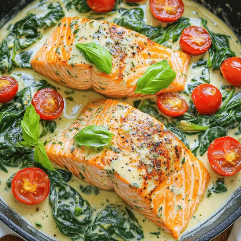 - 4 salmon fillets - 1 cup heavy cream - 3 cups fresh spinach - 1 cup cherry tomatoes, halved - 2 tablespoons olive oil - 2 garlic cloves, minced - 1 teaspoon Italian seasoning - ½ teaspoon red pepper flakes (optional) - Fresh basil - Salt and pepper In this recipe, you need fresh salmon fillets. They are the star of the dish. Choose fillets that are bright and firm. Heavy cream adds a rich and creamy touch. It makes the sauce silky smooth. Fresh spinach gives color and nutrition. It also pairs well with the fish. Cherry tomatoes add sweetness and a pop of flavor. For seasonings, olive oil is key for cooking. Use a good-quality oil for the best taste. The garlic cloves bring a lovely aroma. Italian seasoning adds depth to the dish. If you like heat, add red pepper flakes. They give a nice kick, but it’s optional. To finish, use fresh basil for garnish. It adds a fresh touch. Don’t forget to season with salt and pepper. This will enhance all the flavors. With these simple ingredients, you can create a delicious meal that impresses everyone. To start, you need to season the salmon fillets. I use salt and pepper for a simple taste. Make sure to cover both sides of each fillet. This step is key for flavor. For cooking methods, you can choose to bake or grill the salmon, but I prefer using a skillet. It gives the salmon a nice sear and keeps it moist. Now, let’s sear the salmon. First, heat two tablespoons of olive oil in a large skillet over medium-high heat. Wait until the oil is hot. Then, add the salmon fillets skin-side down. Cook them for about 4 to 5 minutes. You want them golden brown. After that, flip the fillets and cook for another 3 to 4 minutes. The salmon should be cooked through and flaky. Once done, remove the salmon from the skillet and set it aside. In the same skillet, add two minced garlic cloves. Sauté them for about 30 seconds. You want them fragrant but not burnt. Next, add 1 cup of halved cherry tomatoes. Cook for 2 to 3 minutes until they soften. Now, let’s make the creamy sauce. Lower the heat to medium and pour in 1 cup of heavy cream. Stir in 1 teaspoon of Italian seasoning and ½ teaspoon of red pepper flakes, if you like some heat. Let this simmer for about 3 to 4 minutes. The sauce will thicken a bit. Finally, stir in 3 cups of fresh spinach. Cook until the spinach wilts, which takes about 2 minutes. Return the salmon to the skillet and spoon the creamy sauce over it. Cook for one more minute to warm everything through. To avoid overcooking the salmon, watch the time closely. Cook skin-side down for 4-5 minutes until golden brown. Flip it over and cook for another 3-4 minutes. The salmon should be tender and flaky. For crisp skin, dry the salmon well before cooking. Use a hot skillet with olive oil. Don't crowd the pan, or the skin will steam instead of crisping up. For the best sauce consistency, let the heavy cream simmer. This helps it thicken and develop flavor. If the sauce is too thick, add a splash of broth or water. Stir well to combine. If you want to substitute heavy cream, try coconut milk or cashew cream. Both options add a unique touch without sacrificing taste. Adding herbs like fresh basil or parsley brightens the dish. Sprinkle them in right before serving for a fresh taste. You can also try adding thyme or oregano for a different flavor profile. Incorporating extra vegetables can enhance texture and flavor. Try adding bell peppers or zucchini. They cook quickly and blend well with the creamy sauce. {{image_2}} You can switch salmon for chicken or shrimp. Chicken works well with the creamy sauce. Just make sure to cook it until it is fully done. For shrimp, cook them until they turn pink, which takes just a few minutes. If you want a vegetarian option, use firm tofu or chickpeas. Both can soak up the creamy sauce and add good texture. To add a Mediterranean twist, try using olives and feta cheese. These add bold flavors and a nice salty touch. You can also add capers for a briny kick. For those who like heat, add more red pepper flakes. This will give your dish a spicy kick and make it exciting. Pair your creamy Tuscan salmon with a side of pasta or rice. These absorb the sauce well and complete the meal. A fresh salad with lemon dressing also works great to balance the creaminess. If you have leftovers, try serving them in a wrap or on top of a bed of greens. This makes for a quick and tasty lunch. You can also mix it into a grain bowl for added flavor. To keep your creamy Tuscan salmon fresh, store it properly. First, let the dish cool down to room temperature. Then, place leftovers in an airtight container. Glass containers work well because they do not hold smells. You can also use plastic containers with tight lids. Label the containers with the date, so you know how long they have been stored. When reheating, I recommend using the stove. This method helps maintain moisture. Heat a non-stick skillet over low heat. Add a splash of water or cream to keep it from drying out. Place the salmon in the pan and cover with a lid. Heat for about 5-7 minutes or until warm. You can also use the microwave, but be cautious. Heat in short bursts of 30 seconds to avoid overcooking. Yes, you can freeze creamy Tuscan salmon! Just make sure it is completely cooled before freezing. Place it in a freezer-safe container. It can last up to three months in the freezer. When you are ready to eat, thaw it in the fridge overnight. For quick thawing, you can place the sealed container in cold water for a couple of hours. Reheat it gently in a skillet as described above for the best results. Cooking salmon in a skillet takes about 8 to 10 minutes. The time depends on the thickness of the fillets. For fillets that are about 1 inch thick, cook for 4 to 5 minutes on one side. Then flip and cook for another 3 to 4 minutes. The salmon should be opaque and flake easily with a fork when done. Yes, you can use frozen salmon fillets. First, thaw the fillets in the fridge overnight. If you're short on time, place the sealed fillets in cold water for about 30 minutes. Once thawed, season and cook them as you would fresh salmon. Be mindful that cooking time may be slightly longer for frozen fillets. Creamy Tuscan salmon pairs well with several sides. Here are some great options: - Garlic mashed potatoes - Steamed asparagus - Rice pilaf - Roasted vegetables - Simple green salad with lemon vinaigrette These sides will complement the rich flavors of the salmon and creamy sauce nicely. This blog post covered how to make creamy Tuscan salmon. We looked at key ingredients like salmon, cream, and fresh veggies. You learned cooking steps, tips for perfect texture, and how to store leftovers. Don't forget, you can swap proteins or try new flavors too. Cooking can be fun and creative! With practice, your meals can impress friends and family. Enjoy your delicious creations and explore new ideas!