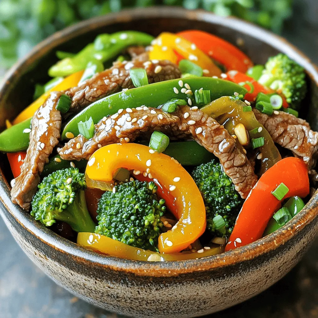 - 1 lb beef sirloin, thinly sliced - 1 bell pepper, sliced (red or yellow for color) - 1 cup broccoli florets - 1 cup snap peas - 1 tablespoon ginger, minced - 3 cloves garlic, minced - 3 green onions, chopped The beef sirloin is the star of this dish. Its tenderness makes each bite a joy. For color and crunch, I choose bell peppers, broccoli, and snap peas. These veggies not only add flavor but also great nutrition. Ginger and garlic bring warmth and depth to the dish. Green onions offer a fresh finish. - 3 tablespoons soy sauce - 1 tablespoon honey - 1 tablespoon rice vinegar - 2 tablespoons sesame oil - 1 tablespoon sesame seeds - Salt and pepper to taste The soy sauce provides a savory base. Honey adds a touch of sweetness that balances the salty flavor. Rice vinegar brightens the dish. Sesame oil gives it a nutty aroma and flavor. Finally, a sprinkle of sesame seeds boosts crunch and visual appeal. - Variations of vegetables - Alternative proteins You can swap the veggies for your favorites. Carrots, zucchini, or mushrooms work well. For proteins, try chicken, shrimp, or tofu. Each option gives a new twist to the dish while keeping it delicious. Feel free to get creative! To prepare the marinade, mix soy sauce, honey, minced ginger, minced garlic, and a pinch of salt and pepper in a bowl. This mix adds deep flavor to your beef. You want to coat the sliced beef well. Let it marinate for at least 15 minutes. This time allows the beef to soak in the flavors, making it tasty and tender. Heat sesame oil in a large non-stick skillet or wok over medium-high heat. Once the pan is hot, add the marinated beef in a single layer. Sear the beef for about 2-3 minutes without stirring. This browning adds flavor and a nice texture. After that, stir-fry for another 2-3 minutes until the beef is cooked through. Remove the beef from the pan and set it aside to keep it juicy. In the same skillet, add a bit more sesame oil if needed. Start by tossing in the sliced bell pepper. After a minute, add the broccoli florets and snap peas. Stir-fry these veggies for about 4-5 minutes. You want them to stay vibrant and crisp, so don’t overcook them. This order keeps the vegetables fresh and colorful. Return the cooked beef to the skillet with your veggies. Add rice vinegar and half of the chopped green onions. Stir everything together for another minute to blend the flavors. The rice vinegar adds a nice tang. Finally, sprinkle sesame seeds over the stir-fry for a nutty crunch. Adjust seasoning with salt and pepper if needed. This adds the final touch to your dish and makes it shine. Quality ingredients make a big difference. Fresh beef and crisp veggies enhance taste. I always choose grass-fed beef for its rich flavor. Look for bright-colored bell peppers and firm broccoli. When adjusting seasoning, start small. Add a pinch of salt or a splash of soy sauce. Taste as you go. You can easily add more, but it's hard to take it out. For the best stir-fry, heat is key. Use high heat to cook quickly. This helps keep the beef tender and the veggies crisp. A wok is great for this, as it heats evenly. If you don't have one, a large skillet works too. When stir-frying, keep the food moving. This helps cook everything at the same rate. Don't overcrowd the pan. Cook in batches if needed. A good plate makes your meal look tasty. Start with a bed of rice or noodles. Then, spoon the stir-fry on top. This adds color and texture. Garnishing can elevate your dish. Sprinkle chopped green onions and sesame seeds on top. This adds a nice crunch and vibrant look. Enjoy the feast! {{image_2}} You can switch the beef for chicken or tofu. Chicken gives a lighter taste and cooks quickly. Slice it thin, just like the beef. Tofu works great for a vegetarian option. Use firm tofu for the best texture. Press it first to remove extra water, then cube and marinate. Both choices provide yummy flavor and protein. Feel free to mix up the veggies in your stir fry! Carrots, bell peppers, and snap peas work well. You can also add mushrooms or zucchini for more taste. For seasonal swaps, use asparagus in spring or squash in fall. These changes keep the dish fresh and exciting. If you want to change the sauce, try teriyaki or hoisin sauce. They add a different flavor twist. You can adjust sweetness by adding more honey or sugar. For tang, mix in extra rice vinegar or lime juice. This way, you can make the sauce your own! To keep your sesame ginger beef stir fry fresh, store leftovers in the fridge. Use airtight containers for best results. These containers help keep out air and moisture. Label them with the date, so you know how long they’ve been stored. Leftovers can last up to three days in the fridge. When you’re ready to enjoy your stir fry again, choose the right method. You can use a microwave or a skillet. If using a microwave, heat it in short bursts. Stir the dish in between to ensure even warming. If using a skillet, add a splash of water to keep it moist. Heat over low to medium heat. This helps maintain the texture of the beef and veggies. If you want to save some stir fry for later, freezing is a great choice. First, let the dish cool to room temperature. Then, transfer it to freezer-safe containers. Be sure to leave some space at the top for expansion. You can freeze the stir fry for up to three months. When you’re ready to eat it, thaw it in the fridge overnight. Reheat it in a skillet or microwave as mentioned before. Enjoy your meal again, just like the first time! Marinate the beef for at least 15 minutes. This time allows the beef to soak up the flavors. If you have more time, marinating for up to 1 hour enhances the taste even more. Just keep in mind that longer marination can make the beef too salty if not balanced. Yes, you can use frozen vegetables. They are convenient and save prep time. However, fresh vegetables may offer better texture and flavor. Frozen veggies often release water, which can make your stir-fry watery. If you use frozen, cook them briefly to avoid mushiness. Yes, you can make this dish gluten-free. Simply swap regular soy sauce for a gluten-free version. Many brands offer gluten-free soy sauce made from tamari. Always check labels to ensure it meets your dietary needs. This dish pairs well with white rice or brown rice. You can also serve it with noodles for a heartier option. Add a side of steamed dumplings or a fresh salad for balance. These sides complement the stir-fry's rich flavors and textures nicely. In this post, we explored how to make a delicious sesame ginger beef stir fry. We covered key ingredients like beef sirloin and vibrant vegetables, as well as important sauces and seasonings. I shared step-by-step instructions for marinating beef, cooking, and combining all the flavors. You learned tips for optimal taste and presentation options. Embrace the flexibility of this dish. Feel free to swap proteins and veggies for your taste. Enjoy cooking and make it your own!
