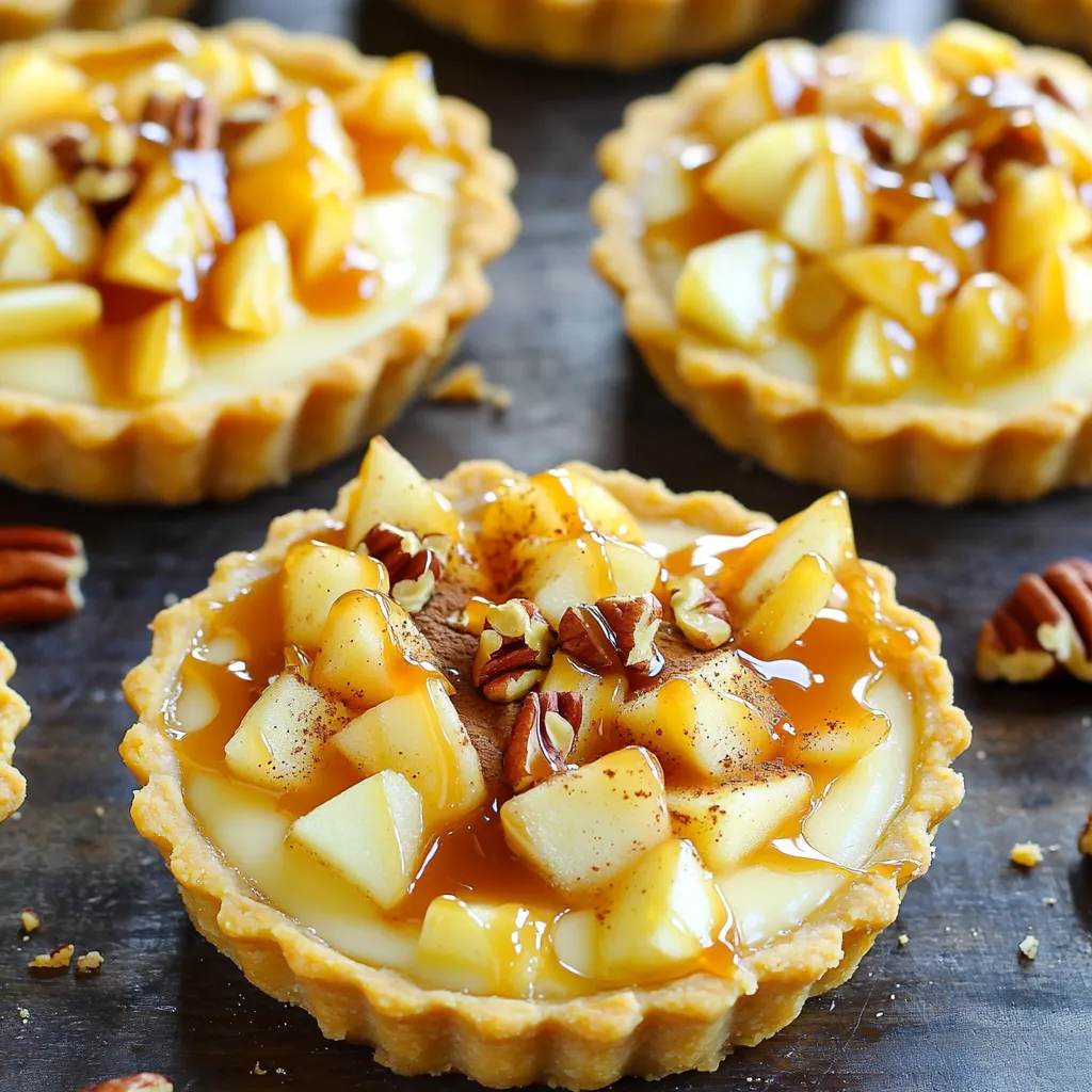 To make these caramel apple cheesecake tartlets, gather these key ingredients: - 1 cup all-purpose flour - 1/4 cup powdered sugar - 1/2 cup unsalted butter, softened - 1/4 teaspoon salt - 2 oz cream cheese, softened - 1/4 cup granulated sugar - 1/2 teaspoon vanilla extract - 1 medium apple, peeled and diced (Granny Smith or Honeycrisp) - 1/2 teaspoon cinnamon - 1/4 cup caramel sauce (store-bought or homemade) These ingredients work together to create a rich and tasty treat. The apples give a fresh crunch, while the cream cheese adds creamy goodness. You can make these tartlets even more special by adding garnishes. Here are some ideas: - Chopped pecans - Whipped cream - Extra caramel drizzle - A sprinkle of cinnamon These toppings add flavor and texture. They can also make your tartlets look more appealing. If you need to swap some ingredients, here are good options: - For all-purpose flour, you can use gluten-free flour. - Instead of unsalted butter, try coconut oil or margarine. - Cream cheese can be replaced with mascarpone or Greek yogurt for a lighter option. - Use any sweet apple if you can't find Granny Smith or Honeycrisp. These substitutions keep the tartlets delicious, even if you have dietary needs. To start, gather your ingredients. You need flour, powdered sugar, salt, and butter. In a bowl, mix the flour, powdered sugar, and salt. Then, add the softened butter. Use your hands or a fork to mix until it looks crumbly. Next, press this mixture into a tartlet pan or muffin tins. Make sure to cover the bottom and sides well. Preheat your oven to 350°F (175°C). Now, let’s make the cheesecake filling. In a clean bowl, beat the softened cream cheese with granulated sugar. Add the vanilla extract and mix until it is smooth. This step is key for a creamy filling. Then, take your diced apples and sprinkle them with cinnamon. Fold this apple mixture gently into the cream cheese blend. Make sure to mix well so every bite has apple flavor. It’s time to fill your tartlet crusts. Spoon the cheesecake filling into each one. Smooth the tops with a spatula or the back of a spoon. Once filled, place the tartlets in the refrigerator for at least 30 minutes. This helps the filling set. After chilling, drizzle caramel sauce generously over the top. For a nice touch, you can add chopped pecans for crunch. Enjoy your tartlets chilled or at room temperature! To make a flaky crust, use cold butter. Cut the butter into small pieces. Mix it quickly with flour and powdered sugar. This helps keep the butter cold. Avoid overmixing the dough. It should look crumbly but hold together. Press the dough firmly into the tartlet pan. This will give it a nice shape and prevent it from falling apart while baking. For a smooth cheesecake filling, ensure the cream cheese is soft. Beat it well with sugar and vanilla until creamy. If you want a fluffier texture, add an egg. Mix in the diced apples and cinnamon gently. This keeps the apples from breaking apart. Chill the tartlets for at least 30 minutes to set the filling. This step is key to achieving the perfect cheesecake texture. Serve these tartlets chilled for the best flavor. Drizzle caramel sauce generously over each tartlet just before serving. If you like, add chopped pecans for crunch. These tartlets pair well with a scoop of vanilla ice cream. They make a great dessert for any occasion! Enjoy them with friends or family for a sweet treat. {{image_2}} You can swap apples for other fruits. Pears work well for a sweet touch. Berries add a nice burst of flavor. Try peaches for a summer twist. Each fruit brings its own charm to the tartlets. If you want a healthier option, use honey or maple syrup. These sweeteners add flavor without the extra calories. They also bring a unique taste to the filling. Adjust the amount to your liking, so it’s not too sweet. Change things up with seasonal spices. In fall, add nutmeg or ginger for warmth. In winter, try a touch of peppermint extract. Spring calls for lemon zest for a fresh kick. Each season gives a new vibe to your tartlets. To keep your caramel apple cheesecake tartlets fresh, place them in an airtight container. Store them in the refrigerator for up to three days. This helps maintain their creamy filling and crisp crust. If you have leftover caramel sauce, store that separately to avoid sogginess. You can freeze these tartlets for later enjoyment. First, let them cool completely. Wrap each tartlet tightly in plastic wrap, then place them in a freezer-safe bag. They can stay frozen for up to one month. When ready to eat, thaw them in the fridge overnight. For the best taste, enjoy the tartlets chilled. If you prefer them warm, reheat them gently. Place the tartlet in a microwave for about 10-15 seconds. Check to make sure it’s warm but not too hot. This helps keep the texture just right while enjoying every bite! Yes, you can make these tartlets ahead of time. Prepare the crust and filling. Bake the crust and chill the filling separately. Assemble them the day you plan to serve. This way, the flavors blend well. You can also drizzle the caramel just before serving for freshness. The crust is baked properly when it turns lightly golden. You should check it after 10 minutes. If it looks pale, give it a few more minutes. Avoid overbaking, or it may become hard. A golden color means it's ready for the cheesecake filling. If you want a cream cheese substitute, use mascarpone cheese. It has a similar texture but a milder taste. Greek yogurt is another option; it adds creaminess and tang. Silken tofu blended until smooth can also work for a dairy-free version. Each will change the flavor slightly, so adjust to taste. In this blog post, we explored the key ingredients and steps to create delicious tartlets. I shared tips for a flaky crust and a smooth cheesecake filling. You learned about tasty variations and how to store leftovers. Making these little treats can be fun and easy. Remember to experiment with different flavors and fillings. Enjoy your baking journey! Your perfect tartlets await.