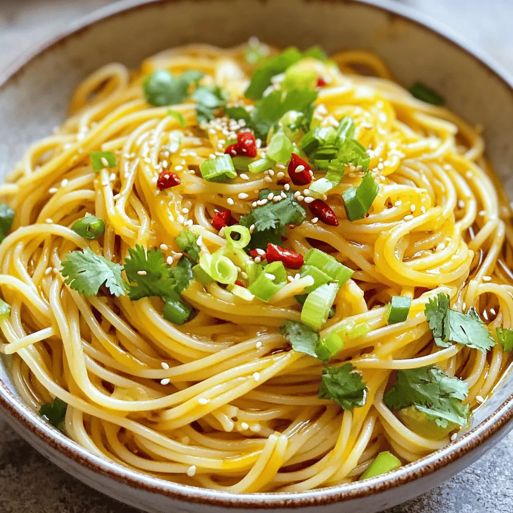 - 8 oz spaghetti or your favorite noodles - 4 tablespoons unsalted butter - 6 cloves garlic, minced - 1-2 red chili peppers, finely chopped - 1 tablespoon soy sauce - 1 tablespoon chili oil (optional) - 1 teaspoon sesame oil - ¼ cup green onions, sliced - ¼ cup fresh cilantro, chopped - Salt and black pepper to taste - 1 tablespoon sesame seeds (for garnish) The base of this dish is the noodles. Spaghetti works great, but any noodle you love can shine here. The butter brings a rich flavor, and garlic adds a nice kick. Red chili peppers give it the heat, so adjust them to match your spice level. You can easily change ingredient amounts to serve more or fewer people. For two servings, stick to the recipe. If you want to make it for four, just double everything. If you need substitutes, use olive oil instead of butter. It won't be as rich, but it still tastes good. For fresh herbs, you can try dried herbs if that’s what you have on hand. They add a different flavor but can still work well in this dish. Experimenting with ingredients can lead to fun new flavors. Feel free to swap things out based on what you like or have available. To start, bring a large pot of salted water to a boil. This helps the noodles taste great. Add 8 ounces of spaghetti or your favorite noodles. Cook according to the package's directions until they are al dente. This means they should be firm, not mushy. To avoid overcooking, set a timer. When the noodles are ready, save ½ cup of the pasta water. Then, drain the noodles in a colander. Next, grab a large skillet and set it over medium heat. Add 4 tablespoons of unsalted butter. Let it melt slowly. Once melted, toss in 6 minced garlic cloves and 1-2 finely chopped red chili peppers. Cook for about 2-3 minutes. You want the garlic to smell good and turn slightly golden. Be careful not to burn it! Now, add 1 tablespoon of soy sauce and, if you want more heat, mix in 1 tablespoon of chili oil. Finally, add 1 teaspoon of sesame oil to balance the flavors. Now, it's time to bring everything together. Add the drained noodles to the skillet. Toss them well in the spicy garlic butter sauce. If the noodles look dry, use the reserved pasta water. Add a little at a time until you reach your desired consistency. Season with salt and black pepper to taste. Toss for another minute to coat the noodles fully. Once done, remove from heat. Stir in ¼ cup of sliced green onions and ¼ cup of fresh cilantro. Serve right away and sprinkle some sesame seeds on top for a nice crunch. To make the best Spicy Garlic Butter Noodles, you need to think about spice. Choosing the right chili peppers makes a big difference. I suggest using red chili peppers for heat. If you want more spice, add more peppers. If you prefer less heat, use fewer. Always taste as you go. Enhancing umami is key for flavor. You can add soy sauce for a savory kick. A dash of fish sauce also boosts the umami. Each adds a layer of depth. Don’t skip these; they make a big impact. Sautéing garlic right is crucial. Use medium heat when you cook garlic. This keeps it from burning. If garlic burns, it tastes bitter. Cook it just until it’s fragrant and golden. This will give your noodles a rich flavor. For a creamy texture without cream, use reserved pasta water. After you toss in your noodles, add a bit of the starchy water. This helps bind the sauce and noodles. It makes everything silky smooth. Just a little will do. {{image_2}} You can add chicken, shrimp, or tofu for extra protein. Start by cooking your protein in the skillet before adding the garlic. - For chicken: Cut it into bite-sized pieces. Cook over medium heat until no longer pink, about 5-7 minutes. - For shrimp: Add raw shrimp directly after sautéing the garlic. Cook until they turn pink, about 2-3 minutes. - For tofu: Use firm tofu, cubed. Sauté until golden and crispy, about 5-6 minutes, before adding garlic. Once your protein is cooked, follow the sauce instructions. Toss the protein with the noodles to mix the flavors well. You can brighten your dish with seasonal vegetables. Try adding bell peppers, broccoli, or snap peas. - Bell peppers: Slice them thinly. Sauté with garlic for 2-3 minutes. - Broccoli: Cut into small florets. Blanch briefly in boiling water, then add to the skillet. - Snap peas: Add them whole during the last minute of cooking. These veggies add color and crunch without losing flavor. Stir them in with the noodles before serving. Get creative by using different oils. Olive oil and peanut oil can change the taste. - Olive oil: Use it for a milder flavor. Add it before the garlic to infuse the oil. - Peanut oil: This oil adds a nutty taste. Use it in place of sesame oil for a twist. Adding citrus can also brighten your dish. Squeeze fresh lime or lemon juice over the noodles just before serving. This adds a fresh zing and balances the heat. To store leftover Spicy Garlic Butter Noodles, place them in an airtight container. Make sure the noodles cool down before sealing the lid. This helps keep the noodles fresh. You can keep them in the fridge for up to three days. After that, the taste may fade, and the texture might change. To reheat, the best method is using a skillet. Add a small splash of water or broth to help steam the noodles. Heat over medium-low until warmed through. Stir often to avoid sticking. If the noodles feel dry, add a few drops of oil or a small amount of reserved pasta water. This will help revive their texture and flavor. Yes, you can make this dish vegan. Use vegan butter instead of regular butter. Choose noodles that are egg-free, like rice noodles or whole wheat. These swaps keep the flavor while making it plant-based. You can pair these noodles with a variety of side dishes. Here are a few ideas: - Steamed broccoli or bok choy - Crispy tofu or grilled chicken - A fresh green salad with sesame dressing - Spring rolls for a crunchy bite To change the spice level, modify the chili peppers. Use fewer peppers for milder noodles. You can also remove the seeds for less heat. For more kick, add extra chili oil. Taste as you go to find your perfect spice level. In this post, we covered the key steps to making delicious Spicy Garlic Butter Noodles. We explored essential ingredients, cooking techniques, and variations to enhance the dish. Remember, you can adjust spices and flavors to match your taste. Don't hesitate to experiment with proteins and veggies. Proper storage and reheating will keep your noodles tasty. With these tips, you'll enjoy a satisfying meal every time. Go ahead and create your own version!