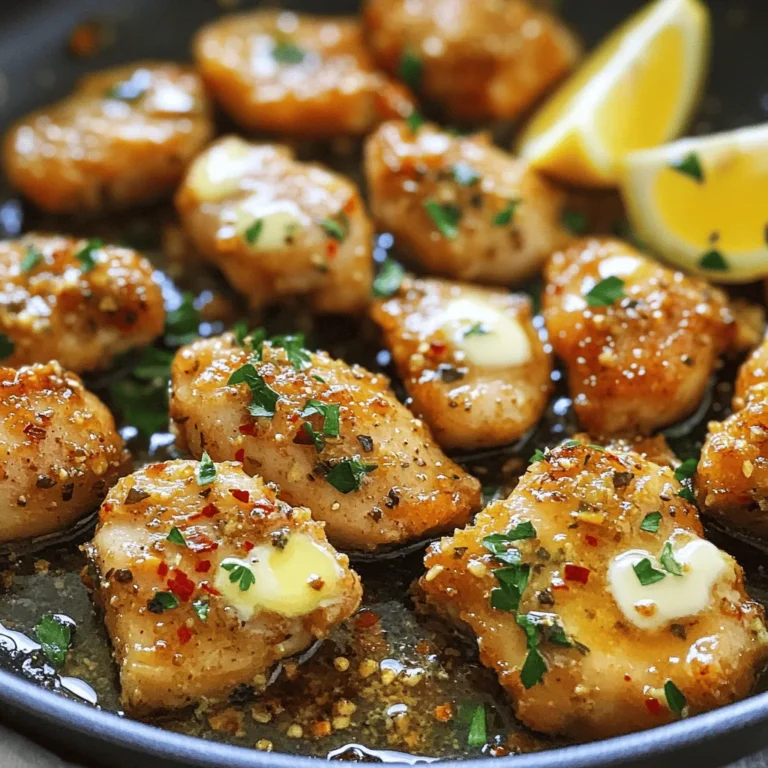 - 1 lb chicken breast, cut into bite-sized pieces - 4 tablespoons unsalted butter - 6 cloves garlic, minced - 1 teaspoon dried Italian herbs (oregano, basil, thyme) - 1 teaspoon red pepper flakes (optional for heat) - Salt and pepper to taste - Fresh parsley, chopped, for garnish - Lemon wedges for serving Using fresh ingredients makes a big difference. Choose chicken that looks pink and moist. Select garlic that is firm and has no sprouts. Fresh herbs pack more flavor than dried ones. For butter, use unsalted to control salt levels. If you don’t have chicken breast, try thighs for juicier bites. You can replace unsalted butter with olive oil for a lighter option. If you want less heat, skip the red pepper flakes. Fresh herbs work too; just double the amount. You can use chicken broth instead of butter for low-fat cooking. - First, cut 1 pound of chicken breast into bite-sized pieces. - Season the chicken with salt and pepper. This adds flavor right away. - Melt 4 tablespoons of unsalted butter in a large skillet over medium heat. - Add 6 minced garlic cloves to the butter. Sauté for about 1 minute. The garlic should smell great but not brown. - Next, add the seasoned chicken pieces to the skillet. Cook for 5-7 minutes. Stir occasionally until the chicken turns golden brown and cooks through. - Sprinkle 1 teaspoon of dried Italian herbs and optional red pepper flakes over the chicken. Stir well and cook for another 2 minutes. This adds a nice flavor boost. - Finally, remove the skillet from heat. Garnish the chicken with fresh chopped parsley. - Serve the garlic butter chicken bites with lemon wedges on the side. The lemon juice brightens the dish. - You can pair these bites with rice or fresh vegetables for a complete meal. Enjoy! To make sure your chicken stays tender, use fresh chicken breast. Cut it into small, even pieces. This helps it cook faster and more evenly. Season the chicken with salt and pepper before cooking. This small step adds flavor right from the start. Don't overcook the chicken. Cook it just until it turns golden brown. This usually takes about 5-7 minutes. The key to tasty garlic butter chicken bites is in the spices. I love using dried Italian herbs like oregano, basil, and thyme. Just one teaspoon adds a lot of flavor. If you like heat, add red pepper flakes. They give a nice kick. Don't forget the fresh garlic. Cooking it with butter fills your kitchen with a great smell. To save time, prep your ingredients first. Chop the chicken and mince the garlic before you start cooking. Heat your skillet while you do this. Use a large skillet for even cooking. Keep the heat at medium to avoid burning the butter. Stir the chicken often. This helps it cook evenly and prevents sticking. Enjoy making this quick and tasty dish! {{image_2}} You can swap chicken for other proteins. Try shrimp or tofu for a change. Both options cook fast and soak up flavors well. You can also use turkey or pork. Adjust cooking times for different proteins. Shrimp cooks in about 3-5 minutes. Tofu needs a bit more time, around 7-10 minutes. To spice things up, add more heat. Use more red pepper flakes for a kick. You can also try different herbs. Fresh thyme or rosemary adds a nice touch. For a zesty twist, mix in lemon zest. A splash of soy sauce can add depth. Experiment with garlic powder for an extra garlic punch. Rice or pasta pairs well with these bites. Serve them over steamed rice for a filling meal. You can also try noodles tossed in a bit of garlic butter. Pair with veggies for a balanced plate. Roasted broccoli or sautéed spinach adds color and nutrients. Don’t forget to squeeze fresh lemon on top for brightness! Store leftover garlic butter chicken bites in an airtight container. Make sure the chicken cools down first. This helps keep the flavor and moisture locked in. Place the container in the fridge. The chicken stays fresh for up to three days. If you want to keep it longer, consider freezing it. To reheat, use a skillet over medium heat. Add a little butter or oil to the pan. This helps prevent sticking and keeps the chicken juicy. Heat for about five to seven minutes. Stir occasionally until it is warm throughout. You can also use the microwave. Heat in a microwave-safe dish for one to two minutes. Stir halfway through for even heating. If you want to freeze the chicken bites, first cool them completely. Place them in a freezer-safe bag or container. Squeeze out as much air as you can. This helps avoid freezer burn. The chicken can stay in the freezer for up to three months. When ready to eat, thaw in the fridge overnight. Reheat as described above for the best results. Cooking chicken bites takes about 15 minutes. You’ll spend 5 minutes getting ready and 10 minutes cooking. In just a short time, you’ll have tasty bites that everyone loves. You can serve garlic butter chicken bites with many sides. Here are some great ideas: - Steamed rice for a filling meal - Crispy vegetables for a fresh crunch - A light salad for a healthy touch - Garlic bread to soak up the butter sauce - Lemon wedges to add a zing These sides will make your meal even better! Yes, you can make garlic butter chicken bites in advance. Cook the chicken and let it cool. Then, store it in the fridge for up to two days. When you are ready to eat, just reheat it on the stove. You can add a bit more butter or garlic for extra flavor. This way, you enjoy great food with less work! This blog post shared all you need for tasty chicken bites. We explored key ingredients, tips for cooking, and smart storage methods. You learned different ways to add flavor and protein. Remember, good ingredients and cooking steps make a big difference. Enjoy your cooking and impress your family with these easy bites!