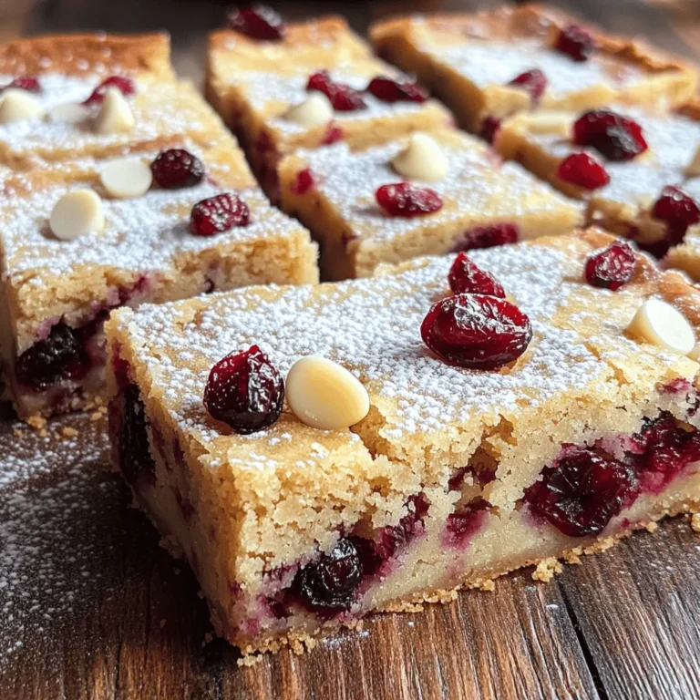 - 1 cup (2 sticks) unsalted butter, melted - 1 cup brown sugar, packed - 1/2 cup granulated sugar - 3 large eggs - 1 teaspoon vanilla extract - 2 cups all-purpose flour - 1/2 teaspoon baking powder - 1/4 teaspoon baking soda - 1/2 teaspoon salt - 1 cup dried cranberries - 1 cup white chocolate chips These ingredients create a rich and sweet base. The butter gives moisture, while sugars add sweetness. Eggs add structure and lift. The flour combines everything, making it chewy. You can swap some ingredients if needed. For butter, use coconut oil for a dairy-free option. Brown sugar can be replaced with coconut sugar for a less sweet taste. If you want fewer calories, use egg whites instead of whole eggs. Always use fresh ingredients. Look for butter that is unsalted. This lets you control the salt level. Use high-quality white chocolate for a creamy taste. Choose dried cranberries without added sugar. This keeps the flavors balanced. Start by preheating your oven to 350°F (175°C). This step helps your blondies bake evenly. Next, prepare a 9x13 inch baking pan. You can grease it or line it with parchment paper. Using parchment paper makes it easy to lift out the blondies later. In a large bowl, combine 1 cup of melted unsalted butter with 1 cup of brown sugar and 1/2 cup of granulated sugar. Whisk them together until smooth. This mix should feel creamy. Next, add 3 large eggs, one at a time. Make sure to mix well after each egg. Finally, stir in 1 teaspoon of vanilla extract for that warm flavor. Take another bowl and whisk together 2 cups of all-purpose flour, 1/2 teaspoon of baking powder, 1/4 teaspoon of baking soda, and 1/2 teaspoon of salt. This step ensures that your baking powder and soda spread evenly. Slowly add this dry mix to your wet ingredients. Stir gently until just combined. Overmixing can make your blondies tough, so be careful. Once mixed, gently fold in 1 cup of dried cranberries and 1 cup of white chocolate chips. This gives your blondies their chewy texture and sweet flavor. Pour the batter into the prepared pan and spread it evenly. Bake in the oven for 25 to 30 minutes. Check for doneness by inserting a toothpick in the center. It should come out with a few moist crumbs, not wet batter. After baking, remove the pan from the oven. Let it cool for about 10 minutes. If you used parchment paper, lift the blondies out carefully. Place them on a wire rack to cool completely. Once cooled, cut them into squares. For a fun touch, dust with powdered sugar and add extra cranberries and white chocolate chips on top. Enjoy your sweet and chewy treat! Baking time can vary based on your oven. Start checking for doneness at 25 minutes. Stick a toothpick in the center. If it comes out with moist crumbs, they are ready. If it has wet batter, bake for a few more minutes. Always trust your eyes and nose; they will guide you. For soft and chewy blondies, avoid overmixing the batter. Mix just until combined. Be gentle when folding in cranberries and white chocolate. This helps keep them thick and chewy. Cooling the blondies in the pan for ten minutes helps them set. This step is key for a good texture. One big mistake is not measuring ingredients correctly. Use a kitchen scale for accuracy. Another mistake is not greasing the pan. This makes removing the blondies tricky. Lastly, avoid opening the oven door too often. Each time you do, heat escapes, affecting the bake. Stick to these tips, and you’ll have delicious blondies every time! {{image_2}} Adding nuts can give your blondies a nice crunch. I love using chopped walnuts or pecans. They add a rich flavor and a bit of texture. Simply fold in one cup of your chosen nuts when you mix in the cranberries and chocolate chips. This little change can make a big difference. You can switch up the flavors to fit your mood. Try using dark chocolate chips instead of white chocolate. They create a deep, rich taste. You can also add orange zest for a bright twist. Just one tablespoon of zest can lift the flavors. Don't be afraid to mix it up! To make these blondies gluten-free, use a gluten-free flour blend. Make sure it has a good mix of starches and proteins. You can also add a teaspoon of xanthan gum to help with texture. This way, everyone can enjoy these sweet and chewy treats without worry. To keep your cranberry white chocolate blondies fresh, store them in an airtight container. This keeps moisture in and helps them stay chewy. Place a piece of parchment paper between layers to prevent sticking. You can also add a slice of bread to help maintain moisture. If you want to save some blondies for later, freezing is a great option. First, let them cool completely. Then, cut them into squares and wrap each piece in plastic wrap. Place the wrapped blondies in a freezer-safe bag. They will stay fresh for up to three months. When you're ready to eat one, simply thaw it at room temperature. When stored properly at room temperature, these blondies last about five days. If you keep them in the fridge, they can last up to a week. Just remember to seal them well to maintain their sweet and chewy texture. You can tell the blondies are done when the edges are golden brown. Insert a toothpick in the center. If it comes out with a few moist crumbs, it's ready. If the toothpick has wet batter, bake for a few more minutes. Keep an eye on them to avoid overbaking. Yes, you can make these blondies a day in advance. Just cool them completely after baking. Then, store them in an airtight container at room temperature. This will help the flavors meld together, making them even tastier. If you want a change from white chocolate, you can use dark chocolate. You can also try semi-sweet chocolate chips for a richer flavor. Chopped nuts or butterscotch chips also make great substitutes. To make vegan blondies, you can use plant-based butter instead of regular butter. Replace the eggs with flax eggs or applesauce. Use dairy-free white chocolate chips to keep the flavor intact. Fresh cranberries can be used, but they are tart. You may want to add extra sugar to balance the flavor. Chop them into smaller pieces to mix better into the batter. This blog post covered all you need to make perfect cranberry white chocolate blondies. We explored ingredient lists, easy swaps, and tips for quality. I shared step-by-step baking instructions, plus ways to ensure the right texture. You learned about variations, storage tips, and common mistakes to avoid. As you bake, remember to have fun and try different flavors. Enjoy your blondies!