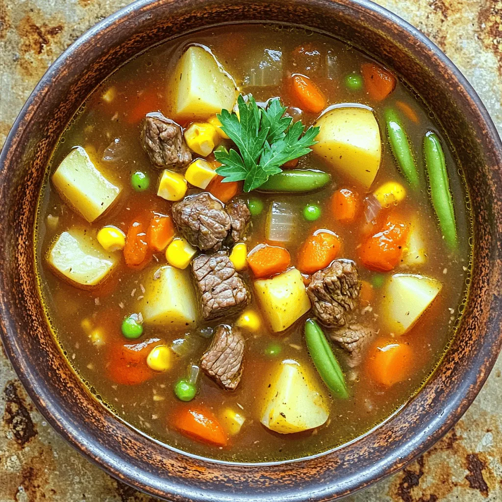 - Beef and Broth - 1 pound lean beef stew meat, cut into cubes - 4 cups low-sodium beef broth - Vegetables - 2 cups diced carrots - 2 cups peeled and cubed potatoes - 1 cup trimmed green beans, cut into 1-inch pieces - 1 cup corn kernels (fresh, frozen, or canned) - 1 cup diced tomatoes (canned or fresh) - 1 medium chopped onion - 3 cloves minced garlic - Seasonings and Extras - 2 tablespoons tomato paste - 1 teaspoon dried thyme - 1 teaspoon dried rosemary - 1 teaspoon paprika - Salt and pepper to taste - 1 tablespoon olive oil - Fresh parsley for garnish (optional) When you gather these ingredients, you set the stage for a warm, hearty meal. Each element plays a role in the soup's rich flavor. The beef stew meat provides a savory base, while the broth brings depth. The mix of vegetables adds color and nutrition. With the right seasonings, you’ll create a comforting bowl of goodness. This recipe is flexible. Feel free to swap vegetables based on what you have. You can also adjust the seasonings to match your taste. Enjoy the process of making this soup; it’s all about bringing warmth to your kitchen! Start with one pound of lean beef stew meat. Cut it into small cubes. Season the beef with salt and pepper. Heat one tablespoon of olive oil in a skillet over medium heat. Add the beef to the skillet. Brown the meat on all sides for about five to seven minutes. This step helps seal in the juices and adds flavor. Once browned, transfer the beef to the slow cooker. In the same skillet, add one chopped medium onion and three minced garlic cloves. Sauté these until the onion turns translucent. This should take about three to four minutes. The aroma will fill your kitchen! Once ready, move the sautéed onion and garlic to the slow cooker with the beef. Now it’s time to add the vegetables! Dice two cups of carrots and peel, then cube two cups of potatoes. Trim and cut one cup of green beans into one-inch pieces. You can also use one cup of corn kernels, fresh, frozen, or canned. Don't forget one cup of diced tomatoes, either canned or fresh. Add all these to your slow cooker. Stir in two tablespoons of tomato paste, one teaspoon each of dried thyme, dried rosemary, and paprika. Finally, pour in four cups of low-sodium beef broth. Mix everything well to combine. Cover the slow cooker with its lid. Cook on low for six to eight hours or on high for three to four hours. Check the soup when the time is up. The beef should be tender, and the vegetables cooked through. Taste and adjust seasoning with more salt and pepper if needed. Your warm, hearty vegetable beef soup is ready to enjoy! To boost the flavor of your soup, use fresh herbs. Fresh parsley adds a bright touch. You can also add a splash of Worcestershire sauce for depth. A squeeze of lemon juice brightens flavors too. Don’t skip the salt; it brings everything together. Taste as you go to find that perfect balance. Tender beef makes the soup rich and warm. Start by browning your meat well; this adds great flavor. Cook it in the slow cooker on low for a long time. This method breaks down tough fibers and keeps it juicy. You can also use a lean cut for health benefits. If your soup is too thick, add more broth. A little water works too. For a thicker soup, mash some potatoes in the pot. This adds creaminess without extra calories. Stir well to mix everything evenly. Always check before serving to get your desired texture. {{image_2}} You can mix up the veggies in your soup. Use what you like or have on hand. Zucchini, bell peppers, or peas work great. Just remember, softer veggies like zucchini need less time to cook. Add them in the last hour of cooking. This way, they stay bright and fresh. While beef is the star of this soup, feel free to swap it out. Chicken or turkey can be tasty options too. Just cut the meat into small pieces. If you use ground meat, brown it first to build flavor. Adjust the cooking time for smaller pieces. They will cook faster than beef. If you crave some heat, spice it up! Add red pepper flakes or diced jalapeños. Stir them in with the veggies. You can also use spicy sausage for a kick. Just remember, start with a small amount. You can always add more if you want extra heat later. After you enjoy your hearty vegetable beef soup, let it cool down. Use an airtight container to store the leftovers. Place the soup in the fridge. It can last for about 3 to 4 days. Make sure to label the container with the date. This is a simple way to keep track of how fresh it is. If you want to save soup for later, freezing is a great option. Use freezer-safe containers or bags. Leave some space at the top for expansion. The soup can freeze well for up to 3 months. When you're ready to eat, just thaw it overnight in the fridge. Remember, always freeze the soup before adding any dairy. This keeps it fresh and tasty. Reheating your soup is easy. You can do it on the stove or in the microwave. If using the stove, heat over medium-low until warm. Stir it often to keep it from sticking. In the microwave, use a microwave-safe bowl. Heat in short bursts, stirring in between to ensure even warming. Always check the temperature before serving. Enjoy your warm soup just like the first time! To make this soup vegetarian, you can replace the beef with hearty veggies or beans. Try using mushrooms for a meaty texture or lentils for protein. Use vegetable broth instead of beef broth. You can add more vegetables, like bell peppers or zucchini, for extra flavor. This way, you keep the taste and heartiness of the soup while making it plant-based. Yes, frozen vegetables work great in this soup. They save time and still taste good. Just add them straight to the slow cooker without thawing. Frozen veggies often retain their nutrients and flavor. They make the soup quick to prepare while keeping it healthy and tasty. Vegetable beef soup lasts about 3 to 4 days in the fridge. Be sure to store it in an airtight container to keep it fresh. If you want to keep it longer, consider freezing it. Frozen soup can last up to 3 months. Just remember to thaw it in the fridge before reheating. This blog post covered all the key steps to make a great vegetable beef soup. We explored the needed ingredients, from the beef to the best seasonings. I provided clear instructions for preparation and cooking. Numerous tips can help enhance flavor and improve texture. You can also try different vegetables or meats for variety. Lastly, I shared storage tips for your leftovers. Now, you can enjoy this warm dish any time. Happy cooking!