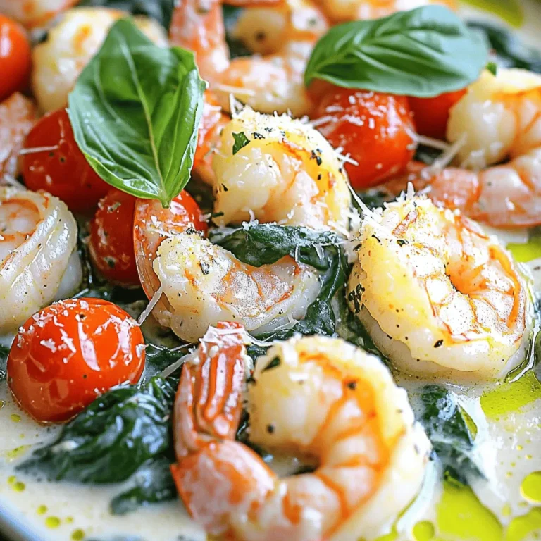 - 1 pound large shrimp, peeled and deveined - 3 tablespoons olive oil - 4 cloves garlic, minced - 1 cup cherry tomatoes, halved - 1 cup fresh spinach - 1 cup heavy cream - ½ cup grated Parmesan cheese - 1 teaspoon Italian seasoning - Salt and pepper to taste - Optional: ½ teaspoon red pepper flakes for heat - Fresh basil for garnish When I prepare Creamy Tuscan Garlic Shrimp, I focus on fresh, high-quality ingredients. The large shrimp take center stage. I love using shrimp that are already peeled and deveined for ease. They cook quickly and absorb the flavors well. I heat olive oil in a skillet. It adds a lovely richness. I always use fresh garlic; its smell is fantastic. Minced garlic cooks fast, so watch it closely. Next, I add cherry tomatoes. They add a burst of sweetness and color. I cut them in halves to help them soften. Fresh spinach goes in after that. It wilts quickly and adds a nice green touch. The heavy cream is key for that creamy texture. It blends well with the other flavors. I mix in grated Parmesan cheese for a savory kick. Italian seasoning ties everything together. Finally, I season with salt and pepper. A pinch of red pepper flakes gives it a nice heat if you like. I finish with fresh basil for a pop of color and flavor. Each ingredient plays a role, making this dish a tasty delight. To start, heat 2 tablespoons of olive oil in a large skillet over medium heat. This will create a nice base for your shrimp. Season 1 pound of large, peeled, and deveined shrimp with salt and pepper. Cook the shrimp for about 2-3 minutes on each side. You want them to turn pink and opaque. Once done, remove the shrimp from the skillet and set them aside. In the same skillet, add the last tablespoon of olive oil. Next, add 4 minced garlic cloves and sauté them for about 30 seconds. You want the garlic to be fragrant but not burnt. After that, add 1 cup of halved cherry tomatoes to the skillet. Cook them for about 3-4 minutes until they start to soften. Then, stir in 1 cup of fresh spinach and cook until it wilts, which takes about 2 minutes. Now, reduce the heat to low. Pour in 1 cup of heavy cream and stir well. Add 1 teaspoon of Italian seasoning and ½ cup of grated Parmesan cheese. Mix everything until the cheese melts and the sauce becomes creamy. Next, return the cooked shrimp to the skillet. Toss them to coat in the creamy sauce. Allow everything to heat through for another 2 minutes. If you like some heat, add ½ teaspoon of red pepper flakes. Taste the sauce and adjust the seasoning with salt and pepper if needed. Serve your creamy Tuscan garlic shrimp right away, garnished with fresh basil for a pop of color and flavor. To get the best shrimp, avoid overcooking. Cook the shrimp until they turn pink. This takes about 2-3 minutes per side. Overcooked shrimp can become tough and rubbery, ruining your meal. Check for doneness by looking for that bright pink color. The flesh should be opaque and firm. If you see gray areas, they need more time. Choose heavy cream with a high fat content for a rich sauce. This cream blends well and gives a smooth texture. To balance the flavor, add the Parmesan cheese slowly. Stir until it melts completely. If the sauce is too thick, add a splash of broth or more cream for a lighter touch. Adjust spice levels to fit your taste. If you like heat, sprinkle in red pepper flakes. Start with ½ teaspoon and add more if needed. Fresh herbs add a burst of flavor. Try adding basil or parsley for a fresh twist. You can mix and match herbs to create your perfect dish. {{image_2}} You can change the main protein in this dish. If you want to use chicken, take boneless pieces. Cook them until they are golden brown. Add the same sauce and enjoy a different flavor. Scallops are also great. They cook quickly and absorb the sauce well. For a vegetarian option, use mushrooms. They add a nice texture. Sauté them until they are golden before adding the sauce. Portobello or cremini mushrooms work perfectly. They soak up flavors and make the dish hearty. Want a dairy-free version? Use coconut cream instead of heavy cream. It adds a hint of sweetness while keeping the dish rich. You can also try almond milk. Just ensure you add a thickener like cornstarch to get a creamy texture. Consider adding fresh herbs like parsley or dill. They brighten the dish and add fresh notes. You can also mix in spices like smoked paprika or lemon zest. These will enhance your dish and add unique flavors. This creamy tuscan garlic shrimp pairs well with pasta. Try fettuccine or linguine for a classic combo. You can also serve it over rice, which soaks up the sauce nicely. If you want to serve it as an appetizer, use smaller shrimp. Present them in small bowls with toothpicks. They make for a delightful starter. This dish can also shine as a main dish, perfect for family dinners or special occasions. To keep your Creamy Tuscan Garlic Shrimp fresh, store leftovers in the fridge. Use an airtight container to prevent moisture loss. Try to eat it within 2-3 days for the best taste. If you add fresh basil, remove it before storing. This way, your shrimp stays fresh and tasty. When reheating, you want to keep the flavor and creaminess. The best method is to use a skillet. Heat the skillet on low, add a splash of cream, and then the shrimp. Stir gently until warmed through. This way, the sauce stays creamy and delicious. Avoid using a microwave, since it can make the shrimp rubbery. Can it be frozen? Yes, but it’s best to freeze it right after cooking. To freeze, let the dish cool completely. Then, transfer it to a freezer-safe container. Make sure to leave some space at the top for expansion. When ready to eat, thaw it in the fridge overnight. Reheat gently in a skillet for the best results. Yes, you can prepare Creamy Tuscan Garlic Shrimp ahead of time. To do this, cook the shrimp and sauce separately. Store the shrimp in one container and the sauce in another. When you're ready to eat, simply reheat them together in a skillet. This keeps the shrimp juicy and the sauce creamy. Tips for meal prep: - Cook shrimp just until pink, then cool them. - Make the sauce and let it cool before storing. - Store in airtight containers for freshness. - Reheat on low heat to avoid overcooking. If you don’t have Parmesan cheese, there are great options. You can use Pecorino Romano for a sharper taste. Grana Padano is also a good substitute with a similar flavor. Nutritional yeast works well too, especially for a dairy-free option. Alternative cheese options: - Pecorino Romano - Grana Padano - Nutritional yeast (dairy-free) To add more heat, you can include red pepper flakes. Start with a small amount and adjust to your taste. You can also add diced jalapeños or a dash of hot sauce. These options give your dish a nice kick. Suggestions for heat adjustments: - Add red pepper flakes to the sauce. - Use diced jalapeños for a fresh heat. - Include a few drops of hot sauce when serving. This blog post covered how to make creamy Tuscan garlic shrimp. We discussed the key ingredients, step-by-step instructions, and helpful tips for cooking. You learned about variations, storage, and reheating guidelines. Remember, perfect shrimp come from not overcooking them. You can also try different proteins or sauces to add your twist. Enjoy making this dish, and don't forget to experiment with flavors. Cooking should be fun and tasty!
