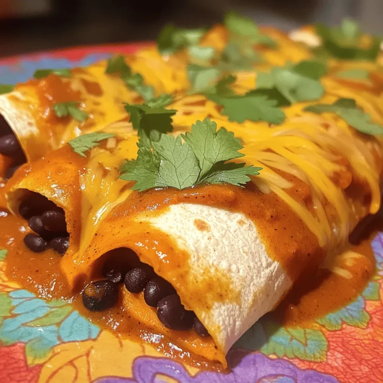 To make your Sweet Potato Black Bean Enchiladas, gather these essential ingredients: - 2 large sweet potatoes, peeled and diced - 1 can (15 oz) black beans, drained and rinsed - 1 cup corn kernels (fresh, frozen, or canned) - 1 red bell pepper, diced - 1 small red onion, finely chopped - 2 cloves garlic, minced - 1 teaspoon ground cumin - 1 teaspoon smoked paprika - 1 teaspoon chili powder - Salt and pepper to taste - 8 corn tortillas - 1 cup enchilada sauce (store-bought or homemade) - 1 cup shredded cheese (cheddar or pepper jack) - Fresh cilantro for garnish These ingredients create a rich and hearty filling. The sweet potatoes bring a slight sweetness, while the black beans add protein. Corn and bell peppers provide color and crunch. If you want to switch things up, consider these optional ingredients: - Zucchini, diced - Spinach or kale, chopped - Jalapeños, diced for heat - Lime juice for a zesty kick These additions can enhance flavor and texture. Feel free to mix and match based on your taste. Finish your enchiladas with these recommended toppings: - Sliced avocado - Sour cream or Greek yogurt - Sliced green onions - Extra cilantro - Crumbled queso fresco These toppings add a fresh touch and make your dish visually appealing. They also enhance the flavor and add creaminess. Start by boiling the sweet potatoes. Peel and dice two large sweet potatoes. Boil them for 10-15 minutes until they are fork-tender. Drain them and set them aside. In a large skillet, heat a splash of olive oil over medium heat. Add one small chopped red onion and one diced red bell pepper. Sauté for about five minutes until they soften. Add two minced garlic cloves, one teaspoon of cumin, one teaspoon of smoked paprika, and one teaspoon of chili powder. Cook this mixture for one more minute to release the flavors. Now, stir in the cooked sweet potatoes, one can of drained black beans, and one cup of corn. Season with salt and pepper. Mix well and remove from heat. Grab a 9x13 inch baking dish and spread a little enchilada sauce on the bottom. This helps prevent sticking. Take a corn tortilla and lay it flat. Add about 1/4 cup of the sweet potato filling in the center of the tortilla. Roll it tightly and place it seam-side down in the baking dish. Repeat this with the remaining tortillas and filling until you fill the dish. Once all are assembled, pour the remaining enchilada sauce over the top, ensuring even coverage. Sprinkle one cup of shredded cheese on top of the sauce. Cover the baking dish with aluminum foil to stop the enchiladas from burning. Bake them in the preheated oven at 375°F for 20 minutes. After that, remove the foil and bake for another 10 minutes until the cheese is bubbly and slightly golden. Once done, let the enchiladas cool for a few minutes. Serve them on a colorful plate. Drizzle with extra enchilada sauce and top with fresh cilantro for a pop of flavor and color. Enjoy your flavorful sweet potato black bean enchiladas! To cook sweet potatoes, start by peeling and dicing them. Cut them into small pieces. This helps them cook faster. Boil them in a pot of water for about 10 to 15 minutes. Check for doneness with a fork; it should slide in easily. Drain the potatoes and set them aside. Perfectly cooked sweet potatoes are soft and sweet, adding great flavor to your enchiladas. To make your enchiladas pop, use spices wisely. Ground cumin brings warmth, while smoked paprika adds depth. Chili powder gives a hint of heat. Always taste and adjust salt and pepper. Fresh garlic makes a big difference in flavor. For fun twists, try adding lime juice or chopped herbs. These small changes create a more vibrant filling. Tortillas can crack when you roll them. To avoid this, warm them first. You can heat them in a dry skillet for a few seconds on each side. This makes them more pliable. Alternatively, wrap them in a damp paper towel and microwave for about 30 seconds. A warm tortilla rolls easily without breaking. {{image_2}} You can easily make these enchiladas vegan. First, skip the cheese. Instead, use a vegan cheese or nutritional yeast. This adds a cheesy flavor without dairy. You can also use a plant-based sour cream. It gives a creamy finish. All the other ingredients, like sweet potatoes and black beans, are already vegan. This makes it simple to keep the dish plant-based. To make these enchiladas gluten-free, choose corn tortillas. They are naturally gluten-free. Check the label to be sure. Most enchilada sauces are also gluten-free. Just read the ingredients. If you want a thicker sauce, you can blend some cooked sweet potatoes into it. This adds flavor and keeps it gluten-free. If you want to switch up the cheese, try different options. Here are some ideas: - Feta cheese: It adds a tangy flavor. - Goat cheese: This gives a creamy texture. - Vegan cheese: Choose your favorite brand for a plant-based option. Experimenting with cheeses can give your enchiladas a unique twist. Each choice changes the taste and texture. Once you finish your sweet potato black bean enchiladas, you might have some left. To store them, let the enchiladas cool down to room temperature first. Then, place them in an airtight container. This keeps them fresh and tasty. You can keep them in the fridge for up to three days. If you use a glass dish with a lid, that works great too. To reheat your enchiladas, preheat your oven to 350°F (175°C). Cover the dish with foil to keep the moisture in. Bake for about 20 minutes or until hot. If you want a crispy top, remove the foil for the last 5 minutes. You can also use a microwave. Just place one enchilada on a microwave-safe plate, cover it with a damp paper towel, and heat for 1-2 minutes. If you want to save some enchiladas for later, freezing is a great option. Assemble the enchiladas as usual but do not bake them. Wrap each enchilada tightly in plastic wrap and place them in a freezer bag. Label the bag with the date. You can freeze them for up to three months. To cook, thaw them in the fridge overnight, then bake as usual. This keeps your meal prep easy and fun! Yes, you can prepare enchiladas in advance. Assemble them and store in the fridge. Cover with foil to keep them fresh. Bake them the next day for a quick meal. This method saves time during busy nights. Just make sure to add a few extra minutes to the baking time. If you want to switch sweet potatoes, try butternut squash or regular potatoes. Both options give a nice texture. You can even use cooked lentils for a protein boost. Each substitute will change the flavor a bit, but they all work well. Making enchilada sauce is easy! Use these simple steps: - Ingredients: - 1 can (15 oz) tomato sauce - 2 tablespoons chili powder - 1 teaspoon garlic powder - 1 teaspoon onion powder - 1 teaspoon ground cumin - Salt to taste - Instructions: 1. In a bowl, mix all ingredients well. 2. Taste and adjust salt or spices as needed. 3. Use the sauce right away or store it in the fridge for later. This homemade enchilada sauce adds great flavor to your dish! Sweet potato black bean enchiladas are simple and fun to make. You learned about the key ingredients, optional twists, and tasty toppings. I shared easy steps for cooking and assembling, plus tips to enhance flavor. You also saw how to store leftovers and adapt the recipe for special diets. Now, you can enjoy delicious enchiladas anytime. Get creative with ingredients and toppings. Cook with joy and share your delicious results!