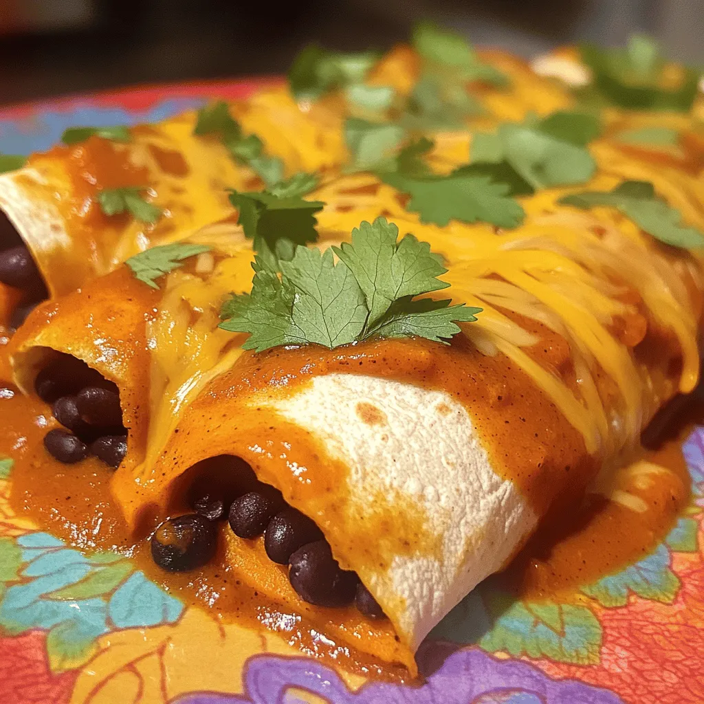 To make your Sweet Potato Black Bean Enchiladas, gather these essential ingredients: - 2 large sweet potatoes, peeled and diced - 1 can (15 oz) black beans, drained and rinsed - 1 cup corn kernels (fresh, frozen, or canned) - 1 red bell pepper, diced - 1 small red onion, finely chopped - 2 cloves garlic, minced - 1 teaspoon ground cumin - 1 teaspoon smoked paprika - 1 teaspoon chili powder - Salt and pepper to taste - 8 corn tortillas - 1 cup enchilada sauce (store-bought or homemade) - 1 cup shredded cheese (cheddar or pepper jack) - Fresh cilantro for garnish These ingredients create a rich and hearty filling. The sweet potatoes bring a slight sweetness, while the black beans add protein. Corn and bell peppers provide color and crunch. If you want to switch things up, consider these optional ingredients: - Zucchini, diced - Spinach or kale, chopped - Jalapeños, diced for heat - Lime juice for a zesty kick These additions can enhance flavor and texture. Feel free to mix and match based on your taste. Finish your enchiladas with these recommended toppings: - Sliced avocado - Sour cream or Greek yogurt - Sliced green onions - Extra cilantro - Crumbled queso fresco These toppings add a fresh touch and make your dish visually appealing. They also enhance the flavor and add creaminess. Start by boiling the sweet potatoes. Peel and dice two large sweet potatoes. Boil them for 10-15 minutes until they are fork-tender. Drain them and set them aside. In a large skillet, heat a splash of olive oil over medium heat. Add one small chopped red onion and one diced red bell pepper. Sauté for about five minutes until they soften. Add two minced garlic cloves, one teaspoon of cumin, one teaspoon of smoked paprika, and one teaspoon of chili powder. Cook this mixture for one more minute to release the flavors. Now, stir in the cooked sweet potatoes, one can of drained black beans, and one cup of corn. Season with salt and pepper. Mix well and remove from heat. Grab a 9x13 inch baking dish and spread a little enchilada sauce on the bottom. This helps prevent sticking. Take a corn tortilla and lay it flat. Add about 1/4 cup of the sweet potato filling in the center of the tortilla. Roll it tightly and place it seam-side down in the baking dish. Repeat this with the remaining tortillas and filling until you fill the dish. Once all are assembled, pour the remaining enchilada sauce over the top, ensuring even coverage. Sprinkle one cup of shredded cheese on top of the sauce. Cover the baking dish with aluminum foil to stop the enchiladas from burning. Bake them in the preheated oven at 375°F for 20 minutes. After that, remove the foil and bake for another 10 minutes until the cheese is bubbly and slightly golden. Once done, let the enchiladas cool for a few minutes. Serve them on a colorful plate. Drizzle with extra enchilada sauce and top with fresh cilantro for a pop of flavor and color. Enjoy your flavorful sweet potato black bean enchiladas! To cook sweet potatoes, start by peeling and dicing them. Cut them into small pieces. This helps them cook faster. Boil them in a pot of water for about 10 to 15 minutes. Check for doneness with a fork; it should slide in easily. Drain the potatoes and set them aside. Perfectly cooked sweet potatoes are soft and sweet, adding great flavor to your enchiladas. To make your enchiladas pop, use spices wisely. Ground cumin brings warmth, while smoked paprika adds depth. Chili powder gives a hint of heat. Always taste and adjust salt and pepper. Fresh garlic makes a big difference in flavor. For fun twists, try adding lime juice or chopped herbs. These small changes create a more vibrant filling. Tortillas can crack when you roll them. To avoid this, warm them first. You can heat them in a dry skillet for a few seconds on each side. This makes them more pliable. Alternatively, wrap them in a damp paper towel and microwave for about 30 seconds. A warm tortilla rolls easily without breaking. {{image_2}} You can easily make these enchiladas vegan. First, skip the cheese. Instead, use a vegan cheese or nutritional yeast. This adds a cheesy flavor without dairy. You can also use a plant-based sour cream. It gives a creamy finish. All the other ingredients, like sweet potatoes and black beans, are already vegan. This makes it simple to keep the dish plant-based. To make these enchiladas gluten-free, choose corn tortillas. They are naturally gluten-free. Check the label to be sure. Most enchilada sauces are also gluten-free. Just read the ingredients. If you want a thicker sauce, you can blend some cooked sweet potatoes into it. This adds flavor and keeps it gluten-free. If you want to switch up the cheese, try different options. Here are some ideas: - Feta cheese: It adds a tangy flavor. - Goat cheese: This gives a creamy texture. - Vegan cheese: Choose your favorite brand for a plant-based option. Experimenting with cheeses can give your enchiladas a unique twist. Each choice changes the taste and texture. Once you finish your sweet potato black bean enchiladas, you might have some left. To store them, let the enchiladas cool down to room temperature first. Then, place them in an airtight container. This keeps them fresh and tasty. You can keep them in the fridge for up to three days. If you use a glass dish with a lid, that works great too. To reheat your enchiladas, preheat your oven to 350°F (175°C). Cover the dish with foil to keep the moisture in. Bake for about 20 minutes or until hot. If you want a crispy top, remove the foil for the last 5 minutes. You can also use a microwave. Just place one enchilada on a microwave-safe plate, cover it with a damp paper towel, and heat for 1-2 minutes. If you want to save some enchiladas for later, freezing is a great option. Assemble the enchiladas as usual but do not bake them. Wrap each enchilada tightly in plastic wrap and place them in a freezer bag. Label the bag with the date. You can freeze them for up to three months. To cook, thaw them in the fridge overnight, then bake as usual. This keeps your meal prep easy and fun! Yes, you can prepare enchiladas in advance. Assemble them and store in the fridge. Cover with foil to keep them fresh. Bake them the next day for a quick meal. This method saves time during busy nights. Just make sure to add a few extra minutes to the baking time. If you want to switch sweet potatoes, try butternut squash or regular potatoes. Both options give a nice texture. You can even use cooked lentils for a protein boost. Each substitute will change the flavor a bit, but they all work well. Making enchilada sauce is easy! Use these simple steps: - Ingredients: - 1 can (15 oz) tomato sauce - 2 tablespoons chili powder - 1 teaspoon garlic powder - 1 teaspoon onion powder - 1 teaspoon ground cumin - Salt to taste - Instructions: 1. In a bowl, mix all ingredients well. 2. Taste and adjust salt or spices as needed. 3. Use the sauce right away or store it in the fridge for later. This homemade enchilada sauce adds great flavor to your dish! Sweet potato black bean enchiladas are simple and fun to make. You learned about the key ingredients, optional twists, and tasty toppings. I shared easy steps for cooking and assembling, plus tips to enhance flavor. You also saw how to store leftovers and adapt the recipe for special diets. Now, you can enjoy delicious enchiladas anytime. Get creative with ingredients and toppings. Cook with joy and share your delicious results!