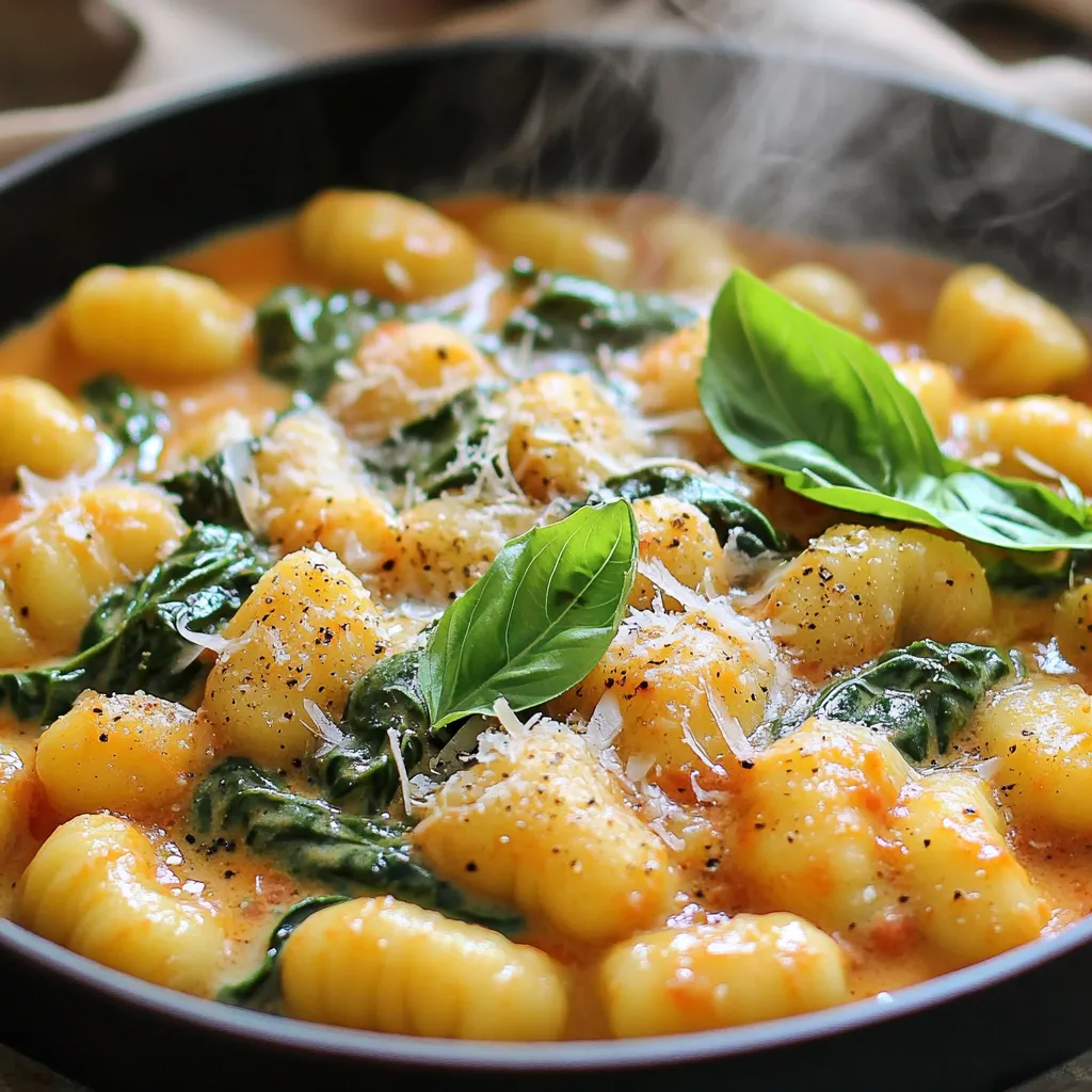 To make creamy tomato spinach gnocchi, you’ll need the following key ingredients: - 1 pound gnocchi - 2 tablespoons olive oil - 3 cloves garlic, minced - 1 can (14 ounces) crushed tomatoes - 1 cup heavy cream - 2 cups fresh spinach - 1 teaspoon dried oregano - Salt and pepper to taste - 1/2 cup grated Parmesan cheese - Fresh basil leaves for garnish These ingredients come together to create a rich and delightful dish. The gnocchi is soft and pillowy. The sauce is creamy and full of flavor. You can enhance your dish with these optional ingredients: - 1/2 teaspoon red pepper flakes (for heat) - Additional herbs like thyme or parsley - A splash of white wine for depth These extras can add layers of flavor to your meal. If you like spice, the red pepper flakes are a great choice. If you’re missing an ingredient, don’t worry! Here are some substitutes: - Use vegetable broth instead of heavy cream for a lighter sauce. - Swap out gnocchi for pasta if you prefer. - Fresh spinach can be replaced with kale or Swiss chard. These substitutes can work well and still give you a tasty dish. Adjust based on what you have at home. To start, bring a large pot of salted water to a boil. This helps the gnocchi cook evenly. Add the gnocchi to the boiling water. Cook them according to the package instructions. Watch closely! They will float to the top when done. This means they are ready. Drain the gnocchi and set them aside. Next, we will make the sauce. In a large skillet, heat two tablespoons of olive oil over medium heat. Once the oil is hot, add three cloves of minced garlic. Sauté the garlic for about one minute. You want it fragrant but not brown. Now, pour in a can of crushed tomatoes. Stir well and let it simmer for five minutes. This brings out the tomato flavor. Now, lower the heat and slowly stir in one cup of heavy cream. Keep cooking for three to four minutes. The sauce should thicken slightly. Add two cups of fresh spinach next. Stir in one teaspoon of dried oregano and half a teaspoon of red pepper flakes if you like heat. Season with salt and pepper to taste. Stir until the spinach wilts down. Now it’s time to combine everything. Add the cooked gnocchi to the skillet. Toss them gently to coat in the creamy sauce. Sprinkle in half a cup of grated Parmesan cheese. Stir until it melts into the sauce. This makes the dish rich and flavorful. Finally, taste your dish and adjust the seasoning if needed. Add more salt, pepper, or cheese if you like. Serve hot and garnish with fresh basil leaves for a pop of color. Enjoy your meal! To cook gnocchi, start with a pot of salted water. Bring it to a boil. Add the gnocchi and wait until they float. This usually takes just a few minutes. Floating means they are done. Drain them and set aside. This quick step keeps the gnocchi soft and fluffy. To boost flavors, always use fresh garlic. It adds a nice kick. Dried herbs, like oregano, work well too. If you like heat, add red pepper flakes. They give a nice warmth without being too hot. Finish with grated Parmesan for a rich taste. Fresh basil on top adds a fresh aroma. Serve the creamy tomato spinach gnocchi right away. It tastes best fresh. Pair it with a side salad for a complete meal. A slice of crusty bread also works great. This adds texture and is perfect for dipping in the sauce. Enjoy it with family or friends for a cozy dinner night. {{image_2}} You can easily make this dish vegan. Use plant-based cream instead of heavy cream. Look for brands that mimic the texture of dairy cream. You can also skip the Parmesan cheese or use a vegan cheese alternative. This keeps the dish rich and creamy, even without animal products. Want to add protein? Cook some diced chicken or shrimp separately. Sauté them in a pan until they are golden brown. Once cooked, toss them in with the gnocchi and creamy sauce. This addition makes the dish heartier and more filling. Use grilled chicken for a smoky flavor or shrimp for a light touch. If you need a gluten-free option, look for gluten-free gnocchi. Many brands offer tasty alternatives made from rice or potato. Just follow the package cooking instructions to get the best results. You can enjoy the same creamy sauce and flavors while keeping it gluten-free. To keep your creamy tomato spinach gnocchi fresh, store it in an airtight container. Let it cool to room temperature before sealing. You can keep it in the fridge for up to three days. If you plan to store it longer, consider freezing it instead. When you're ready to enjoy the leftovers, reheat them gently. You can use a skillet over low heat. Add a splash of water or cream to help loosen the sauce. Stir often to avoid burning. You can also microwave it in short bursts. Stir between each burst for even heating. If you want to freeze the dish, it's best to freeze it before adding the cheese. This way, the gnocchi stays firm and tasty. Use a freezer-safe container, and it can last for up to three months. When you’re ready to eat, thaw it overnight in the fridge. Then, reheat it slowly and add the cheese right before serving. Yes, you can use fresh tomatoes! Just chop about 2-3 medium tomatoes. Cook them down in the skillet until they break apart. This adds a fresh flavor to your dish. To add heat, sprinkle in more red pepper flakes. You can also use hot sauce. If you want more kick, try adding chopped jalapeños. Adjust to fit your taste! You can add many veggies! Try mushrooms, bell peppers, or zucchini. Broccoli or kale work well too. Mix and match to create your favorite blend of flavors. Yes, you can make it ahead. Cook the gnocchi and sauce separately. Store them in the fridge for up to 2 days. When ready, just combine and heat. Making gnocchi is easy! Use 2 cups of mashed potatoes. Mix with 1 cup of flour and 1 egg. Knead until smooth, then cut and shape into small pieces. Boil until they float. Enjoy your homemade gnocchi! This blog post covered the key ingredients for making gnocchi, both main and optional. I provided step-by-step instructions for cooking, sauce prep, and combining. You learned tips for perfecting gnocchi and ideas for flavorful variations. We also discussed how to store and reheat leftovers efficiently. As you explore your gnocchi-making, remember that cooking is fun and creative. Experiment with flavors and share your tasty results!