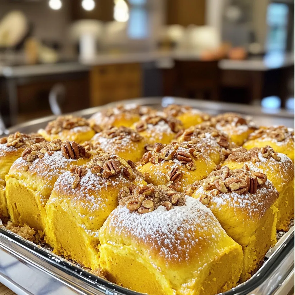 - 3 ½ cups all-purpose flour - 2 ¼ teaspoons active dry yeast (1 packet) - ½ cup warm milk (110°F) - ½ cup canned pumpkin puree - ⅓ cup granulated sugar - 1 teaspoon salt - 1 teaspoon ground cinnamon - ½ teaspoon ground nutmeg - ¼ teaspoon ground ginger - 2 large eggs - ⅓ cup unsalted butter, melted - ¼ cup brown sugar, for sprinkling - Optional: Chopped pecans or walnuts for added crunch To make your Pull Apart Pumpkin Bread, gather the ingredients first. The blend of warm milk and yeast starts the magic. The yeast needs to froth to show it is active. Use a good quality canned pumpkin puree for that rich flavor. The spices give warmth and depth. You can also add chopped nuts for a crunchy bite. Having all these ingredients prepared makes the process smooth. It is important to use room temperature eggs and melted butter for better mixing. This way, you set up a perfect dough. - Combine ½ cup warm milk and 2 ¼ teaspoons yeast in a bowl. - Allow it to sit for 5 minutes until frothy. This step wakes up the yeast. - In a large bowl, whisk together 3 ½ cups flour, ⅓ cup sugar, 1 teaspoon salt, 1 teaspoon cinnamon, ½ teaspoon nutmeg, and ¼ teaspoon ginger. - Add ½ cup pumpkin puree, ⅓ cup melted butter, and 2 large eggs to the dry mix. - Pour in the frothy yeast mixture. Mix until a dough begins to form. - Knead the dough on a floured surface for 5 to 7 minutes. The dough should feel smooth and elastic. - Place the kneaded dough in a greased bowl. Cover it with a towel and let it rise for about 1 hour. It should double in size. - Once risen, punch the dough down gently. Divide it into 12 equal pieces. - Roll each piece into a ball and coat them in ¼ cup brown sugar mixture. This adds a sweet touch. - Layer the dough balls in a greased bundt pan. Stack them randomly for a fun pull-apart effect. - Cover the pan with a towel and let it rise for another 30 minutes. - Preheat your oven to 350°F (175°C) during the second rise. - Bake the bread for 25 to 30 minutes, or until golden brown. It should sound hollow when tapped. To make great dough, kneading is key. Knead the dough for 5 to 7 minutes. This helps the dough become smooth and elastic. You want it to feel soft and stretchy. After kneading, the dough needs to rise. This step is crucial. It allows the yeast to work and makes the bread fluffy. Let it rise in a warm spot until it doubles in size. Once your bread is baked, it's time to serve! A light dusting of powdered sugar adds sweetness. It also makes your bread look pretty. You can also serve it with cream cheese spread. The cream cheese adds a nice, creamy touch. Together, they make a perfect pair for breakfast or dessert. Many people face issues with dough. One common mistake is letting the dough dry out. Always cover it with a towel while it rises. This keeps the moisture in. Another mistake is not activating the yeast properly. Make sure your milk is warm, not hot. If the milk is too hot, it can kill the yeast. Always check the temperature to ensure your dough rises well. {{image_2}} You can change up the flavors in your pull apart pumpkin bread. A cinnamon sugar twist adds a sweet crunch. Just mix cinnamon with sugar and sprinkle it on the dough balls before layering them in the pan. If you love chocolate, try adding chocolate chips. They melt into the warm bread and make it extra yummy. For those who need gluten-free options, substitute all-purpose flour with a gluten-free blend. Make sure it has xanthan gum to help with texture. If you're cutting back on sugar, reduce the granulated sugar in the dough. You can also replace the brown sugar topping with a sugar substitute for a healthier option. This bread is great for the holidays! Add cranberries or chopped apples for a fruity touch. They bring a nice tartness that pairs well with pumpkin. You can also spice things up by adding nutmeg or allspice for a warm, festive flavor. These small tweaks can make your bread a holiday favorite. To keep your pull apart pumpkin bread fresh, wrap it tightly in plastic wrap. You can also store it in an airtight container. This helps to lock in moisture. Place it at room temperature for up to 3 days. If you want to keep it longer, consider the freezer. For freezing, slice the bread first. Wrap each piece in plastic wrap and then in aluminum foil. This prevents freezer burn. You can freeze it for up to 3 months. When you're ready to eat, just thaw the slices in the fridge overnight. To reheat, place slices in a toaster or oven. Heat at 350°F for about 10 minutes. This will make the bread warm and soft again. Enjoy it fresh, just like when you first baked it! You can tell if your dough has risen enough by looking for signs. The dough should double in size. This usually takes about one hour. If you poke it with your finger, it should hold an impression. The surface should feel puffy and soft. Yes, you can make this recipe in advance. Prepare the dough and let it rise. Then, cover it and place it in the fridge overnight. When you're ready to bake, let it warm up for about 30 minutes before shaping. This gives you fresh bread without the last-minute rush. If you don't have pumpkin puree, you can use other options. Mashed sweet potatoes work well as a substitute. You can also use butternut squash puree or even applesauce. Each will give a different flavor but still be tasty. Yes, you can use different types of flour. Whole wheat flour can be a great choice. It adds a nutty flavor and more fiber. If you want gluten-free, try a blend of almond and coconut flour. Keep in mind that it may change the texture a bit. This blog post covers how to make a delicious pull-apart pumpkin bread. You learned about the simple ingredients, step-by-step instructions, and useful tips. Remember to knead the dough well and ensure it rises properly for the best texture. Try different variations to keep it exciting, like adding chocolate chips or seasonal spices. Store your bread correctly to enjoy it longer. With these tips, you can create a tasty treat that your family will love. Now, get baking!