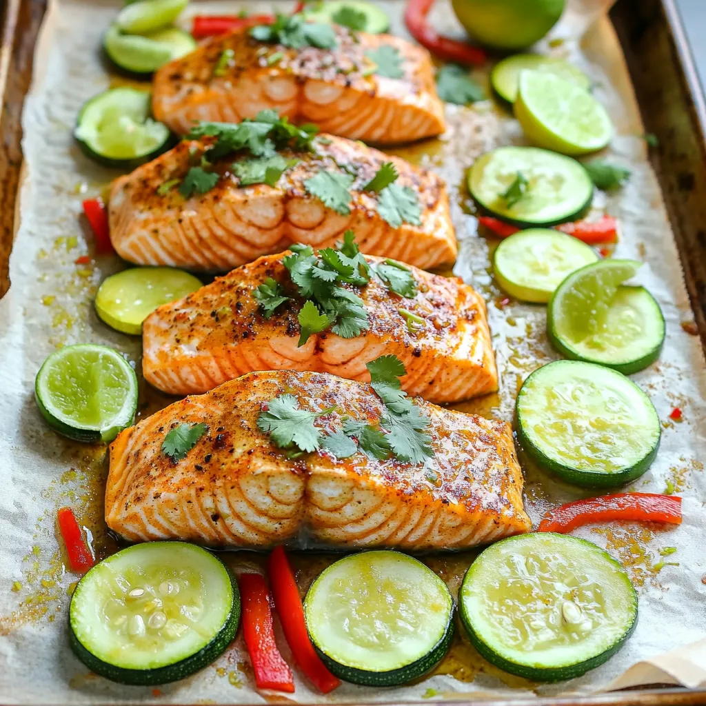 - 4 salmon fillets - 2 medium zucchinis, sliced into half-moons - 1 red bell pepper, sliced - 1 tablespoon olive oil - Juice of 2 limes - Zest of 1 lime - 2 teaspoons chili powder - 1 teaspoon smoked paprika - 2 cloves garlic, minced - Salt and pepper, to taste - Fresh cilantro - Lime wedges When I create the Chili Lime Salmon & Zucchini Sheet Pan, I focus on fresh and vibrant ingredients. The salmon fillets are the star of this dish. They offer rich flavor and healthy fats. Zucchini and red bell pepper add crunch and color. Together, they make a hearty meal. Next, I prepare the spices and seasonings. Olive oil brings richness, while lime juice and zest add a fresh kick. Chili powder and smoked paprika provide warmth and depth. Garlic, salt, and pepper round out the flavors. Each spice plays a role in making this dish shine. For a finishing touch, I suggest garnishing with fresh cilantro and lime wedges. They enhance the look and taste of the dish. You can serve this meal directly on the sheet pan for a fun vibe. Or, use a colorful platter for a more polished presentation. First, preheat your oven to 425°F (220°C). This temperature ensures the salmon cooks perfectly. While the oven heats, line a large sheet pan with parchment paper. This makes cleanup quick and easy. In a small bowl, combine the olive oil, lime juice, and lime zest. Add chili powder, smoked paprika, minced garlic, salt, and pepper. Use a whisk to mix everything together. This helps the flavors blend well. Place the salmon fillets in the center of the lined sheet pan. Drizzle half of the spice mixture over the salmon. Make sure each piece is well-coated. In another bowl, toss the zucchini and red bell pepper slices with the rest of the spice mix. Spread these veggies around the salmon on the pan. Bake in the preheated oven for 15-20 minutes. Check the salmon by flaking it with a fork. It should be tender and flaky. The vegetables should also be soft and cooked through. This timing gives you a delicious meal with vibrant flavors. To get the most flavor from your salmon, marinate it well. I mix olive oil, lime juice, zest, chili powder, smoked paprika, garlic, salt, and pepper. Let the salmon sit in this mix for 15 minutes. This allows the fish to take in all the yummy flavors. Don't forget to season your veggies, too. Toss the zucchini and red bell peppers in the same spice mix. This helps them pop with flavor as they roast alongside the salmon. Keep an eye on your cooking time. I recommend baking the dish for 15-20 minutes. Salmon cooks quickly, so check for doneness at 15 minutes. The fish should flake easily with a fork. If you notice the salmon or veggies browning too fast, lower the oven temperature. A gentle bake helps keep everything tender and juicy. For a rustic look, serve directly on the sheet pan. This adds a cozy vibe to your meal. If you want a more polished look, plate the salmon and veggies on a bright platter. Adding lime wedges on the side makes your dish visually appealing. It also gives guests the option to add extra zing. {{image_2}} You can switch zucchini with asparagus. Asparagus adds a nice crunch. Use fresh asparagus spears for the best flavor. You can also add cherry tomatoes or other seasonal veggies. Bell peppers, green beans, or even corn work great. Mixing colors makes the dish pop! Want to change the taste? Use different spices or herbs. Try cumin for warmth or oregano for an earthy flavor. You can also experiment with different citrus fruits. Oranges or lemons can give a fresh twist. Each citrus adds its own unique taste. Air frying is a fun option for this dish. It cooks quickly and makes the salmon crisp. Set your air fryer to 400°F (200°C) and cook for about 10-15 minutes. You can also grill the salmon for a smoky flavor. Grilling gives a nice char and enhances the taste. Just be sure to watch it closely! To keep your Chili Lime Salmon and Zucchini fresh, use airtight containers. Glass containers work well and are safe for reheating. You can also use plastic containers with a good seal. Store leftovers in the fridge for up to three days. When ready to eat, I suggest using an oven or microwave. For the oven, set it to 350°F (175°C) and heat for about 10 minutes. If you use a microwave, place the salmon and veggies on a plate. Heat in short bursts of 30 seconds. Check often to avoid overcooking. To freeze leftovers, let them cool first. Then, wrap each piece of salmon in plastic wrap. Place the wrapped salmon and veggies in a freezer bag. This way, they stay fresh for up to three months. When you want to eat them, thaw overnight in the fridge. Reheat as described earlier, ensuring they stay juicy and tasty. Yes, you can use frozen salmon. Just remember to thaw it first. Place the frozen salmon in the fridge overnight. If you're short on time, submerge it in cold water for about an hour. Once thawed, pat the salmon dry with a paper towel. This helps the spice mix stick better. You have many tasty options! Here are some ideas: - Steamed rice or quinoa for a filling base. - A fresh green salad to add crunch. - Roasted potatoes for a hearty side. - Corn on the cob for sweetness. - Avocado slices for creaminess. These sides bring out the flavors of the salmon. If you want more heat, try these tips: - Add more chili powder to the spice mix. - Mix in some cayenne pepper for extra kick. - Serve with sliced jalapeños on top. - Drizzle with hot sauce before serving. - Use a spicy salsa as a topping. Adjust the spice to fit your taste! In this article, I covered how to make a delicious Chili Lime Salmon dish. We discussed the main ingredients, spices, and different cooking methods. I shared tips for flavor and presentation, plus variations to keep it exciting. Remember, fresh ingredients and a few spices can make a great meal. Don’t forget to enjoy your flavorful dish with the right sides. Happy cooking!