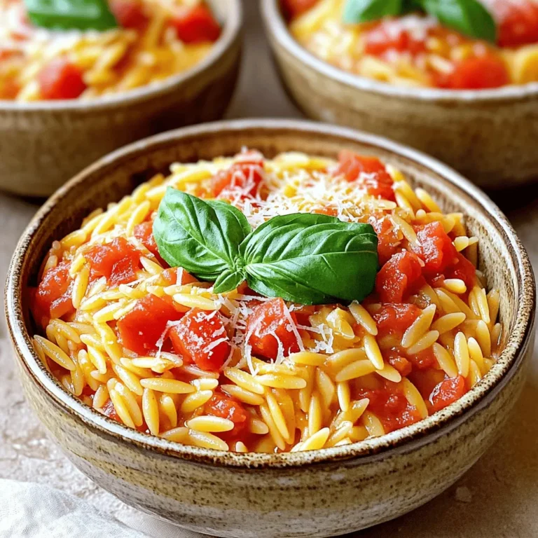To make this dish, you need a few main ingredients: - 1 cup orzo pasta - 2 tablespoons olive oil - 1 small onion, finely chopped - 2 cloves garlic, minced - 1 can (14 oz) diced tomatoes, with juices - 1 cup vegetable broth - 1 cup heavy cream - 1 teaspoon dried Italian herbs - Salt and pepper to taste - 1 cup fresh basil leaves, chopped - ½ cup grated Parmesan cheese These ingredients bring together a rich and creamy flavor. The orzo pasta gives a nice texture, while the tomatoes add a bright taste. The heavy cream makes the dish smooth and luscious. You can customize this dish to make it your own. Here are some optional ingredients: - Spinach or kale for extra greens - Red pepper flakes for heat - Mushrooms for umami flavor - Lemon zest for brightness Feel free to mix and match these extras based on what you like. Adding new flavors can make this dish even more exciting. If you run out of something, don’t worry! Here are some easy swaps: - Use chicken broth instead of vegetable broth. - Swap heavy cream with coconut cream for a dairy-free option. - Try other pasta shapes like rice or quinoa if you don't have orzo. These substitutions keep the dish tasty while adapting to what you have at home. To start, you need to boil water in a medium pot. Add salt to the water for flavor. Once the water boils, add 1 cup of orzo pasta. Cook according to the package instructions. Aim for al dente, which means it should be firm but cooked. This usually takes about 8-10 minutes. After cooking, drain the orzo and set it aside. Keep it close; you'll use it soon. Next, grab a large skillet and heat 2 tablespoons of olive oil over medium heat. Once hot, add a finely chopped onion. Sauté for 3-4 minutes. You want the onion to become soft and translucent. Now, add 2 cloves of minced garlic. Cook for one more minute. You’ll smell the garlic, and it will add great flavor to the dish. Now, it’s time for the sauce! In the skillet, add a can of diced tomatoes, including their juices. Pour in 1 cup of vegetable broth as well. Stir everything together and let it simmer for 5 minutes. This helps blend the flavors. Then, lower the heat and add 1 cup of heavy cream, stirring continuously. The sauce should become creamy and warm. Now, season it with 1 teaspoon of dried Italian herbs, salt, and pepper. This step makes the sauce even tastier. Finally, it’s time to bring it all together! Add the cooked orzo pasta to the skillet. Mix well, ensuring the pasta is coated with the sauce. Then stir in 1 cup of chopped fresh basil and ½ cup of grated Parmesan cheese. The cheese should melt slightly into the dish. Taste it to see if you want more salt or pepper. Once everything is mixed, it’s ready to serve! To cook orzo well, use a large pot. Bring salted water to a rolling boil. Add the orzo and stir. Cook until it is al dente, about 8-10 minutes. Drain the orzo and set it aside. Watch the time closely. Overcooking makes it mushy. For a creamy sauce, use heavy cream. Pour it in after the broth and tomatoes. Stir often to mix well. This helps the sauce stay smooth. For extra creaminess, add more cheese. Grated Parmesan melts nicely into the dish. You can make this dish even better. Add red pepper flakes for a kick. Fresh herbs like thyme or oregano boost flavor too. Consider adding cooked chicken or shrimp for protein. Sun-dried tomatoes or spinach add color and nutrients. {{image_2}} You can easily make this dish vegan. Just swap heavy cream for coconut milk or cashew cream. Use vegetable broth for added flavor. Replace Parmesan cheese with nutritional yeast for a cheesy taste without dairy. Your vegan creamy tomato basil orzo will still taste great! Adding protein makes this dish heartier. You can grill or sauté chicken breast and mix it in. Shrimp works well too; just cook it until pink and toss it in. For a plant-based option, try cubed tofu. Sauté it until golden, then fold it into your orzo. Feel free to add seasonal veggies to enhance flavor and nutrition. Spinach or kale adds color and nutrients. You can also use zucchini or bell peppers for extra crunch. Just sauté them with the onions. This way, you make the dish even more delicious and vibrant! To store leftover creamy tomato basil orzo, let it cool first. Place it in an airtight container. This helps keep it fresh. You can store it in the fridge for up to 3 days. If you want to enjoy it later, consider freezing it. When you reheat orzo, add a splash of water or broth. This helps bring back its creamy texture. Heat it gently in a skillet over low heat. Stir often to avoid sticking. You can also use the microwave. Heat in 30-second bursts, stirring each time. To freeze creamy tomato basil orzo, place it in a freezer-safe container. Leave some space at the top for expansion. It can last for up to 3 months in the freezer. When you’re ready to eat, thaw it overnight in the fridge. Reheat it gently, adding a bit of liquid as needed. It takes about 25 minutes to make Creamy Tomato Basil Orzo. You spend 10 minutes prepping and 15 minutes cooking. This quick dish fits well into busy weeknights. Yes, you can use other pasta types. Small shapes like ditalini or mini shells work well. Just adjust cooking times based on package directions for the pasta you choose. Creamy Tomato Basil Orzo pairs nicely with many sides. You can serve it with a crisp green salad or garlic bread. Grilled veggies also make a great addition. To make Creamy Tomato Basil Orzo gluten-free, use gluten-free orzo. Check the label to ensure it meets your needs. You can also swap with rice or quinoa for a different texture. You can prepare this dish ahead of time. Cook the orzo and sauce separately, then combine them before serving. Store in the fridge for up to three days. Reheat gently on the stove. You now know how to make creamy tomato basil orzo using key ingredients and steps. Don’t forget about customizations, like adding protein or vegetables. Proper storage and reheating tips help keep leftovers tasty. This dish is easy to adapt for your tastes or dietary needs. You can impress your friends with this creamy delight. Enjoy cooking this simple yet delicious recipe!