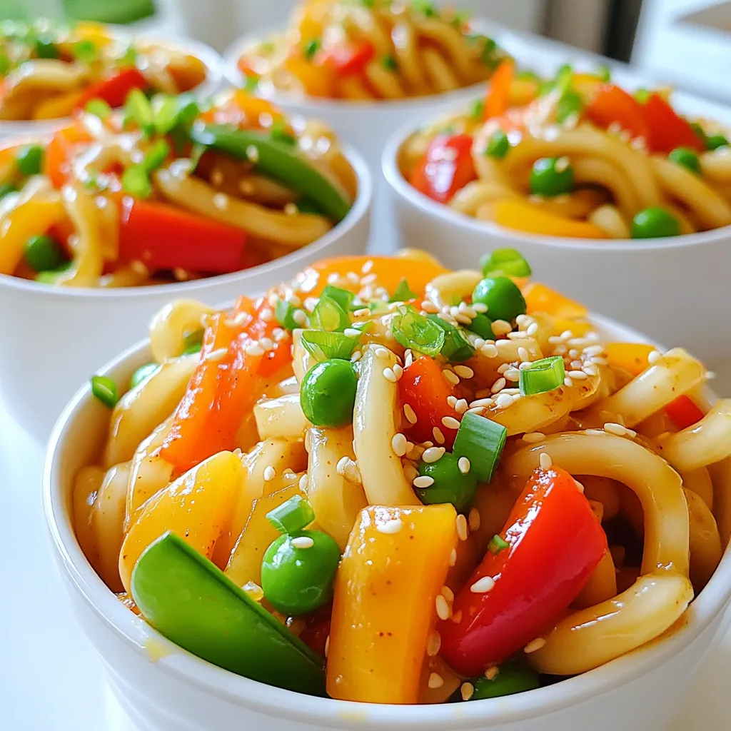 Cooking Minute Garlic Chili Crisp Udon Noodles is simple and fun. Here’s what you need: - 200g udon noodles - 3 tablespoons garlic chili crisp (store-bought or homemade) - 2 tablespoons soy sauce - 1 tablespoon sesame oil - 1 cup mixed vegetables (e.g., bell peppers, carrots, snap peas) - 2 green onions, sliced - 1 teaspoon sesame seeds (for garnish) - Salt and pepper to taste These ingredients are easy to find. You can adjust them based on your taste. Udon noodles give a chewy texture. Garlic chili crisp adds heat and flavor. Mixed vegetables bring color and nutrients to your dish. Green onions and sesame seeds add a nice finish. Enjoy the mix of flavors! Start by filling a pot with water. Bring it to a boil over high heat. Once the water is bubbling, add the 200g of udon noodles. Cook them for about 3-4 minutes. This time can change based on the package instructions. After they are done, drain the noodles and rinse them under cold water. This stops the cooking process and keeps them firm. Set the noodles aside. Grab a large skillet or wok and heat 1 tablespoon of sesame oil over medium-high heat. Wait until the oil is hot but not smoking. Add 1 cup of mixed vegetables like bell peppers, carrots, and snap peas. Stir-fry the veggies for about 2-3 minutes. You want them tender but still crisp. This keeps the flavor fresh and vibrant. Once your veggies are ready, it’s time to add the noodles. Place the drained udon noodles into the skillet. Pour in 2 tablespoons of soy sauce and 3 tablespoons of garlic chili crisp. Use a pair of tongs or a spatula to toss everything together. Make sure the noodles and vegetables are coated evenly with the sauce. This step builds the flavor in every bite. Now, it’s time to season your dish. Sprinkle in some salt and pepper to taste. Cook everything for another minute while stirring. This helps the flavors mix well. Once done, remove the skillet from heat. Garnish with sliced green onions and a teaspoon of sesame seeds. This adds a nice crunch and bright color to your dish. To get udon noodles just right, avoid overcooking them. Cook them for 3-4 minutes in boiling water. Check the package for the exact time. If you cook them too long, they can turn mushy. Rinsing is key. After cooking, drain the noodles and rinse them under cold water. This stops the cooking process and keeps them firm. It also helps remove excess starch, which can make them sticky. To boost the flavor, think about adding more seasoning. Try a splash of rice vinegar or a hint of lime juice. These add a fresh kick that brightens every bite. Using homemade garlic chili crisp can take your dish to the next level. It has a rich, bold flavor that pairs well with udon. Making your own lets you control the heat and flavor. For the best accompaniments, serve your noodles with fresh side dishes. A simple cucumber salad or edamame works great. These add crunch and balance. Presentation matters. Place the noodles in a bowl and top them with sliced green onions and sesame seeds. You can even sprinkle some extra garlic chili crisp on top for a pop of color and flavor. Enjoy your meal hot! {{image_2}} You can easily boost your Minute Garlic Chili Crisp Udon Noodles with protein. Here are some tasty options: - Tofu: Use firm tofu for a plant-based choice. Cut it into cubes, then sauté until golden. - Chicken: Add cooked chicken for a classic flavor. Shred or slice it thin for easy mixing. - Shrimp: Toss in shrimp for a seafood twist. Cook them quickly until they turn pink and firm. These protein additions make your dish more filling and fun. You can mix and match based on your mood or what you have at home. Switching up the vegetables can keep your dish exciting. Here are some ideas for seasonal swaps: - Spring: Try asparagus or snap peas for a fresh crunch. - Summer: Add zucchini or bell peppers for a colorful twist. - Fall: Carrots and butternut squash bring warmth to your dish. - Winter: Use kale or broccoli for hearty greens. If you have dietary needs, feel free to substitute. You can use any veggies you like. Just remember to cut them small for quick cooking. Different sauces can give your dish a new vibe. Here are some sauces to try: - Sriracha: For extra heat, drizzle some Sriracha on top. It adds a nice kick. - Teriyaki Sauce: Swap soy sauce for teriyaki for a sweet flavor. - Peanut Sauce: A creamy peanut sauce can make this dish rich and savory. Explore these options to find your favorite combination. Each sauce can change the whole taste of your udon noodles! You can store your Minute Garlic Chili Crisp Udon Noodles in the fridge. They will stay fresh for about 3 days. Make sure to place them in an airtight container. This helps keep the flavors intact and prevents them from drying out. When you are ready to enjoy your leftovers, reheating is simple. The best way is to use a skillet. Heat the skillet over medium heat. Add a splash of water or a little sesame oil to keep them moist. Stir the noodles for about 3-5 minutes until they are heated through. You can also use a microwave. Just cover the bowl with a wet paper towel and heat for about 1-2 minutes. Yes, you can freeze these noodles! To do this, let the dish cool completely. Then, transfer it to a freezer-safe container. It will last for up to 2 months in the freezer. When ready to eat, thaw it overnight in the fridge. Reheat as mentioned above. This method helps retain the taste and texture. Garlic chili crisp is a tasty sauce. It blends garlic, chili oil, and crunchy bits. Common ingredients include dried garlic, chili flakes, and oil. This mix adds flavor and heat. You can find it in stores or make your own. Yes, you can swap udon noodles for other types. Soba, rice noodles, or even spaghetti work well. Each noodle type gives a unique taste and texture. Just make sure to adjust cooking times as needed. The spice level can vary. Most brands and recipes offer a mild to medium heat. If you love spice, you can add more chili flakes. If you prefer less heat, use less chili crisp. Absolutely! To make it vegan, use a plant-based chili crisp and soy sauce. Ensure your mixed vegetables are fresh and vibrant. This dish is easy to adjust for any diet. Making garlic chili crisp is simple. Start with oil, dried garlic, and chili flakes. Heat the oil, then add garlic and chili flakes. Cook until golden and fragrant. Let it cool and store in a jar. Enjoy your homemade version on many dishes! This post covered how to make delicious udon noodles with garlic chili crisp. You learned about the main ingredients, cooking steps, and tips for perfecting your dish. You also saw variations to customize based on your taste. Now, you have everything you need to create a flavorful meal. Enjoy your cooking and share your tasty results with family and friends!