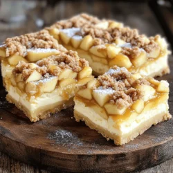 - 1 cup all-purpose flour - 1 cup rolled oats - 1/2 cup brown sugar - 1/2 cup granulated sugar - 1/2 teaspoon baking soda - 1/2 teaspoon cinnamon - 1/4 teaspoon salt - 1/2 cup unsalted butter, melted - 1 (8 oz) package cream cheese, softened - 1/3 cup granulated sugar (for cheesecake layer) - 1 large egg - 1 teaspoon vanilla extract - 2 cups diced apples (peeled and cored) - 1 teaspoon lemon juice - 1 tablespoon cornstarch - 1/2 teaspoon ground cinnamon Gathering these ingredients is the first step to make Apple Pie Cheesecake Streusel Bars. The base of the bars comes from a blend of flour and oats. This mix gives a great texture. The brown sugar and granulated sugar add sweetness, while baking soda helps the bars rise. For flavor, a bit of cinnamon and salt brings out the best in the apples. The melted butter brings all the dry ingredients together and makes the crust rich. For the cheesecake layer, cream cheese is key. Mix it with sugar, an egg, and vanilla extract for a smooth filling. The apples play an important role too. Diced apples, along with lemon juice and cornstarch, create a tasty fruit layer. The cornstarch helps to thicken the juices from the apples as they cook. Finally, ground cinnamon adds warmth and spice to the apple mixture. With these ingredients, you set the stage for a delicious dessert that brings together the flavors of apple pie and cheesecake in every bite. 1. First, preheat your oven to 350°F (175°C). This helps your bars bake evenly. 2. Line an 8x8 inch baking dish with parchment paper. Leave some paper hanging over the edges. This makes it easy to lift the bars out later. 3. In a mixing bowl, combine the dry ingredients for the crust: - 1 cup all-purpose flour - 1 cup rolled oats - 1/2 cup brown sugar - 1/2 cup granulated sugar - 1/2 teaspoon baking soda - 1/2 teaspoon cinnamon - 1/4 teaspoon salt 4. Stir these dry ingredients until they mix well. 5. Add 1/2 cup of melted butter to the dry mix. Stir until it becomes crumbly. Reserve 1 cup of this mixture for the topping. 6. Press the remaining crumb mixture into the bottom of your baking dish to form a crust. 7. Bake this crust in your preheated oven for about 10 minutes. After baking, let it cool slightly. 1. In a separate bowl, combine 2 cups of diced apples with 1 teaspoon of lemon juice. This keeps the apples fresh and bright. 2. Add 1 tablespoon of cornstarch and 1/2 teaspoon of ground cinnamon to the apple mix. 3. Toss the ingredients together to coat the apples evenly. This will add flavor and help thicken the filling. 1. Spread the cheesecake layer over the cooled crust. For the cheesecake layer, beat together: - 1 (8 oz) package cream cheese, softened - 1/3 cup granulated sugar - 1 large egg - 1 teaspoon vanilla extract 2. Evenly distribute the apple mixture on top of the cheesecake layer. 3. Finally, sprinkle the reserved crumb mixture over the apples. This creates a delicious streusel topping. 4. Bake in the oven for 35-40 minutes. The topping should turn golden brown, and the cheesecake should be set. 5. Once baked, remove from the oven and let it cool completely in the pan. For the best flavor, chill in the refrigerator for about 2 hours before cutting into bars. - Baking Pan Substitutions: If you don’t have an 8x8 inch pan, try a 9x9 inch pan. The bars may bake faster, so keep an eye on them. If using a glass dish, lower the oven temperature by 25°F. This helps avoid burning. - Cooling and Chilling Instructions: After baking, let the bars cool completely in the pan. This step is key for flavor. Once cool, chill them in the fridge for about 2 hours. Chilling enhances the taste and helps set the cheesecake layer. - Presentation Tips: Serve the bars chilled on a nice platter. Dust them with powdered sugar for a sweet touch. You can drizzle caramel sauce over the top. For extra delight, add a dollop of whipped cream or a scoop of vanilla ice cream. - Pairing Options: These bars go great with coffee or tea. You can also serve them with apple cider for a warm, cozy feel. Sparkling water adds a refreshing twist, too! - Overmixing the Cheesecake Layer: Mix the cheesecake ingredients just until smooth. Overmixing can introduce air, which may lead to cracks during baking. We want a creamy texture, not a fluffy one. - Incorrect Slicing Methods: Let the bars cool completely before slicing. Use a sharp knife dipped in hot water for clean edges. This technique gives you nice, neat squares that look great on a plate. {{image_2}} You can change up this dessert in fun ways. Adding spices like nutmeg or ginger gives a warm touch. These spices can bring out the flavors of the apples. You might also want to try adding nuts or chocolate chips. Chopped walnuts or pecans add crunch. Chocolate chips can add a sweet twist to the bars. If you need gluten-free options, use almond or oat flour. These flours work well in the crust. You can still enjoy the same great taste. For a vegan version, use dairy-free cream cheese and a flax egg instead of a regular egg. These swaps keep the bars tasty while meeting dietary needs. You can switch the fruit toppings based on the season. Try using pears or peaches for a new flavor. Apples are great, but other fruits can shine too. Adjust the spices for fall or winter. For instance, add more cinnamon or nutmeg during colder months. This way, you can enjoy these bars all year long. To keep your Apple Pie Cheesecake Streusel Bars fresh, store them in the fridge. Place them in an airtight container to avoid drying out. If you want to freeze them, wrap each bar in plastic wrap, then put it in a freezer bag. This method helps keep the bars moist and tasty. The bars stay fresh in the fridge for about 5 days. In the freezer, they can last up to 3 months. Always check for signs of spoilage. Look for changes in color or a strange smell. If you see any mold, it’s best to discard them. To reheat the bars, you can use the oven or microwave. If using the oven, preheat it to 350°F (175°C). Place the bars on a baking sheet and heat for about 10 minutes. For the microwave, heat for about 20-30 seconds. Be careful not to overheat; this can make them dry. Enjoy your warm bars with a scoop of ice cream or a drizzle of caramel! If you want to swap out cream cheese, there are great options. You can use dairy-free cream cheese, which works well. Tofu blended smooth is another option. It gives a nice texture. For a vegan choice, use cashew cream. Just soak cashews and blend until smooth. Add a bit of lemon juice for tang. Yes, you can prep these bars in advance. Make the crust and cheesecake layer a day before. Store them in the fridge. Just wait to add the apple layer and streusel until the day you serve. This keeps everything fresh. Your bars are done when the streusel is golden brown. The cheesecake layer should look set and not jiggly. Check the edges; they might pull away from the pan slightly. A toothpick inserted should come out clean. You can double the recipe easily. Use a 9x13 inch pan for more bars. You might need to bake a bit longer, about 5 to 10 minutes more. Just watch for the same signs of doneness. We explored a tasty recipe for apple cheesecake bars, from gathering ingredients to serving tips. Each step helps you create a delicious treat that’s sure to impress. Remember to try different flavors and variations to make it your own. Store your bars properly for freshness, and enjoy them warm or chilled. With these tips in hand, you'll make amazing apple cheesecake bars every time. Happy baking!