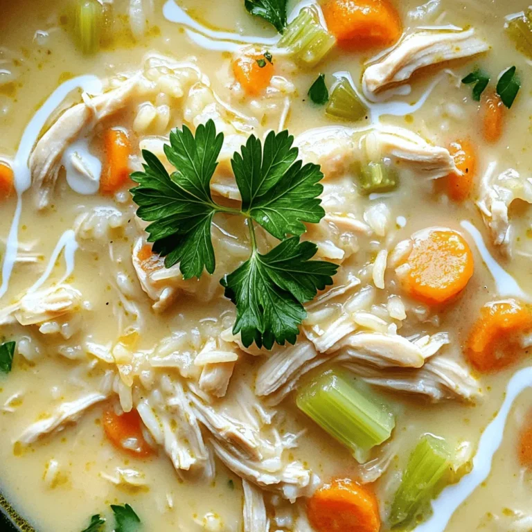 - 1 pound boneless, skinless chicken thighs - 1 cup uncooked long-grain white rice - 4 cups chicken broth - 1 medium onion, diced - 2 carrots, diced - 2 celery stalks, diced - 3 cloves garlic, minced In this creamy chicken and rice soup, chicken thighs offer great flavor. I like using boneless and skinless thighs because they stay tender during cooking. For the rice, I choose long-grain white rice. It cooks well and adds a nice texture to the soup. The diced onion, carrots, and celery create a classic base. These vegetables add sweetness and crunch. Garlic, with its strong aroma, enhances the soup even more. - 1 teaspoon dried thyme - 1 teaspoon dried parsley - 1/2 teaspoon black pepper - Salt to taste I use thyme and parsley to add depth to the flavor. They bring out the best in the chicken and make the soup taste fresh. Black pepper adds a little heat, while salt helps to balance all the flavors. Adjust the salt to your liking for the perfect blend. - 1 cup heavy cream - Fresh parsley for garnish Heavy cream gives the soup its rich and creamy texture. It makes every spoonful feel indulgent. Fresh parsley adds a pop of color and a fresh finish when you serve the soup. It's that simple! - Placing Ingredients First, take the slow cooker and place the chicken thighs at the bottom. This helps the chicken stay moist as it cooks. Next, add the uncooked rice on top of the chicken. Pour the chicken broth over it all. Then, add the diced onion, carrots, celery, and garlic. This gives the soup its rich flavor. - Layering Technique Sprinkle the dried thyme, dried parsley, and black pepper over the whole mixture. Make sure to add salt to taste. Gently stir everything together. This step ensures that the chicken is covered in broth. Proper layering helps the flavors mix well while cooking. - Low vs. High Heat You can cook the soup on low for 6-7 hours or on high for 3-4 hours. I prefer low heat; it makes the chicken super tender. If you choose high heat, just keep an eye on it. Either way, the smell will be amazing! - Checking for Doneness To check if the chicken is done, look for it to be fully cooked and tender. You can use a fork to poke it. If it falls apart easily, it's ready to shred. - How to Shred Chicken Once the chicken is cooked, take it out of the slow cooker. Use two forks to shred it into bite-sized pieces. It’s fun and simple! Just pull the chicken apart gently. - Incorporating Cream After shredding, return the chicken to the slow cooker. Now, stir in the heavy cream. This is what makes the soup creamy and rich. Mix well until everything is combined and creamy. Let it heat through for 15-20 minutes. Taste and adjust the seasoning if needed. - Choosing the Right Chicken: I recommend using boneless, skinless chicken thighs. They stay juicy and tender during cooking. If you prefer chicken breasts, they work too, but watch for dryness. - Rice Cooking Tips: Use long-grain white rice for a fluffy texture. Avoid adding too much rice. It can soak up the broth and make the soup thick. Stick to one cup for the best result. - Adding More Vegetables: Feel free to mix in extra veggies like peas or corn. They add color and nutrition. You can also try spinach for a fresh twist. - Spice Adjustments: Want more heat? Add a dash of cayenne or red pepper flakes. For a herby flavor, consider adding fresh herbs like dill or basil. - Best Side Dishes: Serve your soup with crusty bread or a light salad. These sides complement the creamy soup well. - Serving Temperature: Always serve the soup hot. It brings out the best flavors and makes it comforting. If you let it cool, it might thicken too much. {{image_2}} You can switch chicken thighs for chicken breasts. Chicken breasts cook faster and stay tender. They work well in this soup, too. If you want more variety, try adding other meats. Shredded turkey or diced ham can add great flavor. Just make sure they are cooked before you add them. For a creamy texture without dairy, use coconut cream. It adds a nice sweetness and richness. Simply replace heavy cream with the same amount of coconut cream. You can also try milk alternatives. Almond milk or oat milk can be good choices. Use unsweetened types so they don’t change the flavor. If you need a gluten-free option, consider using alternative grains. Quinoa or wild rice can work well. They add unique flavors and textures. For rice variations, try using brown rice. It has a nuttier taste and is more filling. Just remember to adjust the cooking time, as brown rice takes longer to cook than white rice. - How to Store Leftovers: After you finish your soup, let it cool. Once cool, put it in an airtight container. This keeps the soup fresh and tasty. Store it in the fridge for up to three days. - Cooling Tips: To cool the soup quickly, transfer it to shallow bowls. This helps heat escape faster and keeps the soup safe. - Freezing for Later: If you want to save the soup longer, freeze it. Pour the cooled soup into freezer-safe bags or containers. Be sure to leave some space at the top. This allows for expansion as it freezes. - Thawing and Reheating: When you're ready to eat, take it out of the freezer. Let it thaw overnight in the fridge. To reheat, warm it in a pot on the stove or in the microwave. Stir well to mix. - Best Consumption Period: Enjoy the soup within three to four days if stored in the fridge. If frozen, it can last up to three months. - Signs of Spoilage: Check for off smells, changes in color, or mold. If you see any of these signs, it’s best to throw it away. Safety first! Can I use brown rice instead? Yes, you can use brown rice. Keep in mind, brown rice needs more time to cook. You will want to add an extra hour to the cooking time. This makes the rice nice and tender. How do I make it spicier? To add spice, mix in some cayenne pepper or crushed red pepper flakes. Start with a small amount and taste as you go. You can also add hot sauce for an extra kick. Can I cook it on the stovetop? Yes, you can cook this soup on the stovetop. Just bring everything to a boil, then simmer on low for about 30 to 40 minutes. Make sure to stir often and check the chicken. What if I forget to add cream? If you forget the cream, don’t worry! The soup will still taste good. It will be less rich but still creamy. You can stir in the cream later or even add some milk as a substitute. Is this recipe healthy? Yes, this recipe can be healthy. It has lean chicken, veggies, and rice. If you want a lighter option, use less cream or a milk alternative. How many calories per serving? Each serving has about 450 calories. This can vary based on how much cream you use. It’s a filling meal, perfect for cozy nights! This blog covered the tasty elements that make a great soup. You learned about key ingredients, including chicken, rice, and spices. I shared step-by-step directions and handy tips to perfect your dish. You also discovered fun variations and how to store leftovers. In the end, making soup is simple and rewarding. Experiment with flavors and enjoy your creations! Happy cooking!