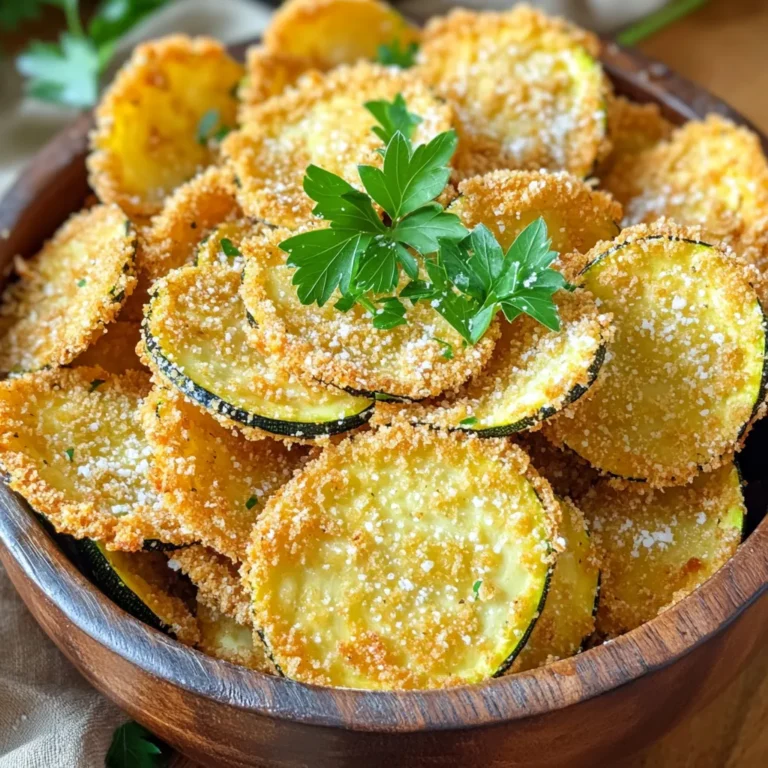 To make crispy Air Fryer Parmesan Zucchini Chips, you need the following: - 2 medium zucchinis, sliced into thin rounds - 1 cup grated Parmesan cheese - 1 cup breadcrumbs (preferably whole wheat for extra crunch) - 1 teaspoon garlic powder - 1 teaspoon onion powder - ½ teaspoon paprika - ½ teaspoon salt - ½ teaspoon black pepper - 1 large egg, beaten - Olive oil spray (for a light coating) Gather these ingredients before you start. Fresh zucchinis are key for great flavor and texture. If you don’t have something on hand, don’t worry! Here are some swaps: - Zucchini: Use yellow squash if you prefer. - Parmesan cheese: Pecorino Romano works well for a sharper taste. - Breadcrumbs: Use crushed cornflakes or panko for a different crunch. - Egg: A flax egg (1 tablespoon ground flaxseed mixed with 3 tablespoons water) is a vegan option. - Spices: Feel free to add your favorite spices like cayenne for heat. When choosing zucchinis, look for firm and shiny ones. Here are some tips: - Color: Choose bright green zucchinis without blemishes. - Size: Smaller zucchinis tend to be sweeter and less watery. - Texture: Avoid zucchinis that feel soft or have wrinkles. Selecting fresh zucchini will make your chips taste amazing! Start by washing your zucchinis. Make sure they are clean and free of dirt. Then, slice them into thin rounds. Aim for about 1/4 inch thick. Thinner slices will cook more evenly and become crispier. Place the slices on a paper towel. This helps to absorb extra moisture. Next, set up your breading station. You will need two bowls. In one bowl, crack and beat the large egg. In the second bowl, mix the grated Parmesan cheese, breadcrumbs, garlic powder, onion powder, paprika, salt, and black pepper. This mix gives your chips great flavor. Preheat your air fryer to 375°F (190°C) for about 5 minutes. Spray the air fryer basket lightly with olive oil spray. This prevents the chips from sticking. Now, take each zucchini slice. Dip it into the beaten egg, letting the extra egg drip off. Then, coat it in the Parmesan-breadcrumb mixture. Press down lightly to make sure it sticks. Place the coated chips in the air fryer basket in a single layer. Make sure not to overcrowd the basket. If you have too many, cook them in batches. Lightly spray the tops with olive oil spray for extra crispiness. Cook the zucchini chips for 10-12 minutes. Flip them halfway through to cook evenly. They should turn golden brown and crispy. Once done, remove them from the air fryer and let them cool for a minute. Enjoy your tasty zucchini chips! To get those zucchini chips super crispy, choose thin slices. I slice them about 1/8 inch thick. This helps them cook evenly. Also, ensure they are well-coated with the Parmesan-breadcrumb mix. Press the coating onto each slice to help it stick. A light spray of olive oil on top before cooking also boosts crispiness. To keep the chips from getting soggy, avoid overcrowding the air fryer basket. Leave space between each chip for hot air to flow. Cook in batches if needed. If you have extra moisture on the zucchini, pat them dry with a paper towel. This step helps keep them crunchy. Always preheat your air fryer before cooking. This helps the chips cook evenly and get that golden color. Flip the chips halfway through cooking for a uniform crunch. Keep an eye on them as they cook. Every air fryer is a bit different, so adjust the time if needed. {{image_2}} To spice up your zucchini chips, add heat! Mix in 1 teaspoon of cayenne pepper with your breadcrumb and Parmesan mix. Adjust the heat to your taste. This gives your chips a kick that pairs well with dips. You could also sprinkle some crushed red pepper flakes on top before cooking. If you love heat, this is the way to go! For a fresh flavor, try adding herbs. Mix in 1 tablespoon of dried herbs like oregano or thyme to the breadcrumb mixture. You can also use fresh herbs, just chop them finely. This adds a lovely aroma and taste. Serve these chips with a homemade dip for a delightful snack. The herbs will elevate your chips to a new level. If you need a gluten-free version, swap out the regular breadcrumbs. Use gluten-free breadcrumbs or crushed nuts for crunch. Almond flour can also work well. Just make sure your cheese is gluten-free too. This way, you can enjoy the crispy goodness without any gluten worries. These options keep the flavors rich and satisfying. To store leftover zucchini chips, place them in an airtight container. Make sure to let them cool first. This prevents steam from making them soggy. Keep the container in the fridge for up to three days. If you want to keep them longer, consider freezing. To reheat zucchini chips, use the air fryer. Set it to 350°F (175°C) for about 5 minutes. This will help restore their crunch. You can also use an oven. Place them on a baking sheet and heat at 350°F for the same time. Avoid using the microwave, as it makes them soft. If you want to freeze zucchini chips, first let them cool completely. Lay them in a single layer on a baking sheet. Freeze them for about 1-2 hours. Once frozen, transfer them to a freezer bag. Remove as much air as possible to avoid freezer burn. They can stay good for up to three months. When ready to eat, air fry them straight from the freezer for a quick snack! Yes, you can use other cheeses. Cheddar, mozzarella, or even a spicy pepper jack work well. Each cheese brings its unique flavor. Just keep in mind that the texture may change. Grated cheese melts differently, so adjust your cooking time accordingly. Experiment to find your favorite mix! These chips pair well with dips. Try marinara, ranch, or tzatziki for a tasty combo. They also make a great side dish with grilled chicken or fish. You can even serve them as an appetizer at parties. The crunchy texture and cheesy flavor please everyone! To make zucchini chips in an oven, preheat it to 425°F (220°C). Slice and coat the zucchini like before. Place them on a baking sheet lined with parchment paper. Bake for 20-25 minutes, flipping halfway. Check for crispiness. The oven method takes longer but still gives you a tasty snack. In this blog post, we explored how to make crispy air fryer zucchini chips. We covered the best ingredients, offered helpful tips, and shared tasty variations. Remember to pick fresh zucchini for the best flavor. Following the cooking steps carefully will help you avoid soggy chips. Finally, store your leftovers properly to enjoy them later. Zucchini chips are a fun and healthy snack. Try making them with your favorite seasonings for a new twist. Enjoy your crunchy creation!