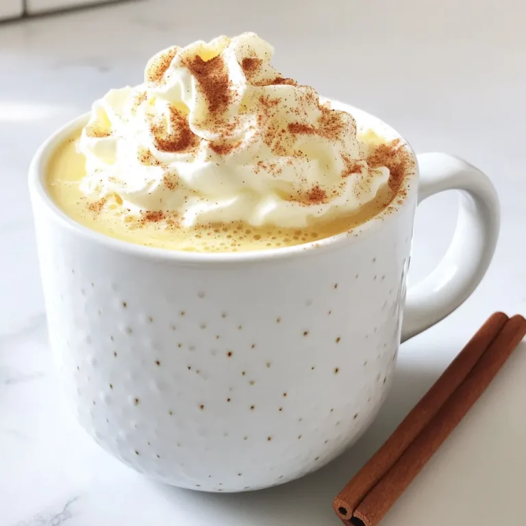 To make a Warm Pumpkin Spice Eggnog Latte, gather these ingredients: - 1 cup eggnog - 1/2 cup brewed espresso or strong coffee - 1/4 cup pure pumpkin puree - 1 tablespoon pumpkin spice blend (or a mix of cinnamon, nutmeg, ginger, and cloves) - 1 tablespoon maple syrup (adjust to taste) - 1/2 teaspoon vanilla extract - Whipped cream (for topping) - Ground cinnamon or nutmeg (for garnish) Each ingredient plays a key role in flavor and texture. The eggnog provides creaminess and sweetness, while pumpkin puree adds rich taste. The espresso gives a strong coffee base, and the pumpkin spice blend warms up every sip. If you don’t have an ingredient, here are some swaps you can use: - Instead of eggnog, try a creamy almond or oat milk. - Use brewed coffee if you lack espresso. - Canned pumpkin works well if you don’t have pure pumpkin puree. - Honey or agave syrup can replace maple syrup. - For a spice mix, use just cinnamon if you’re short on other spices. These swaps help you create a similar flavor without losing the drink's charm. Always choose fresh, high-quality ingredients. Look for eggnog made from real milk and cream. Fresh pumpkin puree gives better flavor than canned versions. When selecting spices, use whole spices when possible; they taste better than pre-ground. Freshness enhances the latte's overall taste. If you can, buy spices in small amounts to keep them potent. Start by gathering your ingredients. You will need eggnog, pumpkin puree, pumpkin spice, maple syrup, and vanilla extract. In a small saucepan, mix these ingredients together. Heat them on medium. Stir often until the mixture is warm but not boiling. This step is key to blending flavors and making it creamy. The warmth brings out the spices and pumpkin taste. While your eggnog mixture heats, brew your coffee. Use half a cup of strong coffee or espresso. I love using a French press for a rich flavor. You can also use a regular coffee maker. Just make sure it’s strong enough to balance the sweetness of the eggnog. Once your eggnog mixture is warm, remove it from the heat. Carefully pour it into a blender. Blend until it’s frothy. Be cautious because the mixture is hot. In a large mug, add your brewed coffee. Slowly pour the frothy eggnog mixture on top. Stir gently to mix. Finally, add whipped cream on top and dust with ground cinnamon or nutmeg. Enjoy this warm and cozy drink! To make this drink just right, you can change the sweetness. Start with one tablespoon of maple syrup. If you want it sweeter, add more syrup, one teaspoon at a time. Taste it after each addition. You can also use honey or agave syrup for a different flavor. This way, you can find the perfect balance for your taste. Frothiness makes your latte feel special and fun. To get the best froth, blend the warm eggnog mixture. Use a blender for about 20 seconds. Make sure to be careful with hot liquids. If you don’t have a blender, try using a frother or whisk. Just whisk until you see bubbles form. The more froth, the creamier the drink! This latte has a rich mix of flavors. The pumpkin gives it a smooth taste. The eggnog adds creaminess and warmth. Pumpkin spice brings in sweet and spicy notes. You can taste hints of cinnamon and nutmeg with every sip. The espresso adds a bold kick, balancing the creaminess. Together, these flavors create a cozy drink perfect for fall or winter. {{image_2}} To make a vegan version, swap eggnog with a plant-based milk. Use almond, soy, or oat milk. Add a bit of coconut cream for that rich, creamy taste. You can also use a vegan pumpkin spice syrup. Simply blend the pumpkin puree, spices, and sweetener with the milk. Heat it gently, just like the original. For a fun twist, add a splash of your favorite liqueur. Rum or bourbon pairs well with pumpkin spice. Mix in about one ounce per serving. Stir it in after blending the eggnog mixture. This version is great for cozy nights or gatherings. You can use different milks to change the flavor and texture. Almond milk offers a nutty taste. Coconut milk adds sweetness and creaminess. Cashew milk is very rich and smooth. Each option gives a unique twist to the drink. Just make sure to adjust the spices to match the milk you choose. Storing leftover eggnog is easy. Pour any extra eggnog into a clean container. Make sure it has a tight lid. The eggnog will stay fresh in the fridge for up to three days. Always check for odd smells or changes before using. If the eggnog looks or smells strange, it’s best to toss it. To reheat your eggnog, pour it into a saucepan. Heat it over medium heat. Stir gently to avoid scalding. Do not let it boil. You want it warm, not hot. If you prefer, you can use a microwave. Heat it in short bursts, stirring in between to ensure even warmth. The shelf life of pumpkin spice eggnog is about three days in the fridge. If you want to store it longer, freezing is a great option. Pour the eggnog into an airtight container, leaving some space at the top. It can last for up to two months in the freezer. When ready to use, thaw it in the fridge overnight. Stir well before serving, as it may separate during freezing. Yes, you can use store-bought eggnog. It saves time and still tastes great. Look for a brand that has simple ingredients. This keeps your drink rich and smooth. If you prefer, you can also make your own eggnog. Homemade eggnog can add a personal touch to your latte. To make this drink dairy-free, use non-dairy milk or eggnog. Almond, oat, or coconut milk work well. You can also find dairy-free eggnog in stores. Just swap it with regular eggnog in the recipe. This way, you can still enjoy a creamy latte without dairy. Pumpkin is very healthy. It is low in calories and high in vitamins. It has a lot of vitamin A, which helps your eyes. Pumpkin is also rich in fiber, aiding digestion. Plus, it contains antioxidants that can boost your immune system. Enjoying pumpkin in your latte gives you a tasty treat with health benefits! This blog post covers making a delicious Pumpkin Spice Eggnog Latte. We reviewed the key ingredients and their substitutes. Freshness adds flavor, so choose wisely. Next, we explored step-by-step instructions for mixing and brewing the perfect drink. Remember the tips for sweetness and frothiness to improve your drink. We discussed fun variations and how to store leftovers properly. Enjoy making this treat any time you want. You'll impress your friends and family with your skills!