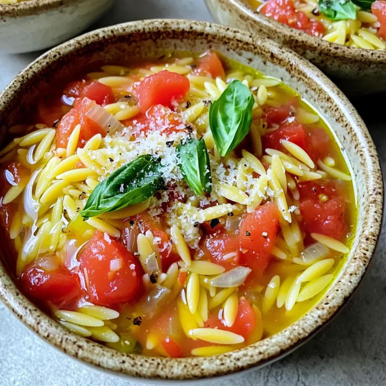 To make this One Pot Tomato Basil Orzo, gather these items: - 1 cup orzo pasta - 2 cups vegetable broth - 1 can (14 oz) diced tomatoes, with juices - 1 medium onion, finely chopped - 3 cloves garlic, minced - 1 teaspoon Italian seasoning - 1/2 teaspoon red pepper flakes (optional, for a kick) - 1/4 cup fresh basil leaves, chopped - 2 tablespoons olive oil - Salt and pepper to taste - Grated Parmesan cheese for serving (optional) You can easily change this dish to fit your taste. Here are some ideas: - Use chicken broth instead of vegetable broth for a richer flavor. - Swap out the orzo for another pasta like farro or quinoa. - Add cooked chicken or shrimp for extra protein. - For a creamier texture, stir in a splash of heavy cream at the end. - You might also like to add spinach or kale for added greens. Choosing fresh ingredients makes a big difference. Here are some tips: - Look for firm tomatoes with rich color. Avoid any soft spots. - Choose fresh basil with vibrant green leaves. Smell it to check for freshness. - Select onions that are dry and firm. They should not have any soft spots. - When buying garlic, pick bulbs that feel heavy for their size. Avoid any that are sprouting. - Always check the expiration dates on canned goods, like your diced tomatoes. With these ingredients, you can create a meal that is not only tasty but also simple and fun to make. Enjoy diving into this bright and flavorful dish! Start by gathering all your ingredients. This keeps you organized. Chop one medium onion finely. Mince three cloves of garlic. Keep these handy. Measure one cup of orzo pasta. You will also need two cups of vegetable broth. Open one can of diced tomatoes. Make sure they are 14 ounces. Chop a quarter cup of fresh basil leaves. This adds great flavor. Lastly, find your olive oil, salt, and pepper. In a large pot or skillet, heat two tablespoons of olive oil over medium heat. Add the chopped onion and sauté for about three to four minutes. You want it to turn translucent. Next, stir in the minced garlic for one to two minutes until it smells good. Then, add the orzo pasta to the pot. Stir it well to coat it with the oil, onions, and garlic. Pour in the vegetable broth and add the diced tomatoes with their juices. Sprinkle in one teaspoon of Italian seasoning. If you like heat, add half a teaspoon of red pepper flakes. Bring everything to a boil, then lower the heat to a simmer. Cover the pot and let it cook for about ten to twelve minutes. Stir occasionally. Your orzo should be tender and soak up most of the liquid when done. After cooking, stir in the fresh basil. Season with salt and pepper to your taste. Serve warm in bowls. You can top it with grated Parmesan cheese if you want. To get the best orzo texture, make sure not to overcook it. Keep an eye on it while it simmers. Stir often to prevent sticking. If you find it too dry, add a splash of broth or water. This helps keep it creamy. Using good-quality broth also makes a big difference. Always taste your dish before serving to adjust flavors. This will make your meal shine! This One Pot Tomato Basil Orzo is quick and easy to make. You will need about 10 minutes to prep. The total cooking time is around 25 minutes. In just 35 minutes, you’ll have a tasty meal ready to serve. This recipe makes about 4 servings. Each serving is filling but light. It’s great for lunch or dinner. If you have a big family or guests, you can easily double the recipe. You can serve this dish in many ways. Try pairing it with a fresh salad or garlic bread. A simple green salad adds crunch and color. For a heartier meal, serve it with grilled chicken or fish. You can also sprinkle extra basil on top for a bright finish. Enjoy the flavors and warmth of this easy dish! {{image_2}} When making One Pot Tomato Basil Orzo, avoid adding too much liquid. The orzo needs to absorb the broth and tomatoes. If you add too much, it will turn mushy. Also, don’t skip the sauté step for the onion and garlic. This builds great flavor. Lastly, avoid overcooking the orzo. It cooks quickly, so watch it closely. To enhance flavor, always use fresh herbs like basil. Dried herbs work too, but fresh makes a big difference. Cook the onion and garlic in olive oil until soft. This step draws out their natural sweetness. For a kick, add red pepper flakes. They give your dish a nice, warm heat. You can boost nutrition by adding veggies. Spinach or kale work well. Just toss them in during the last few minutes of cooking. You can also add protein like cooked chicken or chickpeas. This makes the dish heartier. Lastly, sprinkle some nuts or seeds on top for added crunch and healthy fats. You can easily make this dish vegetarian or vegan. Simply skip the Parmesan cheese for a vegan version. You can also use a vegan broth instead of vegetable broth. This change keeps the dish rich in flavor while staying plant-based. Feel free to switch up some ingredients for new tastes. You can use different pasta types like quinoa or whole wheat pasta. Try adding a splash of balsamic vinegar for extra depth. If you want more protein, toss in some cooked chickpeas or lentils. For a different kick, consider using smoked paprika instead of red pepper flakes. You can adapt this recipe to meet various dietary needs. If you're gluten-free, use gluten-free orzo or rice. For low-carb diets, try using spiralized zucchini instead of pasta. Adding more veggies like spinach or bell peppers can boost nutrition. You can also reduce the oil to cut calories while still keeping the dish tasty. Yes, you can make One Pot Tomato Basil Orzo ahead of time. Cook it as directed, then cool it down. Place it in a sealed container. Store it in the fridge for up to three days. When you’re ready to eat, just reheat it on the stove or in the microwave. To store leftovers, let the orzo cool first. Use an airtight container. This helps keep it fresh. Store it in the fridge for up to three days. If you want to keep it longer, freeze it. Just make sure to use a freezer-safe container. It can last for up to three months in the freezer. If you find the orzo overcooked, don’t worry. You can still save it! Try adding a bit of vegetable broth. This will help moisten the pasta. Stir in some fresh herbs, like basil, to add flavor. If it’s too mushy, consider using it in soups or casseroles. This blog post covered everything you need for a great One Pot Tomato Basil Orzo. We looked at the best ingredients and tips for choosing fresh ones. I shared step-by-step cooking instructions and how long to cook and serve. You now know common mistakes, flavor tips, and healthy variations. With these insights, you can make a tasty dish suited to your needs. Enjoy your cooking journey and remember to get creative!