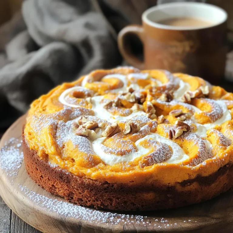 - 1 ½ cups all-purpose flour - 1 tsp baking powder - ½ tsp baking soda - ½ tsp salt - 1 tsp ground cinnamon - ½ tsp ground nutmeg - ½ cup unsalted butter, softened - 1 cup granulated sugar - 2 large eggs - 1 tsp vanilla extract - 1 cup pure pumpkin puree - 8 oz cream cheese, softened - ½ cup powdered sugar - 1 tsp vanilla extract (for cream cheese mixture) - ½ cup chopped walnuts (optional) In this recipe, I focus on simple yet tasty ingredients. Each one plays a key role in making this cake a hit. The dry ingredients form the base for our batter. The flour gives structure. Baking powder and baking soda help it rise. Salt brings out flavors, while cinnamon and nutmeg add warmth and spice. The wet ingredients keep the cake moist. Softened butter and sugar create a sweet creaminess. Eggs bind the mixture, while vanilla and pumpkin puree bring rich flavor and moisture. Finally, the cream cheese mixture adds a delightful swirl of tanginess. The cream cheese is soft to mix well. Powdered sugar sweetens it up, and more vanilla enhances the taste. If you like, add walnuts for a crunchy finish. Gather these ingredients, and you’re ready to make a delicious pumpkin cream cheese coffee cake! 1. First, preheat your oven to 350°F (175°C). This step warms the oven for even baking. 2. Next, grease and flour a 9x13 inch baking dish. This will help your cake come out easily. 3. In a medium bowl, whisk together the dry ingredients: - 1 ½ cups all-purpose flour - 1 tsp baking powder - ½ tsp baking soda - ½ tsp salt - 1 tsp ground cinnamon - ½ tsp ground nutmeg Set this mixture aside for later. 1. In a large mixing bowl, cream the softened butter and granulated sugar until they are light and fluffy. 2. Add the eggs one at a time. Mix well after each egg. Then stir in 1 tsp of vanilla extract and the pumpkin puree. 3. Now, gradually add the dry ingredients to the wet mixture. Mix until just combined. Be careful not to overmix! 1. In another bowl, beat the cream cheese until it is smooth. 2. Add ½ cup powdered sugar and 1 tsp vanilla extract. Mix until everything is well combined. 3. Pour half of the pumpkin batter into the prepared baking dish. Spread it evenly across the bottom. 4. Next, drop spoonfuls of the cream cheese mixture over the pumpkin batter. 5. Use a knife to gently swirl the cream cheese into the batter. This creates a nice marbled look. 6. Pour the remaining pumpkin batter on top. Smooth it out evenly. 7. If you like, sprinkle chopped walnuts on top for added crunch before baking. 8. Bake the cake in the preheated oven for 35-40 minutes. Check doneness by inserting a toothpick in the center. It should come out clean. - Avoid overmixing the batter. This keeps the cake light and fluffy. Mix just until you see no dry flour. - Ensure cream cheese is at room temperature. Softened cream cheese blends easily into the batter. Cold cream cheese can make lumps. - Presentation tips for serving include dusting the top with powdered sugar. This makes it look pretty and inviting. - Best pairings with coffee or tea are a must. The rich flavors of pumpkin and cream cheese go well with both drinks. - If your cake is too dense, you might have overmixed the batter. Remember, mix just until combined. - To avoid burning the top, cover it loosely with foil if it starts to darken too much. This helps the center cook without burning the surface. {{image_2}} You can make this cake even more fun! Adding chocolate chips gives it a rich taste. Just fold in about a cup of semi-sweet chocolate chips into the batter. You can also use different nuts. Pecans or almonds add a nice crunch. Simply sprinkle them on top or mix them into the batter for extra texture. If you need a gluten-free option, use a gluten-free flour blend instead of all-purpose flour. This switch helps keep the cake moist and delicious. For vegan choices, swap eggs with flax eggs. Mix one tablespoon of ground flaxseed with three tablespoons of water for each egg. Use plant-based cream cheese to keep that creamy layer. To make this cake more festive, think about adding cranberries. They give a tart flavor that plays well with pumpkin. You can mix in about a cup of fresh or dried cranberries. Adjust the spices too! Adding ginger or cloves makes it feel like the holidays. Just a pinch of these spices can change the cake's whole vibe. Store leftover cake at room temperature. Use an airtight container to keep it fresh. You can also wrap it in plastic wrap. This helps prevent it from drying out. Keep it in a cool, dry place. It should last for about three days this way. To freeze the cake, first let it cool completely. Wrap it tightly in plastic wrap. Then, place it in a freezer-safe bag or container. This keeps it safe from freezer burn. The cake can stay frozen for up to three months. When you're ready to enjoy it, thaw the cake overnight in the fridge. You can also let it sit at room temperature for a few hours. To reheat, warm it in the oven at 350°F for 10-15 minutes. This brings back its soft texture. The cake lasts about three days at room temperature. If you store it in the fridge, it can last up to a week. When frozen, it stays good for three months. Always check for any signs of spoilage before eating. Enjoy your cake while it’s fresh for the best taste! To check if your cake is done, use a toothpick. Insert it into the center of the cake. If it comes out clean, your cake is ready. If it has wet batter on it, bake for a few more minutes. Remember, every oven is different. Keep an eye on it as it bakes. The cake should look golden brown and puffed up. Yes, you can prepare this cake ahead of time. Bake it and let it cool completely. Once cooled, wrap it tightly in plastic wrap. Store it in the fridge for up to three days. You can also freeze it for longer storage. To freeze, wrap the cake well and place it in an airtight container. Thaw it in the fridge overnight before serving. If you need a substitute for cream cheese, you have options. Greek yogurt works well for a lighter version. Silken tofu is a good choice for a vegan option. You can also use mascarpone cheese for a rich flavor. Just remember, each substitute may change the taste slightly. Choose what fits your needs best! This blog post covered the key ingredients and steps to make a delicious Pumpkin Cream Cheese Coffee Cake. We discussed dry and wet ingredients, along with the cream cheese mixture for the swirl. I shared tips on mixing, serving, and how to troubleshoot common issues. You also learned about fun variations, storage tips, and answers to frequent questions. By following these guidelines, you'll create a tasty treat perfect for any occasion. Enjoy your baking and share this delightful cake with friends and family!