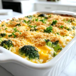 - 1 cup uncooked brown rice - 2 cups vegetable broth - 2 cups fresh broccoli florets - 1 cup shredded cheddar cheese - 1 cup milk (dairy or plant-based) - 1/2 cup cream cheese - 1 small onion, finely chopped - 2 cloves garlic, minced - 1 teaspoon paprika - Salt and pepper to taste - 1/2 cup breadcrumbs (for topping) - 2 tablespoons olive oil When I cook Cheesy Broccoli Rice Casserole, I focus on fresh, quality ingredients. The brown rice gives a nutty flavor and chewy texture. For the broth, I use vegetable broth to keep it light and tasty. Fresh broccoli florets add a bright crunch, making each bite special. Cheddar cheese is key here. It melts beautifully and adds a creamy richness. I also use cream cheese for extra smoothness. You can choose milk, either dairy or plant-based, based on your preference. Onion and garlic bring warmth and depth to the dish. I finely chop the onion to soften quickly. Minced garlic adds a punch of flavor. I season with paprika, salt, and pepper to enhance all the flavors. Finally, I top the dish with breadcrumbs for that golden, crispy finish. It all comes together for a comforting meal! - First, heat 2 tablespoons of olive oil in a large pot over medium heat. - Next, add 1 small chopped onion. Sauté for 3-4 minutes until it turns clear. - Then, add 2 cloves of minced garlic. Cook for 1-2 minutes until it smells good. - Stir in 1 cup of uncooked brown rice, 2 cups of vegetable broth, and 1 cup of milk. - Bring this mix to a gentle boil. - Once it boils, reduce the heat to low. Cover the pot and let it simmer. - Cook for about 30 minutes until the rice is soft and most liquid is gone. - Stir it now and then to stop it from sticking. - After the rice is done, add 2 cups of fresh broccoli florets. - Mix in 1/2 cup of cream cheese, 1 cup of shredded cheddar cheese, and 1 teaspoon of paprika. - Add salt and pepper to taste. Stir until the cheese melts and everything mixes well. - Preheat your oven to 350°F (175°C). - Grease a baking dish before pouring in the rice and broccoli mix. - Smooth the top with a spatula for even cooking. - Sprinkle 1/2 cup of breadcrumbs on top for a nice crunch. - Bake for 25-30 minutes until the top is golden and bubbly. - Let it cool for a few minutes before serving. To ensure your rice is tender, cook it gently. Use two cups of vegetable broth for flavor. Stir the mixture occasionally while it simmers. This helps the rice cook evenly. For a creamy consistency, add both cream cheese and cheddar. They melt beautifully and give a rich taste. Adding spices like paprika brightens the dish. You can also try garlic powder or onion powder for more flavor. If you want a twist, switch up the cheese! Try mozzarella or gouda for a different taste. For a beautiful presentation, sprinkle fresh parsley on top before serving. This adds color and freshness. Pair your casserole with a crisp salad or steamed veggies for a full meal. Enjoy every bite! {{image_2}} You can change the rice in this recipe. Use white rice for a quicker cook time. Quinoa or cauliflower rice are great options too. They add different flavors and textures. Changing the vegetables also works well. Try carrots, peas, or bell peppers. They add color and nutrients. You can even mix in spinach for extra greens. If you need a dairy-free option, use plant-based milk and cheese. Almond milk or oat milk are excellent choices. Look for dairy-free cream cheese too. This swap keeps the dish creamy and tasty. For gluten-free needs, skip breadcrumbs or use gluten-free ones. This keeps the crispy topping while being safe for gluten-free diets. You can make this casserole ahead of time. Prepare it up to the baking step. Store it covered in the fridge for one day. When you're ready, bake it as usual. To reheat, place the casserole in the oven at 350°F. Cover it with foil to keep it moist. Heat for around 20 minutes, or until warm. Enjoy the cheesy goodness again! To store your Cheesy Broccoli Rice Casserole, let it cool first. Use an airtight container for the best results. This keeps it fresh and tasty. You can keep leftovers in the fridge for up to 4 days. If you want to enjoy it later, proper storage is key. If you want to freeze the casserole, let it cool completely. Then, wrap it tightly in plastic wrap and foil. This helps avoid freezer burn. You can freeze it for up to 3 months. To thaw, place it in the fridge overnight. When you’re ready to enjoy it, reheat in the oven at 350°F (175°C) until hot. To prevent sogginess, do not add too much liquid. Make sure the rice absorbs it all during cooking. For flavor, make sure to season well with salt and pepper. Try to mix the cheese well so every bite is cheesy and delicious. Yes, you can use white rice instead of brown. It cooks faster but may not have the same nutty flavor. Use the same amount of rice. Adjust the cooking time to around 15-20 minutes. Check the texture often to avoid overcooking. To reheat the casserole, place it in the oven at 350°F (175°C) for about 15-20 minutes. Cover it with foil to keep it moist. You can also use the microwave. Heat in short bursts, stirring in between, until warm. This casserole goes well with a fresh side salad. You can also serve it with grilled chicken or fish for added protein. Roasted vegetables can be a nice touch too. The total time is about 1 hour. It takes 15 minutes to prep and 30 minutes to cook the rice. Baking adds another 25-30 minutes for a golden top. Yes, you can add protein! Cooked chicken, turkey, or even beans work great. Stir in the protein after mixing in the cheese. This will add flavor and make it a heartier meal. Cheesy Broccoli Rice Casserole is simple and tasty. You only need a few key ingredients, like uncooked brown rice and fresh broccoli. We went over how to prepare and bake it step by step. Remember to consider texture and flavor by choosing the right spices and cheeses. Feel free to make swaps for your diet needs or meal prep. With these tips, you can enjoy this comforting dish any time. Now, gather your ingredients and start cooking!