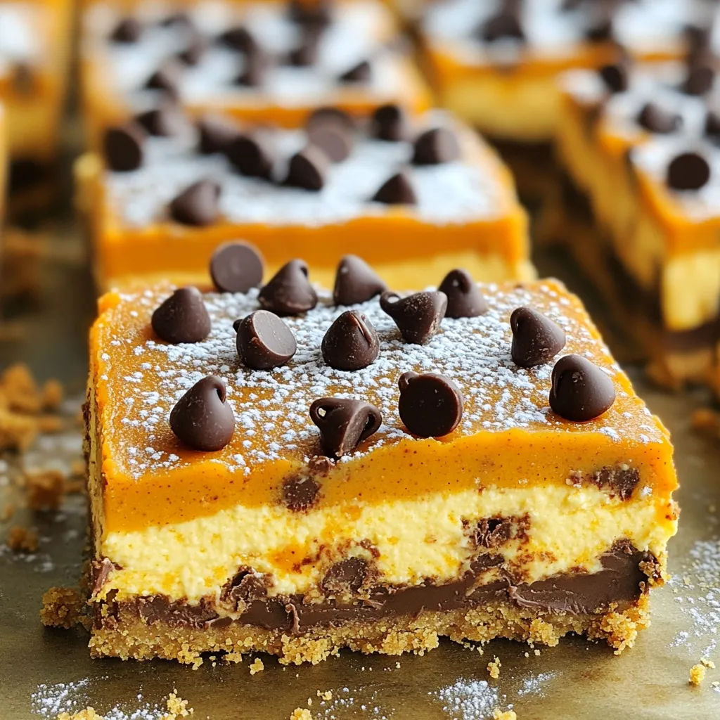To make these Pumpkin Chocolate Chip Cheesecake Bars, you will need: - 1 ½ cups graham cracker crumbs - ½ cup unsalted butter, melted - 2 tablespoons granulated sugar - 2 (8 oz) packages cream cheese, softened - 1 cup pumpkin puree - ¾ cup granulated sugar - 2 large eggs - 1 teaspoon vanilla extract - 1 teaspoon pumpkin pie spice - ½ teaspoon cinnamon - 1 cup semi-sweet chocolate chips If you need to convert measurements, here are some quick tips: - 1 cup = 8 fluid ounces - ½ cup = 4 fluid ounces - 1 tablespoon = 3 teaspoons These conversions help ensure you get the right amounts for your recipe. You can easily modify this recipe for different dietary needs: - Gluten-free: Use gluten-free graham cracker crumbs. - Dairy-free: Choose dairy-free cream cheese. - Lower sugar: Substitute with a natural sweetener like stevia. - Egg-free: Replace eggs with ¼ cup of unsweetened applesauce per egg. These substitutions allow everyone to enjoy these tasty bars without worry. To start, preheat your oven to 350°F (175°C). This step is key for even baking. Next, grab a medium bowl. Mix together 1 ½ cups of graham cracker crumbs, ½ cup of melted unsalted butter, and 2 tablespoons of sugar. Stir until the mixture looks like wet sand. Now, press this mixture into the bottom of a greased 9x13 inch baking pan. Spread it evenly. Bake the crust for 8-10 minutes until it turns lightly golden. When done, remove it from the oven and let it cool slightly. In a large mixing bowl, beat 2 packages of softened cream cheese until it is smooth. This helps create a creamy texture. Then, add in 1 cup of pumpkin puree, ¾ cup of sugar, 2 large eggs, 1 teaspoon of vanilla extract, 1 teaspoon of pumpkin pie spice, and ½ teaspoon of cinnamon. Mix everything together until it is fully combined and smooth. Now, gently fold in 1 cup of semi-sweet chocolate chips. This adds a fun, sweet twist to your filling. Pour the cheesecake filling over the cooled crust. Spread it evenly across the pan. Place the baking pan back in the oven and bake for 30-35 minutes. Keep an eye on it; the center should be set but may still jiggle slightly when shaken. Once baked, take it out of the oven and let it cool at room temperature for about 1 hour. After that, refrigerate for at least 3 hours or overnight. This chilling step is important for the best texture. Once chilled, lift the bars out of the pan using the parchment paper. Cut them into squares and enjoy! To get the best texture, use softened cream cheese. This helps avoid lumps in your filling. Mix the cream cheese well before adding other ingredients. The filling should be smooth and creamy. Allow the bars to cool at room temperature first. Then, chill them in the fridge for a few hours. This helps them set perfectly. One mistake is overbaking the bars. Keep an eye on them. They should jiggle slightly in the center when done. Another mistake is not cooling the crust enough. Letting it cool helps the filling stay firm. Don’t skip the chilling step! This is key for the bars to slice cleanly. When serving, cut the bars into neat squares. You can dust them with powdered sugar for a sweet touch. A drizzle of melted chocolate adds flair and flavor. For a festive look, consider adding whipped cream and a sprinkle of cinnamon. These simple touches make your dessert stand out and taste great! {{image_2}} You can easily change the texture by adding nuts. Chopped walnuts or pecans work well. Just fold in about half a cup with the chocolate chips. This adds crunch and a nutty flavor. You can also try adding dried fruit, like cranberries, for a sweet touch. If you want to cut sugar, try using honey or maple syrup. Both add sweetness without refined sugar. Use about three-quarters of a cup, as they are sweeter than regular sugar. This keeps your bars tasty but a bit healthier. Want to change up the flavor? Consider adding a splash of maple extract for a fall twist. You can also swap the pumpkin pie spice for chai spice for a unique taste. Another fun option is to mix in a bit of grated orange zest for brightness. These tweaks make the bars exciting and new. To keep your bars fresh, store them in an airtight container. Place parchment paper between layers to prevent sticking. This method helps maintain their flavor and texture. Keep them in the fridge for best results. The cool air keeps the cheesecake from getting too soft. You can freeze these bars for later enjoyment. First, cut them into squares. Wrap each piece in plastic wrap. Then place the wrapped bars in a freezer-safe bag. Be sure to squeeze out any air before sealing. They will stay fresh for up to three months in the freezer. These cheesecake bars will last in the fridge for about five days. For the best taste, eat them within the first three days. Be careful not to leave them out too long. If they are left at room temperature for more than two hours, they should be discarded. Yes, you can make these bars ahead of time. I often prepare them a day before serving. This allows the flavors to meld and improves the taste. Just be sure to chill them for at least three hours. Store them covered in the fridge to keep them fresh. If you need a substitute for cream cheese, try using Greek yogurt. It gives a creamy texture with a tangy taste. You can also use mascarpone cheese for a richer flavor. Another option is cottage cheese, blended until smooth. Each choice will change the taste a bit but still work well in the recipe. You can tell when the cheesecake bars are done by checking the center. It should be set and only slightly jiggle when shaken. If it looks too liquidy, bake it a few more minutes. The edges will also look firm and slightly puffed. After baking, let them cool to get the best texture. You learned about the important ingredients and how to prepare pumpkin chocolate chip cheesecake bars. We covered key steps, tips for the best texture, and how to avoid common mistakes. You can even make fun variations or store your treats properly. Remember, these bars are great for any season and can be made ahead of time. Enjoy creating this delicious dessert! With practice, you will make perfect cheesecake bars every time.