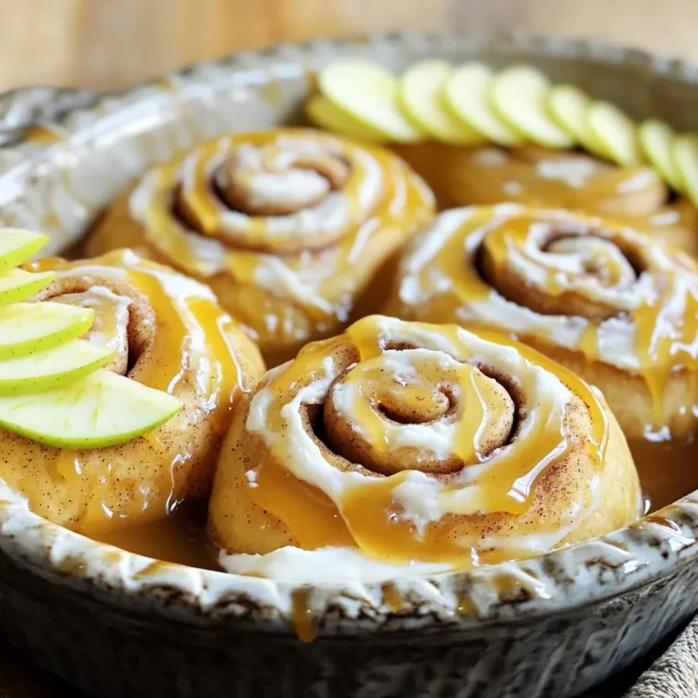 - 2 cups all-purpose flour - 1/4 cup granulated sugar - 1 packet active dry yeast - 1/2 cup warm milk - 1/4 cup unsalted butter - 1 large egg - 1/2 teaspoon salt - 1 tablespoon ground cinnamon - 1 medium apple (preferably Granny Smith) - 1/3 cup brown sugar - 1 cup caramel sauce - 4 oz cream cheese - 1/2 cup powdered sugar - 1 teaspoon vanilla extract To create these caramel apple cinnamon rolls, you need simple ingredients. The base starts with all-purpose flour, which gives the rolls their structure. Granulated sugar adds sweetness, while a packet of active dry yeast makes the dough rise. Warm milk helps activate the yeast, leading to fluffy rolls. Melted unsalted butter brings richness, and a large egg binds everything together. Salt enhances flavor, and ground cinnamon adds that warm, cozy taste we love. Diced Granny Smith apples provide a tart crunch, balancing the sweetness of brown sugar and caramel sauce. For the cream cheese frosting, you’ll use softened cream cheese, powdered sugar, and vanilla extract. This creamy topping perfectly complements the warm rolls. When you gather these ingredients, you set the stage for an amazing treat that brings joy to every bite. - Combine warm milk and yeast in a small bowl. Let it sit for about 5 minutes until it froths. - In a large mixing bowl, mix 2 cups flour, 1/4 cup sugar, and 1/2 teaspoon salt. Add 1/4 cup melted butter, 1 large egg, and the yeast mixture. Stir until a dough forms. - Knead the dough on a floured surface for 5 to 7 minutes until it feels smooth. Place it in a greased bowl, cover it, and let it rise in a warm spot for about 1 hour, or until it doubles in size. - Once the dough rises, punch it down. Roll it out on a floured surface into a rectangle, about 12 by 16 inches. - Spread softened butter over the dough. In a small bowl, mix 1/3 cup brown sugar and 1 tablespoon cinnamon, then sprinkle it over the butter. Add 1 medium diced apple on top. - Starting from one edge, roll the dough tightly into a log. Cut the log into 12 equal rolls and place them into a greased baking dish. - Let the rolls rise again for 30 minutes in the baking dish. - Preheat the oven to 350°F (175°C) and bake the rolls for 20 to 25 minutes, or until they turn golden brown. - While the rolls bake, make the cream cheese frosting by mixing 4 oz softened cream cheese, 1/2 cup powdered sugar, and 1 teaspoon vanilla in a bowl until smooth. Enjoy the warm rolls drizzled with caramel sauce and topped with cream cheese frosting! - Best practices for dough rising: Start with warm milk, around 110°F. Mix the yeast well and let it sit. This helps the yeast grow. Place the dough in a warm spot, away from drafts. Cover it well to keep moisture in. - Tips for cutting and rolling evenly: Use a sharp knife or dental floss to cut the rolls. This keeps the edges clean and neat. Roll the dough tightly to keep the filling inside. Make sure each roll is about the same size for even baking. - How to choose the right apples: Granny Smith apples work best. They add a nice tartness. Look for firm apples with no bruises. You want them crisp to hold their shape during baking. - Alternative spices to add: You can mix in nutmeg or allspice for extra warmth. A pinch of ginger can also brighten the flavor. Experiment with these to find your perfect blend. - Swapping caramel sauce for homemade options: Making your own caramel sauce is simple. Just melt sugar in a pan, add butter, and a splash of cream. This gives a rich taste and a fun cooking experience too. - Recommendations for a fluffier roll: Use bread flour instead of all-purpose flour. It has more protein, which helps the rolls rise higher. Also, don’t skip the second rise; it makes a big difference in texture. {{image_2}} You can switch up the ingredients for your caramel apple cinnamon rolls. Here are some ideas: - Gluten-free flour options: Use a 1:1 gluten-free flour mix instead of all-purpose flour. This keeps the texture light and fluffy. - Dairy-free substitutes for cream cheese: Try using a plant-based cream cheese. It tastes great and keeps the rolls creamy. - Different fruit additions: Instead of apples, you can use pears or peaches. These fruits add a unique twist to the flavor. Feel free to get creative with the recipe: - Mini rolls or bite-sized versions: Roll the dough smaller for mini versions. These are perfect for sharing at parties. - Layering additional fillings: Add nuts or chocolate chips inside the rolls. These ingredients give more texture and flavor. - Using flavored extracts: Try adding almond or maple extract. This small change can create a unique taste profile. To keep your caramel apple cinnamon rolls fresh, use these methods: - At Room Temperature: Place rolls in an airtight container. They stay good for up to 2 days. - Short-Term Storage: Wrap rolls in plastic wrap to prevent drying. Then, put them in a container. - Freezing: For long-term storage, freeze the rolls. Wrap each roll in plastic wrap, then in aluminum foil. They last up to 3 months in the freezer. To enjoy your rolls at their best, follow these reheating tips: - Oven Method: Preheat your oven to 350°F (175°C). Place rolls on a baking sheet and cover with foil. Heat for about 10-15 minutes. - Microwave Method: Place a roll on a microwave-safe plate. Heat for 10-15 seconds. This method is quick but may make them a bit soft. These tips ensure your caramel apple cinnamon rolls stay tasty and warm, ready for you to enjoy again! How do I make sure my dough rises properly? To help your dough rise, keep it warm. Place it in a cozy spot. Cover the bowl with a clean cloth to hold in the heat. A good spot is near a warm oven or in a sunny window. Can I prepare the dough ahead of time? Yes, you can! After mixing, let the dough rise. Then, cover it tightly and place it in the fridge. You can store it for up to 24 hours. When ready, let it warm up before you roll it out. What can I substitute for active dry yeast? You can use instant yeast as a substitute. They work almost the same, but instant yeast rises faster. You can also use fresh yeast, but you’ll need more of it. How long do these rolls stay fresh? These rolls stay fresh for about 2 to 3 days at room temperature. Keep them in an airtight container. If you want them to last longer, freeze them for up to 3 months. Can I use bottled caramel sauce instead of homemade? Absolutely! Bottled caramel sauce works just fine. It saves time and gives you a sweet touch. Just drizzle it over the rolls when they are warm. In this blog post, we explored how to make delicious caramel apple cinnamon rolls. We covered all the ingredients you'll need, from flour to cream cheese, and shared step-by-step instructions for making the dough and assembling the rolls. With tips for perfecting your rolls and variations to try, you have all the tools to make a tasty treat. Remember, the right ingredients and methods make all the difference. Enjoy baking and savoring your rolls!