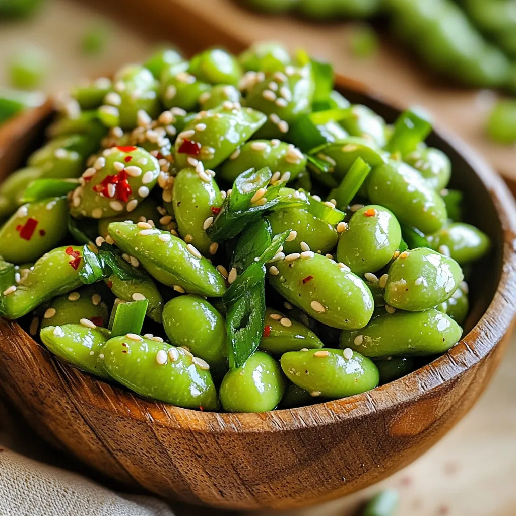- 2 cups edamame (in pods), frozen or fresh Edamame are young soybeans that pack a protein punch. They are tasty and easy to prepare. You can use frozen or fresh edamame for this recipe. Frozen edamame saves time, while fresh gives a crisp bite. - 4 cloves garlic, minced - 2 tablespoons soy sauce - 1 tablespoon sesame oil - 1 teaspoon red pepper flakes - 1 tablespoon lime juice - 1 teaspoon honey (optional for sweetness) - Salt to taste Garlic is the star here. It adds a lovely aroma and deep flavor. Soy sauce brings saltiness, while sesame oil adds a nutty touch. Red pepper flakes give the heat you crave. Lime juice brings acidity and brightness. Honey is optional but adds a hint of sweet balance. - Sesame seeds (for garnish) - Chopped green onions (for garnish) Garnishing makes this dish pop. Sesame seeds add crunch and visual appeal. Chopped green onions offer freshness and a mild onion flavor. Together, they create a beautiful finish to your spicy garlic edamame. Start with your edamame. If you use frozen edamame, boil water in a pot. Add the edamame to the boiling water. Cook it for 3-5 minutes until tender. If you have fresh edamame, just rinse and drain it. Set the edamame aside for later. Next, grab a large skillet. Heat it over medium heat and add sesame oil. Let the oil warm up for about 1 minute. Once hot, add the minced garlic. Sauté the garlic for 1-2 minutes. Keep an eye on it so it doesn't burn. The garlic should smell amazing and fragrant. Now it’s time to bring everything together. Add the cooked edamame pods into the skillet. Pour in the soy sauce, red pepper flakes, lime juice, and honey if you want some sweetness. Toss the edamame well to coat it evenly with the sauce. Cook for another 2-3 minutes, stirring often. Adjust the salt to match your taste. When heated through, transfer the edamame to a serving bowl. To finish, sprinkle sesame seeds and chopped green onions on top. Enjoy your tasty snack! When picking edamame, look for bright green pods. Fresh edamame tastes better than frozen. If you must use frozen, check the package for quality. Choose organic if you can. The flavor in fresh edamame is richer and creamier. Don't let the pods look dull or shriveled. They should feel firm when you squeeze them. To change the heat, use less red pepper flakes. Start with half a teaspoon if you're unsure. You can always add more later. If you want a milder taste, try skipping the flakes altogether. A pinch of sugar can balance the heat, too. Lime juice adds brightness, which helps with spice. Taste as you cook to find your perfect level. Garlic can burn quickly, so watch it carefully. Heat your skillet before adding sesame oil. Once hot, add minced garlic and stir often. You want it golden and fragrant, not brown. If garlic burns, it becomes bitter and spoils the dish. If you feel uncertain, take it off the heat while you stir. This helps keep the garlic just right. {{image_2}} You can make spicy garlic edamame even better with some added protein. Try adding cooked shrimp or chicken. These options blend well with the garlic and spice. For a vegetarian choice, toss in some crispy tofu. It adds texture and keeps the dish filling. Just cook the protein first and mix it in during the last few minutes. Want to change the taste? You can switch up the flavors! Instead of soy sauce, use tamari for a gluten-free option. Add a splash of rice vinegar for a tangy kick. For a sweet twist, try adding a bit of maple syrup instead of honey. You can also mix in some ginger for an extra layer of flavor. Feel free to experiment! If you need a gluten-free version, swap regular soy sauce for tamari. It gives the same salty taste without gluten. Always check labels to make sure your other ingredients are gluten-free too. This way, everyone can enjoy the spicy garlic edamame without worry. After you enjoy your spicy garlic edamame, you might have some left. Store the leftovers in an airtight container. This keeps them fresh for up to three days in the fridge. Make sure to let them cool down before sealing. This step helps prevent sogginess. If you want to save them for a longer time, freezing is a great option. Place the cooled edamame in a freezer-safe bag or container. Remove as much air as possible to prevent freezer burn. They can last for up to three months in the freezer. When you’re ready to eat them, just thaw in the fridge overnight. To reheat, you have a few options. You can microwave them for about 1-2 minutes. Stir halfway through for even heating. If you prefer, you can also sauté them in a skillet with a bit of oil over medium heat for about 3-5 minutes. This helps restore their flavor and crispness. Edamame are young soybeans, often found in pods. They are green and tasty. You can enjoy them steamed or boiled. They are rich in protein, fiber, and vitamins. This makes them a healthy snack option. Edamame is common in Asian cuisine. You can find them in many grocery stores in the frozen aisle. To make spicy garlic edamame vegan, use plant-based ingredients. The recipe already uses soy sauce and sesame oil, which are vegan. Just skip the honey or swap it with maple syrup for sweetness. This keeps the dish entirely plant-based. It will still taste great and keep the spicy garlic flavor! Yes, you can use other beans if you like. Try black beans or chickpeas for a twist. Just make sure to cook them until tender. The cooking time may change based on the beans. Keep in mind that the flavor will differ, but it can still be delicious. In this post, we explored making spicy garlic edamame from start to finish. We covered the best ingredients, step-by-step cooking, and tips for great taste. You learned ways to adjust spiciness and add protein. There are also ideas for storing any leftovers. Use these insights to create a tasty dish that suits your taste buds. Enjoy your journey with edamame, and don’t be afraid to get creative!
