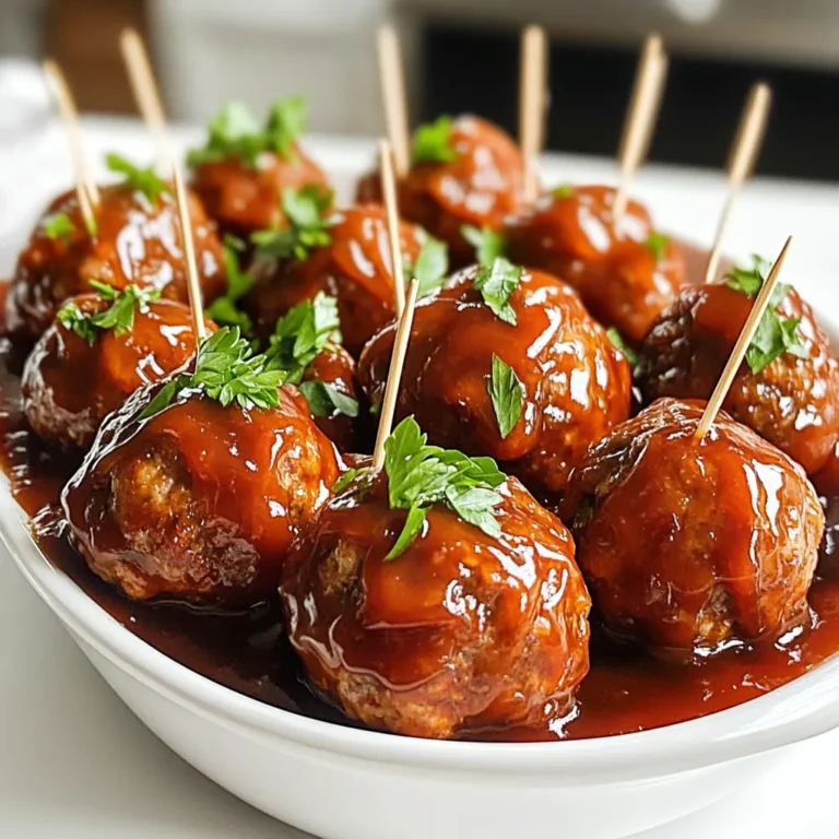 To make Slow Cooker Sweet and Spicy BBQ Meatballs, gather these items: - 1 pound ground beef (or turkey for a lighter option) - 1/2 cup breadcrumbs - 1/4 cup grated Parmesan cheese - 1 large egg - 2 cloves garlic, minced - 1 teaspoon onion powder - 1 teaspoon salt - 1/2 teaspoon black pepper - 1/2 teaspoon crushed red pepper flakes (adjust for spice preference) - 1 cup BBQ sauce (your choice of sweet or spicy) - 1 tablespoon honey - 1 tablespoon apple cider vinegar - 1 teaspoon smoked paprika - 1/4 cup chopped fresh parsley for garnish You can swap some ingredients if needed. Use ground turkey instead of beef. Instead of breadcrumbs, try crushed crackers. If you don't have Parmesan, any hard cheese works well too. You can even leave out the egg if you want a lighter meatball. To change the taste, add more honey for sweetness. If you want more heat, increase the crushed red pepper flakes. For a milder sauce, choose a sweet BBQ sauce. If you like it spicier, use a hot sauce or a spicy BBQ sauce. Remember, you can always taste and adjust as you cook! To start, grab a large mixing bowl. You will need to add 1 pound of ground beef or turkey. Next, mix in 1/2 cup of breadcrumbs and 1/4 cup of grated Parmesan cheese. Then, crack in 1 large egg. Now, add 2 cloves of minced garlic, 1 teaspoon of onion powder, 1 teaspoon of salt, 1/2 teaspoon of black pepper, and 1/2 teaspoon of crushed red pepper flakes. Mix all these ingredients well. Be careful not to overmix. A gentle touch keeps the meatballs tender. Once your mixture is ready, it’s time to shape the meatballs. Take a small amount of the mixture and roll it into a ball about 1 inch wide. Place each meatball on a baking sheet. You can fit about 20 meatballs on one sheet. Make sure to leave some space between them so they do not stick together. Now it’s time to cook! In a separate bowl, mix 1 cup of BBQ sauce with 1 tablespoon of honey, 1 tablespoon of apple cider vinegar, and 1 teaspoon of smoked paprika. Stir until everything blends well. Take your baking sheet of meatballs and place them in the slow cooker in a single layer. Pour the BBQ sauce mixture over the meatballs. Make sure they are well coated. Cover the slow cooker and set it to cook on low for 4 hours or high for 2 hours. When they are done, gently stir the meatballs to coat them in the sauce. For a nice finish, garnish with 1/4 cup of chopped fresh parsley before serving. Enjoy your sweet and spicy BBQ meatballs! To make great meatballs, you want the right mix. Use equal parts meat and breadcrumbs. For this recipe, one pound of meat works well. Adding Parmesan cheese gives the meatballs a nice flavor. Mix the ingredients just until blended. Overmixing can lead to tough meatballs. Make them about one inch wide for even cooking. Slow cooking is all about patience. Start by placing the meatballs in a single layer. This helps them cook evenly. Pour the BBQ sauce over them to keep them moist. Cover the slow cooker tightly. This keeps the heat in and helps the meatballs cook through. Cooking on low is ideal for about four hours. If you're in a hurry, high for two hours works too. Serve these meatballs hot from the slow cooker. They look great on a wide dish topped with extra BBQ sauce. Add fresh parsley for color. Offer toothpicks for easy eating. Pair these with coleslaw or a fresh salad. For a fun twist, serve them in slider buns. They make a great snack for a party or game day. {{image_2}} For a kick, add more spice to your meatballs. You can mix in chopped jalapeños or a dash of hot sauce. These additions will give your meatballs more heat and flavor. You can also try adding cayenne pepper for an extra punch. Remember to taste as you go, so you find the right balance for your taste buds. If you want a lighter meal, ground turkey works great. It keeps the meatballs moist and tasty while cutting down on fat. You can also make meatballs with lentils or quinoa. These plant-based options are healthy and full of flavor. Just cook the lentils or quinoa before mixing them in. Switch up your BBQ sauce for different flavors. You might enjoy using teriyaki sauce or sweet chili sauce. These options add unique tastes that pair well with the meatballs. If you like tang, try a mustard-based sauce. Each sauce brings its own twist to the dish and makes it exciting. To store your leftover sweet and spicy BBQ meatballs, let them cool first. Place them in an airtight container. This keeps them fresh for up to three days in the fridge. If you want to enjoy them later, make sure to seal the container tightly. When you are ready to eat your leftover meatballs, you can reheat them easily. The best way is to use the microwave. Place the meatballs in a safe dish and cover them with a lid or a damp paper towel. Heat them in 30-second intervals until they are hot. You can also reheat them on the stove. Just add a little BBQ sauce in a pan and warm them gently over low heat. Freezing meatballs is a great way to save them for another meal. First, let the meatballs cool completely. Then, place them in a single layer on a baking sheet. Freeze them for about one hour. Once they are solid, transfer them to a freezer bag. Make sure to squeeze out as much air as possible before sealing. You can keep them in the freezer for up to three months. When you want to eat them, just thaw them in the fridge overnight before reheating. Yes, you can bake these meatballs in the oven. Preheat your oven to 400°F (200°C). Place the shaped meatballs on a baking sheet lined with parchment paper. Bake for about 20 to 25 minutes or until they are browned and cooked through. After baking, you can toss them in the BBQ sauce before serving for that sweet and spicy flavor. You can check if the meatballs are done by using a meat thermometer. Insert it into the center of a meatball. It should read 160°F (71°C) for ground beef or turkey. If you don't have a thermometer, cut one in half. The meat should be no longer pink and juices should run clear. Several sides go well with BBQ meatballs. Here are some ideas: - Coleslaw: It adds crunch and freshness. - Cornbread: The sweet flavor complements the meatballs. - Baked beans: Their smokiness pairs nicely with BBQ. - Rice: It absorbs the sauce well and balances the meal. - Veggie skewers: They add color and nutrition to your plate. Feel free to mix and match these sides to create a fun and tasty meal! In this post, we explored how to make tender and flavorful meatballs. We looked at key ingredients, cooking steps, and tips for the best results. You can adjust sweetness and spice to match your taste. Remember to try different variations for new flavors. Lastly, proper storage helps keep your leftovers fresh. Cooking meatballs can be easy and fun! Enjoy making your own unique dishes at home.