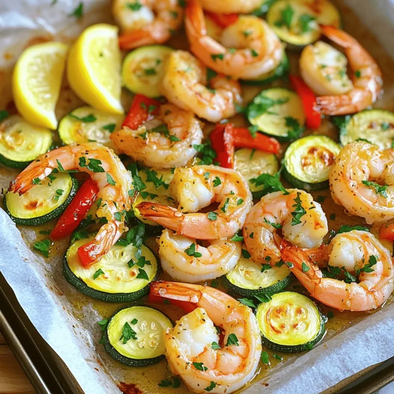 To make Sheet-Pan Lemon Garlic Shrimp with Zucchini, gather these ingredients: - 1 pound large shrimp, peeled and deveined - 2 medium zucchinis, sliced into half-moons - 1 red bell pepper, sliced - 4 cloves garlic, minced - 1/4 cup extra virgin olive oil - Juice and zest of 1 large lemon - 1 teaspoon dried oregano - 1 teaspoon paprika - Salt and freshly ground black pepper to taste - Fresh parsley, chopped for garnish - Lemon wedges, for serving I often choose fresh shrimp for this dish. Fresh shrimp tastes better and cooks faster. You can find it at your local fish market. However, frozen shrimp works too. Just make sure to thaw it properly. To thaw, place it in the fridge overnight or run it under cold water. Once thawed, pat it dry with a paper towel. This helps to avoid excess water during cooking. If you don't have zucchini or bell pepper, don't worry! You can use other veggies. Asparagus, broccoli, or snap peas are great options. They add crunch and color. You could use yellow squash instead of zucchini for a different taste. Just remember to cut them into similar sizes. This ensures even cooking and a beautiful dish. Start by gathering all your ingredients. You need one pound of large shrimp, two medium zucchinis, and one red bell pepper. Slice the zucchinis into half-moons and the bell pepper into strips. Mince four cloves of garlic. These steps ensure each bite has great flavor. In a small bowl, whisk together a quarter cup of extra virgin olive oil. Add the minced garlic, juice, and zest of one large lemon. Next, mix in one teaspoon of dried oregano and one teaspoon of paprika. Season this sauce with salt and freshly ground black pepper. This sauce will bring out the best in your shrimp and veggies. Preheat your oven to 400°F (200°C). Line a large baking sheet with parchment paper. In a big mixing bowl, combine the shrimp, zucchini, and bell pepper. Pour your garlic-lemon sauce over the top and toss everything well. Spread the mix evenly on the baking sheet. Bake for 15-20 minutes. The shrimp should turn pink and opaque while the veggies become tender. This method makes sure everything cooks evenly. After baking, let it cool for a few minutes. Garnish with fresh parsley and serve with lemon wedges for extra flavor. When picking fresh shrimp, look for a few key things. First, check for a mild ocean scent. It should not smell fishy at all. The shrimp should also be firm to the touch and have a shiny, translucent appearance. Avoid any that look dull or have black spots. If you buy shrimp with shells, they should be clean and intact. Always consider the size too; large shrimp work best for this dish. To make sure your shrimp and veggies cook evenly, cut everything to a similar size. This helps them cook at the same rate. Spread the shrimp and vegetables in a single layer on the baking sheet. Avoid overcrowding, as this can lead to steaming instead of roasting. If you have too much, use two baking sheets. Flip the shrimp and veggies halfway through cooking for even browning. To boost flavor, try adding fresh herbs like dill or basil. You can also mix in a pinch of red pepper flakes for a bit of heat. For a richer taste, consider using a splash of white wine or a dash of soy sauce. Lastly, don't skip the lemon zest; it adds a bright, fresh flavor that really shines in this dish. {{image_2}} You can change up the veggies in this dish. Try adding broccoli, asparagus, or cherry tomatoes. These vegetables cook well and add great flavor. You can even use sweet potatoes for a heartier option. Just cut them into small pieces so they cook evenly. Each veggie brings its own taste and texture, making your meal more exciting. If shrimp isn't your favorite, you can swap it out. Chicken breast or thighs work well in this recipe. Cut the chicken into bite-sized pieces for even cooking. You can also use fish like salmon or halibut. Just remember that cooking times may vary with different proteins. Keep an eye on it to avoid overcooking. Want some heat in your dish? You can easily spice things up! Add red pepper flakes or a diced jalapeño. If you like a smoky flavor, try chipotle powder. Start with a little and taste as you go. This way, you can find the right spice level for you. Don't forget that some hot sauces work well too! To keep your sheet-pan lemon garlic shrimp and zucchini fresh, let it cool first. Then, transfer it to an airtight container. This dish can stay in the fridge for up to three days. Make sure to separate the shrimp from the veggies if you want the best taste. When you’re ready to enjoy leftovers, reheating is simple. Preheat your oven to 350°F (175°C). Place the shrimp and veggies on a baking tray. Heat for about 10 minutes until warm. You can also use a microwave. Just cover the dish and heat for 1-2 minutes. If you want to save some for later, freezing works well too. First, let the dish cool completely. Then, pack it in a freezer-safe bag or container. This meal can last in the freezer for up to three months. When you're ready to eat, thaw it in the fridge overnight. Reheat it just like you would with leftovers. Yes, you can! Feel free to swap shrimp with scallops or fish. Both options cook well and absorb the lemon garlic flavor. Just remember that cooking times may vary. For example, scallops cook faster than shrimp. Check the color! When shrimp turn a bright pink and opaque, they’re done. You can also cut one in half to see if it’s white inside. If it’s still gray, give it a few more minutes. This dish pairs well with rice or quinoa. You can also serve it with a fresh salad or crusty bread. These sides soak up the delicious lemon garlic sauce. Absolutely! This dish is low in carbs, thanks to zucchini and bell pepper. These veggies are great alternatives to pasta or rice. Enjoy a hearty meal without the carbs! Yes, you can prep the shrimp and veggies in advance. Just store them in the fridge until you're ready to bake. This makes meal prep easy and quick! In this blog post, we explored how to prepare a delicious shrimp dish. We looked at ingredient choices, including fresh or frozen shrimp and tasty vegetable swaps. I shared a step-by-step guide for cooking and simple tips for perfect results. Finally, you can make this meal your own with variations and storage options. Enjoy experimenting with flavors and customizing this dish to fit your style. Happy cooking!