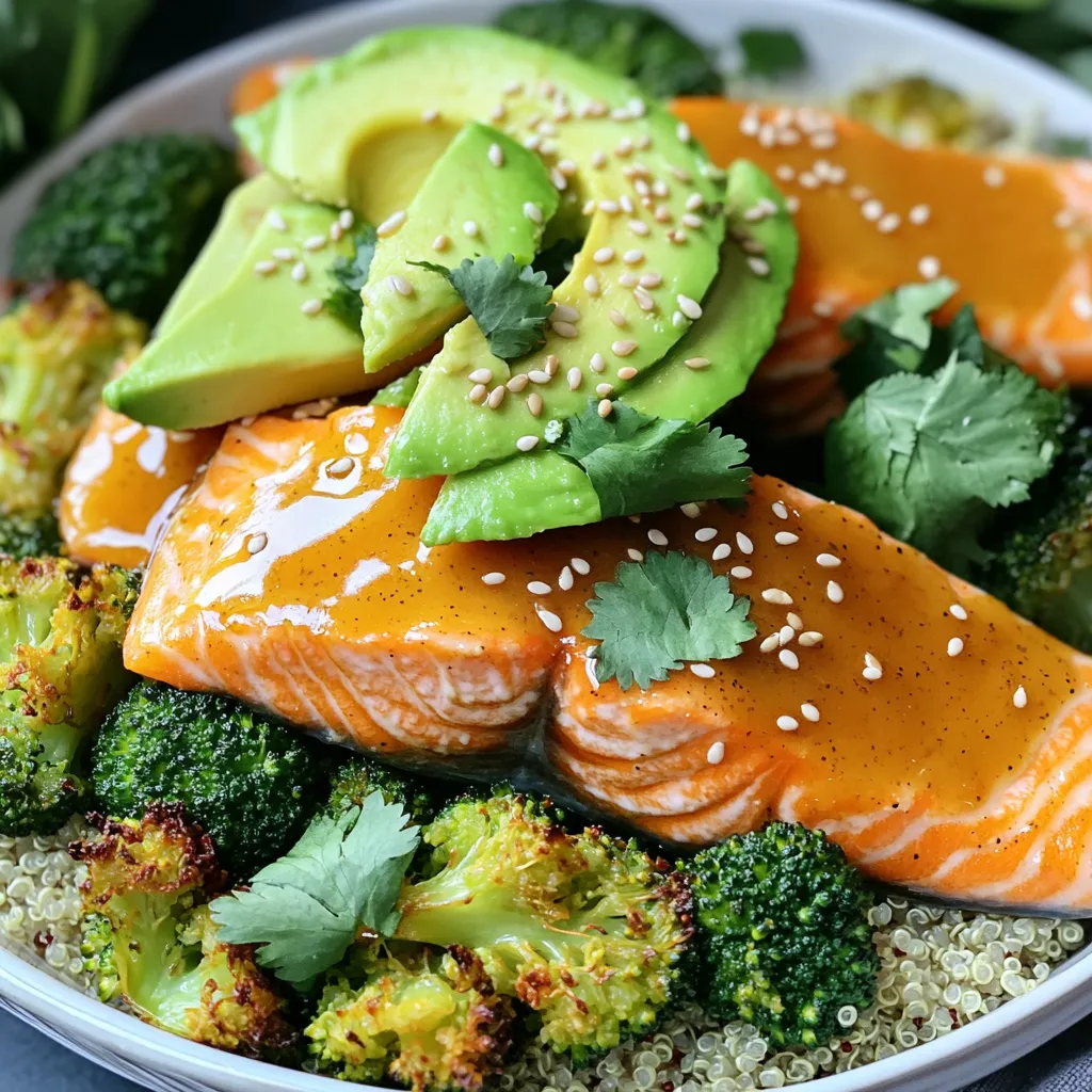- 4 salmon fillets (about 6 oz each) - 1/4 cup honey - 1/4 cup Dijon mustard - 2 tablespoons soy sauce (or tamari for gluten-free) - 2 tablespoons olive oil - 1 teaspoon garlic powder - 1 teaspoon dried thyme In this dish, the star is the salmon. It is rich in omega-3 fatty acids, which are great for your heart. Honey gives a sweet touch that balances the Dijon mustard’s tang. The soy sauce adds a savory kick. Olive oil keeps everything moist and adds healthy fats. Garlic powder and dried thyme bring in lovely flavors that make this dish pop. - 2 cups broccoli florets - 2 cups quinoa, cooked - 1 avocado, sliced Broccoli adds a nice crunch and is packed with vitamins. Quinoa is a great base for your bowl, providing protein and fiber. Avocado slices add creaminess and healthy fats. Together, they create a balanced meal. - Sesame seeds - Fresh cilantro Sesame seeds add a slight crunch and nutty flavor. Fresh cilantro brings brightness and freshness to each bite. These garnishes not only enhance the look but also boost flavor. They make your dish feel special and inviting. 1. Preheat your oven to 400°F (200°C). This helps cook the salmon and broccoli just right. 2. Line a large sheet pan with parchment paper. This makes cleanup easy and keeps your food from sticking. 3. In a small bowl, whisk together the honey, Dijon mustard, soy sauce, olive oil, garlic powder, dried thyme, salt, and pepper. Mix until everything is smooth and combined. This glaze will give your salmon a sweet, tangy flavor. 1. Place the salmon fillets on the lined sheet pan. Make sure to leave space between each fillet for even cooking. 2. Brush the honey mustard mixture over each salmon fillet. Use a good amount, so each bite is packed with flavor. 3. Add the broccoli florets around the salmon on the pan. Drizzle them with olive oil and sprinkle with salt and pepper. This will help them roast nicely. 4. Bake in the preheated oven for 15-20 minutes. The salmon should be flaky, and the broccoli should be tender. Keep an eye on it to avoid overcooking. 1. Once the salmon and broccoli are cooked, it’s time to build your bowls. 2. Start with a scoop of cooked quinoa at the bottom of each bowl. This will be the base of your meal. 3. Place a piece of salmon on top of the quinoa, followed by some roasted broccoli. 4. Add avocado slices for creaminess. 5. Finish with garnishes of sesame seeds and fresh cilantro for a burst of flavor. 6. Drizzle any leftover honey mustard glaze from the pan over the bowls. This extra touch brings all the flavors together. To know when your salmon is done, look for flakiness. When you gently poke it with a fork, it should easily break apart. If it looks translucent, it needs more time. For fillets thicker than one inch, bake them a bit longer. Thin fillets cook faster, so keep an eye on them. To make your salmon pop, try adding more spices. A pinch of paprika or a dash of cayenne gives it a kick. Fresh herbs like dill or parsley work great too. If you have leftover honey mustard glaze, use it! It adds flavor to veggies or as a dressing for salads. Preparing ingredients ahead saves time. You can chop the broccoli and make the glaze a day before. Store them in airtight containers. Cooked quinoa and salmon also store well. Keep quinoa in the fridge for up to five days. Salmon can last three days in the fridge. {{image_2}} You can switch out the soy sauce for several gluten-free options. Tamari is a great choice. If you want to avoid soy, try coconut aminos. They add a similar flavor without gluten. For vegetables, feel free to mix it up. You can use asparagus, bell peppers, or even Brussels sprouts. Just make sure they roast well, like broccoli. Each veggie brings its own taste and texture. If you prefer an air fryer, use it! Preheat the air fryer to 400°F. Cook the salmon for about 8 to 10 minutes. Check for flakiness to know it’s done. You can add broccoli to the air fryer too. Just toss it in with a bit of olive oil. Grilling is another tasty option for cooking salmon. Preheat your grill to medium heat. Place the salmon on a piece of foil or a grill basket. Grill for about 6 to 8 minutes, depending on thickness. This method gives your salmon a nice smoky flavor. To make this dish low-carb or keto-friendly, swap quinoa with cauliflower rice. It cuts carbs but keeps a similar texture. You can add extra veggies to bulk it up. For vegetarian-friendly options, replace salmon with marinated tofu or chickpeas. Both options soak up the honey mustard glaze well. You can still enjoy all the great flavors while keeping it plant-based. To keep your leftover sheet-pan honey mustard salmon bowls fresh, store them in the fridge. Use airtight containers to prevent moisture loss. Make sure to separate the salmon from the quinoa and veggies. This will help each part keep its texture and flavor. If you want to freeze components, it’s best to freeze the salmon and quinoa separately. Wrap salmon fillets in plastic wrap and then place them in a freezer bag. For quinoa, store it in a sealed container. This way, they stay fresh for longer. For the best results, reheat salmon in the oven. Set it at 350°F (175°C) for about 10 minutes. This keeps the fish moist. You can also reheat quinoa in the microwave. Add a splash of water to keep it fluffy. When reheating broccoli, use a skillet on low heat. This helps keep the veggies crisp. Avoid the microwave for broccoli if you want to keep its texture. In the refrigerator, your salmon bowls can stay fresh for up to three days. After that, the quality will drop. Look for signs of spoilage, like a strong smell or discoloration. If anything seems off, it’s best to toss it. Enjoy your meals while they are still tasty! Can I use frozen salmon fillets? Yes, you can use frozen salmon fillets. Just keep in mind that you should thaw them first. Place them in the fridge overnight or run them under cold water for a quick thaw. Cooking from frozen will change the texture and cooking time. If you cook them frozen, add about 5-10 minutes to the baking time. What can I serve with the salmon bowls? You can serve many sides with these salmon bowls. Try adding a fresh green salad for crunch. Roasted sweet potatoes or brown rice also work well. You can mix in other veggies like bell peppers or carrots for extra nutrition. Calories and macros breakdown for the recipe: Each serving of the salmon bowl has about 450 calories. This includes: - Protein: 30 grams - Carbs: 45 grams - Fats: 20 grams Tips for making it healthier: To make this dish healthier, use less honey in the glaze. You can also swap quinoa for cauliflower rice to reduce carbs. Adding more veggies boosts fiber and vitamins. How to double the recipe for meal prep: To double this recipe, use 8 salmon fillets and double the other ingredients. Make sure your sheet pan is large enough. If you need more space, use two pans. Adjusting cooking times for larger batches: When cooking more salmon and veggies, check for doneness after 20 minutes. If needed, cook for an extra 5 minutes. Use a fork to check if the salmon flakes easily. The broccoli should be tender but not mushy. You now have a clear guide to making delicious salmon bowls. We broke down key ingredients, prep steps, and cooking methods. You'll learn tips for perfect salmon and ways to store leftovers. Plus, we explored variations for different diets and cooking styles. By using this simple method, you can enjoy healthy meals with ease. Embrace creativity in your kitchen, and don’t be afraid to make it your own!