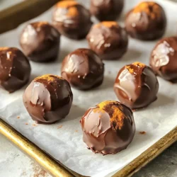 To make these tasty truffles, gather the following key ingredients: - 1 cup pumpkin puree - 1 cup rolled oats - 1/2 cup chocolate protein powder - 1/4 cup cocoa powder - 1/4 cup almond butter - 1/4 cup maple syrup - 1 teaspoon vanilla extract - 1/2 teaspoon cinnamon - 1/4 teaspoon nutmeg - A pinch of salt - 1/2 cup dark chocolate chips (for coating) These ingredients create a rich, creamy base. Pumpkin puree gives moisture and flavor. Rolled oats add a chewy texture. Chocolate protein powder boosts nutrition while adding taste. Cocoa powder deepens the chocolate flavor. Almond butter binds everything and adds healthy fats. Maple syrup sweetens the mix naturally. Vanilla extract, cinnamon, and nutmeg enhance the aroma and taste. Finally, the dark chocolate coating makes each truffle irresistible. You can customize your truffles with these optional ingredients: - Chopped nuts for crunch - Shredded coconut for extra flavor - Different nut butters like peanut or cashew - A dash of sea salt for contrast Feel free to mix and match based on your taste. Adding different ingredients lets you create your own unique version. Let’s talk about the health benefits: - Pumpkin puree: Packed with vitamins A and C, it supports vision and immunity. - Rolled oats: Rich in fiber, they help with digestion and keep you full. - Chocolate protein powder: A great source of protein, it aids muscle recovery. - Cocoa powder: Loaded with antioxidants, it can improve heart health. - Almond butter: Provides healthy fats and protein for energy. - Maple syrup: A natural sweetener with minerals like zinc and manganese. - Vanilla extract: Offers antioxidant properties and adds flavor. - Cinnamon: May help regulate blood sugar and has anti-inflammatory effects. - Nutmeg: Known for its calming properties and rich in antioxidants. - Salt: Enhances flavor and helps maintain balance in your body. Each ingredient plays a role in making these truffles both delicious and good for you. Start with a large mixing bowl. Add 1 cup of pumpkin puree. Next, scoop in 1/4 cup of almond butter. Then, pour in 1/4 cup of maple syrup. Add 1 teaspoon of vanilla extract to the mix. Stir all these ingredients together. Make sure the mixture is smooth and well combined. This part is fun and easy. In another bowl, mix the dry ingredients. Use 1 cup of rolled oats first. Then, add 1/2 cup of chocolate protein powder. Next, mix in 1/4 cup of cocoa powder. Add 1/2 teaspoon of cinnamon and 1/4 teaspoon of nutmeg. Finally, sprinkle in a pinch of salt. Stir well until everything is blended. This step adds a rich flavor to your truffles. Now, combine the wet and dry mixtures. Gradually add the dry ingredients to the wet bowl. Stir until everything is blended evenly. The mixture will feel slightly sticky. Cover the bowl and chill it for about 30 minutes. This helps the mixture firm up. Once chilled, scoop small portions with your hands. Roll each portion into bite-sized balls. Place them on a parchment-lined baking sheet. Next, melt 1/2 cup of dark chocolate chips. Use a microwave-safe bowl. Heat in 30-second bursts and stir until smooth. Dip each truffle into the melted chocolate. Make sure they are fully coated. Return the truffles to the baking sheet. Finally, chill them in the fridge for at least 15 minutes. This will set the chocolate coating. Enjoy these tasty no-bake treats! To get the right texture, start with the right pumpkin puree. Use canned puree for smoothness. If you prefer fresh pumpkin, cook and blend it well. You want it creamy, not watery. Mix the wet and dry ingredients well. The blend should feel slightly sticky but not too wet. If it feels too dry, add a touch of almond butter or maple syrup. Chilling the mixture helps it firm up. This makes it easier to roll into balls. If you have allergies, you can easily swap ingredients. For nut allergies, use sunflower seed butter instead of almond butter. If you want a nut-free protein powder, look for pea protein. You can also use agave syrup in place of maple syrup if needed. For gluten-free options, make sure to choose certified gluten-free oats. These swaps keep the fun but cater to your needs. You can enhance the flavor of your truffles with spices. Add a pinch of ginger for extra warmth. Try a little allspice or cloves for a holiday twist. If you love chocolate, mix in some mini dark chocolate chips. You can also add a scoop of peanut butter for a richer taste. Another option is to add a splash of coffee extract for a unique flavor. These little changes can make your truffles even more special. {{image_2}} Making vegan no-bake chocolate pumpkin truffles is easy. Just swap almond butter for a nut-free option like sunflower seed butter. Use maple syrup for sweetness, and you're all set. Ensure your chocolate chips are dairy-free. This keeps the truffles vegan and just as tasty. You can change the flavor of these truffles easily. Adding peanut butter gives a rich, nutty taste. You could also try almond extract or coconut extract for a twist. Want something spicier? Add a dash of cayenne pepper or extra cinnamon. Each option adds a new layer of flavor. Boost the nutrition of your truffles with some healthy add-ins. Chia seeds or flaxseeds can add fiber and omega-3s. You can also mix in some crushed nuts for crunch and healthy fats. Dried fruit like raisins or cranberries offer sweetness and a chewy texture. Each of these options makes your truffles even better! Store your truffles in an airtight container. This keeps them fresh and tasty. I like to layer parchment paper between truffles. This prevents them from sticking together. You can keep them in the fridge or freezer. Just make sure the container seals well. In the fridge, these truffles stay good for about one week. If you freeze them, they last up to three months. Just thaw them in the fridge before you enjoy them again. To keep the flavors strong, avoid exposing truffles to air. Check your storage container often. If you notice any moisture, move the truffles to a new container. Always serve them cold or at room temperature for the best taste. Enjoy your treats! Yes, you can use another protein powder. Whey, pea, or hemp protein all work well. Each type may change the taste and texture a bit. Just adjust the liquid if the mix is too dry. Experiment to find your favorite! To make these truffles nut-free, swap almond butter for sunflower seed butter. This option gives a similar creamy texture. You can also use soy nut butter if you prefer. Both options will keep the truffles tasty and safe for those with nut allergies. Pumpkin is packed with nutrients. It has fiber, which helps digestion. The bright orange color shows it’s rich in vitamins A and C. These vitamins support your immune system and eye health. Plus, pumpkin is low in calories, making it a smart choice for snacks! In this post, we explored how to make no-bake chocolate pumpkin protein truffles. You learned key and optional ingredients that boost flavor and nutrition. We discussed easy steps for mixing, rolling, and coating your truffles. I shared tips for the best texture and substitutions for allergies. You can even try tasty variations for different diets. These treats are not just delicious; they’re healthy snacks, too. Enjoy making and sharing these truffles with friends and family!