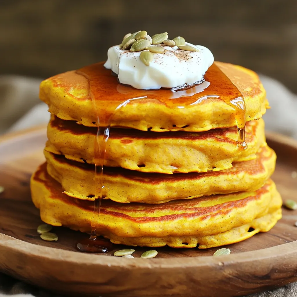 To make pumpkin protein pancakes, you need these simple ingredients: - 1 cup oat flour - 1/2 cup pumpkin puree (canned or fresh) - 1/2 cup protein powder (vanilla flavor recommended) - 1 teaspoon baking powder - 1/2 teaspoon baking soda - 1 teaspoon cinnamon - 1/4 teaspoon nutmeg - 1/4 teaspoon salt - 1 cup almond milk (or milk of choice) - 1 tablespoon maple syrup - 1 teaspoon vanilla extract - Coconut oil or non-stick spray for cooking Sometimes, you may want to swap out ingredients. Here are a few ideas: - Oat flour: Use whole wheat flour or almond flour. - Pumpkin puree: Try mashed bananas or applesauce for a different taste. - Protein powder: You can use pea protein or a plant-based mix. - Almond milk: Any milk works, like soy milk or regular milk. - Maple syrup: Honey or agave nectar can work too. Each ingredient brings its own health perks: - Oat flour: It is full of fiber, which helps digestion. - Pumpkin puree: This is rich in vitamins A and C, great for your skin. - Protein powder: It aids muscle repair and keeps you full longer. - Baking powder and baking soda: These help the pancakes rise and become fluffy. - Cinnamon: It adds flavor and may help lower blood sugar. - Nutmeg: This spice has antioxidants and supports heart health. - Salt: A small amount enhances flavor and keeps balance in the body. - Almond milk: It is low in calories and high in vitamin E. - Maple syrup: This natural sweetener offers minerals and antioxidants. - Vanilla extract: It adds a lovely aroma and may have mood benefits. - Coconut oil: This healthy fat can boost energy and flavor. Using these ingredients not only makes tasty pancakes but also gives you good nutrition. Enjoy each bite knowing you are eating well! Making pumpkin protein pancakes is fun and simple. You will mix dry and wet items. Then, you will cook them on a skillet. This process takes about 20 minutes. You can serve four people with this recipe. Start by gathering your dry ingredients. In a large bowl, add: - 1 cup oat flour - 1/2 cup pumpkin puree - 1/2 cup protein powder - 1 teaspoon baking powder - 1/2 teaspoon baking soda - 1 teaspoon cinnamon - 1/4 teaspoon nutmeg - 1/4 teaspoon salt Stir these together until they blend well. Make sure there are no clumps. This mix gives your pancakes a warm, spiced flavor. Next, you need to mix your wet ingredients. In a separate bowl, whisk together: - 1 cup almond milk - 1 tablespoon maple syrup - 1 teaspoon vanilla extract Whisk until the mixture is smooth. This adds sweetness and moisture to the batter. Now, it’s time to cook your pancakes. Heat a non-stick skillet over medium heat. Add a bit of coconut oil or non-stick spray. Pour 1/4 cup of batter onto the skillet for each pancake. Watch for bubbles to form on the surface, which takes about 2-3 minutes. Flip the pancake and cook for another 1-2 minutes until golden brown. Repeat this with the remaining batter. Enjoy the smell of warm spices filling your kitchen! To get fluffy pancakes, use fresh ingredients. Sift your oat flour to remove lumps. Mix the dry and wet ingredients just until combined. A few lumps are fine. Let the batter sit for five minutes. This helps it thicken and improves texture. Use medium heat for cooking. This gives a nice golden color without burning. One common mistake is overmixing the batter. This can make your pancakes tough. Another issue is cooking on too high heat. You want a gentle sizzle, not a loud fry. If your pancakes stick, make sure to use enough oil or non-stick spray. Avoid flipping too soon; wait for bubbles to form first. Serve your pumpkin protein pancakes stacked high. Drizzle warm maple syrup on top. Add a dollop of Greek yogurt for creaminess. Sprinkle some cinnamon for extra flavor. For crunch, toss on pumpkin seeds. You can also pair these pancakes with fresh fruit. Sliced bananas or apples add a fresh touch. Enjoy with a warm cup of tea or coffee for a cozy meal! {{image_2}} You can easily change these pancakes by adding fun flavors. Chocolate chips make a sweet treat. Nuts add a crunchy texture. You can also add dried fruit for a chewy bite. Try mixing in some vanilla extract for a deeper flavor. Each option gives you a new twist on the classic pancake. If you're vegan, swap the eggs for a flaxseed mix. Use almond milk or any plant milk. Replace the protein powder with a vegan option. For gluten-free pancakes, use certified gluten-free oat flour. These changes let everyone enjoy these tasty pancakes, no matter their diet. During fall, spice things up with pumpkin spice. Mix in ginger or cloves for warmth. In winter, try a holiday theme by adding a dash of peppermint extract. Top with cranberries for a festive look. These variations keep your pancakes exciting all year long. After enjoying your pumpkin protein pancakes, you may want to save some for later. To store leftovers, stack the pancakes in a single layer. Place parchment paper between each pancake to keep them from sticking. Then, wrap the stack tightly in plastic wrap or aluminum foil. You can also place them in an airtight container. Keep them in the fridge if you plan to eat them within three days. When you're ready to eat your pancakes, reheating is easy. You can use a microwave or a skillet. For the microwave, place one pancake on a plate and heat for 20-30 seconds. Check to see if it's warm enough. For a skillet, heat it over low heat and add a small amount of coconut oil. Cook each pancake for about one minute on each side until warm. This keeps them moist and delicious. Want to save your pancakes for a longer time? Freezing is a great option. After cooking, let the pancakes cool completely. Then, follow the same stacking method as before, using parchment paper between each pancake. Place them in a freezer-safe bag or container. You can freeze them for up to three months. When you want to eat them, thaw them overnight in the fridge. Then, reheat using the methods mentioned above. Enjoy your tasty pancakes anytime! To make these pancakes gluten-free, swap oat flour with a gluten-free flour blend. You can use almond flour or coconut flour, but adjust the liquid. These flours absorb more moisture. Start with the same amount and add almond milk until the batter is right. Yes, you can use other protein powders. Choose one that tastes good to you. Chocolate protein powder adds a rich flavor. Plant-based options like pea or hemp protein also work well. Just keep in mind that flavors may vary. Making pumpkin puree is easy. First, pick a small sugar pumpkin. Cut it in half and scoop out the seeds. Place the halves cut-side down on a baking sheet. Roast at 400°F for about 40 minutes until soft. Once cool, scoop the flesh into a blender and puree until smooth. Topping your pancakes can be fun! Here are some tasty options: - Maple syrup - Greek yogurt - Whipped cream - Chopped nuts - Pumpkin seeds - Cinnamon sugar - Fresh fruit like bananas or apples Each topping adds a unique flavor and texture to your pumpkin protein pancakes. Enjoy experimenting! You now have all the tools to make great pancakes. We covered the right ingredients, their benefits, and how to swap them for healthier options. You learned simple steps for mixing, cooking, and avoiding common mistakes. Exploring tasty variations and proper storage will keep your pancakes fresh. Remember, pancakes can fit any diet, so have fun experimenting. Happy cooking!