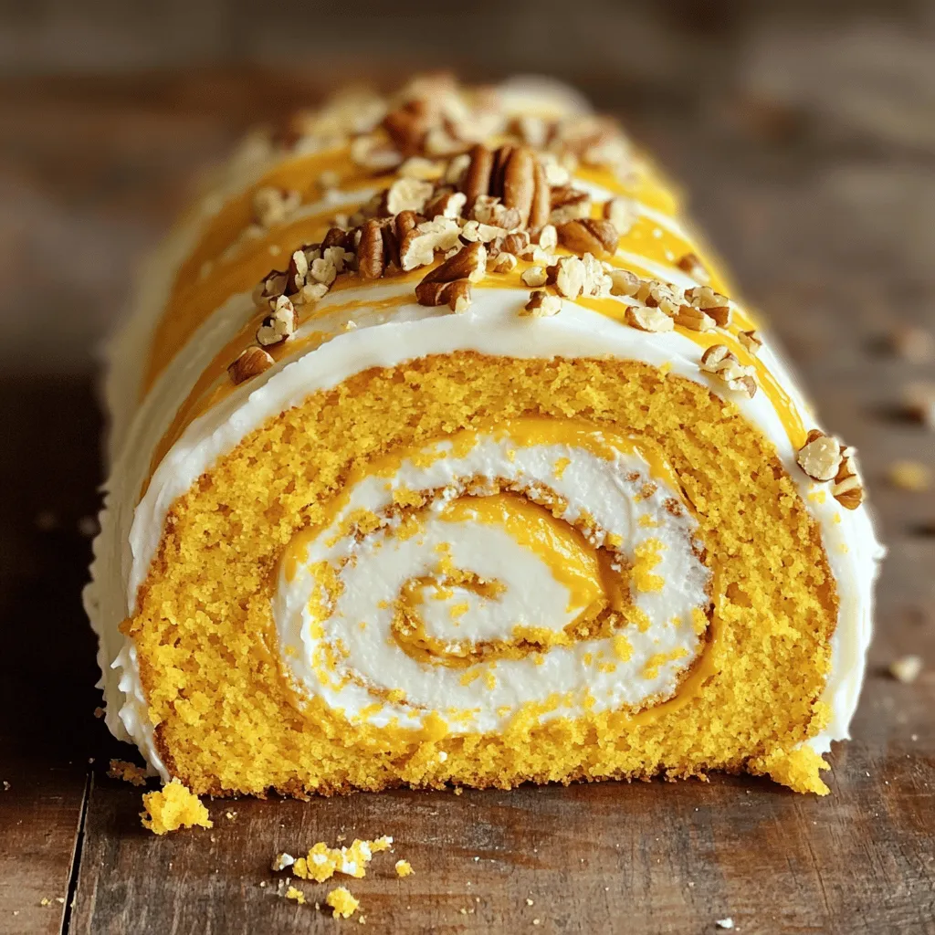 - 1 cup all-purpose flour - 1 cup canned pumpkin puree - 8 oz cream cheese, softened - 1 teaspoon baking powder - 1 teaspoon baking soda - 1/2 teaspoon salt - 1 teaspoon ground cinnamon - 1 teaspoon ground nutmeg - 1/2 teaspoon ground ginger - 1 cup granulated sugar - 1/4 cup powdered sugar - 1 teaspoon lemon juice - 1 teaspoon vanilla extract Gathering your ingredients is the first step to making a great pumpkin spice cream cheese roll. Start with the main ingredients. You need flour, pumpkin puree, and cream cheese. These are the stars of our dish. Next, we have essential baking ingredients. Baking powder, baking soda, and salt help your cake rise and taste balanced. Don't skip these, as they are key to a fluffy roll. Now, let's talk about flavorings and sweeteners. Cinnamon, nutmeg, and ginger bring warmth and spice. Granulated sugar adds sweetness, while powdered sugar will sweeten the cream cheese filling. Lemon juice adds a nice tang. Lastly, vanilla extract rounds out the flavor profile. With these ingredients, you'll create a delicious treat. Make sure to measure carefully for the best results. Happy baking! - Preheating the Oven: First, set your oven to 350°F (175°C). This helps the cake bake evenly. Line a 15x10-inch jelly roll pan with parchment paper and lightly grease it. - Mixing Dry Ingredients: In a medium bowl, add 1 cup of all-purpose flour, 1 teaspoon of baking powder, 1 teaspoon of baking soda, and 1/2 teaspoon of salt. Then, mix in 1 teaspoon of ground cinnamon, 1 teaspoon of ground nutmeg, and 1/2 teaspoon of ground ginger. Whisk these together until they blend well. - Beating Eggs and Sugar: In a larger mixing bowl, beat together 1 cup of granulated sugar and 3 large eggs. Do this until the mixture looks light and fluffy, about 3 to 4 minutes. - Adding Pumpkin and Vanilla: Now, stir in 1 cup of canned pumpkin puree and 1 teaspoon of vanilla extract into your egg and sugar mix. Make sure it is well combined. - Combining Wet and Dry Ingredients: Gradually add your dry ingredients into the pumpkin mix. Stir gently until everything is just combined. Do not overmix, or your cake may turn out dense. - Spreading and Baking the Batter: Pour the batter into your prepared jelly roll pan. Spread it evenly. Bake in the preheated oven for 15 to 20 minutes. Check if it’s done by inserting a toothpick into the center. If it comes out clean, the cake is ready. - Preparing to Roll: While the cake bakes, place a clean kitchen towel on the counter and dust it with powdered sugar. This will help prevent sticking. - Inverting and Rolling the Cake: Once the cake is done, take it out and immediately invert it onto your powdered sugar-dusted towel. Carefully peel off the parchment paper. Start rolling the cake tightly with the towel inside, beginning from one end. - Cooling the Rolled Cake: Let the rolled cake cool completely while still wrapped in the towel. This step helps it keep its shape when you unroll it later. - 8 oz cream cheese, softened - 1/4 cup powdered sugar - 1 teaspoon lemon juice - 1 teaspoon vanilla extract To create a rich and creamy filling, start with softened cream cheese. This step is vital. Softened cream cheese blends smoothly with your sweeteners. Add powdered sugar for sweetness. It makes the filling light and fluffy. Next, include lemon juice to brighten the flavor. Finally, add vanilla extract for warmth and depth. Mix the cream cheese, powdered sugar, lemon juice, and vanilla in a medium bowl. Use a hand mixer or a whisk. Beat until you achieve a smooth and creamy texture. It should be easy to spread. If it feels too thick, add a splash of milk. This helps achieve the right consistency for spreading. Once your cake has cooled, it's time to fill it. Gently unroll the cake from the towel. This step requires care to prevent tearing. Spread the cream cheese filling evenly, leaving a small border at the edges. This ensures the filling does not spill out. After spreading, roll the cake back up tightly. Wrap it with plastic wrap and chill it in the fridge for at least an hour. This helps the flavors meld and firms up the roll for slicing. {{image_2}} How to Ensure Even Baking To get the best bake, spread the batter evenly in the pan. Use a spatula for smoothness. The oven should be preheated to 350°F (175°C) before baking. This helps the cake rise and bake evenly. Also, check the cake a minute or two early. A toothpick should come out clean when done. Techniques for Rolling the Cake Before the cake bakes, prepare a clean kitchen towel dusted with powdered sugar. As soon as the cake is done, flip it onto the towel. Gently peel off the parchment paper. Begin rolling the cake from one end, keeping it tight. This helps shape it well. Let the cake cool completely while rolled. This step is crucial to avoid cracks. Fresh Spices vs. Ground Spices Using fresh spices can make a big difference. Fresh spices bring a stronger flavor than ground ones. If you can, buy whole spices and grind them yourself. This gives the cake an extra kick. Tips on Pumpkin Puree Selection Choose pure pumpkin puree, not pie filling. The pie filling has added sugar and spices. Look for a brand that uses 100% pumpkin. This ensures you get the best pumpkin flavor in your roll. Garnishing with Pecans or Walnuts Chopped pecans or walnuts can add a nice touch. They give a crunchy contrast to the soft cake. Sprinkle them on top just before serving. This adds color and texture. Slicing Techniques for Serving Use a sharp knife to slice the roll. A clean cut helps show off the filling. Wipe the knife with a damp cloth between slices. This keeps your slices looking neat and pretty. You can switch up the flavor of your Pumpkin Spice Cream Cheese Roll. One fun idea is the Chocolate Pumpkin Cream Cheese Roll. To make this, add cocoa powder to the cake batter. Use one-third cup of cocoa powder. This will give a rich chocolate taste that pairs well with pumpkin. Another option is to try a Maple Cream Cheese Filling. Instead of using vanilla in the filling, use maple syrup. This adds a sweet, warm flavor that feels like fall. Just mix in half a cup of maple syrup with the cream cheese for a tasty twist. If you need a gluten-free option, you can easily adapt the recipe. Simply use gluten-free all-purpose flour instead of regular flour. This will keep the texture while making it safe for gluten-free diets. For those who want a vegan treat, use a vegan cream cheese alternative. There are many good brands on the market. Make sure to check the label for the best taste. You can also use flax eggs instead of regular eggs to bind the ingredients. You can make a special Thanksgiving Pumpkin Roll by adding nuts to the batter. Chopped pecans or walnuts add great flavor and texture. You can also sprinkle some on top of the roll for decoration. For Halloween, get creative with decorations! Use orange and black icing to draw spooky faces. You can also add candy corn or chocolate spiders on top. This makes the roll festive and fun for family gatherings. - Storing in the Refrigerator: Once your pumpkin spice cream cheese roll is made, let it cool. Wrap it in plastic wrap. This keeps it fresh and moist. Store it in the fridge for up to 5 days. The cool air helps to maintain its taste and texture. - Freezing the Pumpkin Roll: If you want to store it longer, freeze it. Wrap the roll tightly in plastic wrap, then in foil. This double layer prevents freezer burn. It can last up to 3 months in the freezer. When ready to eat, thaw it in the fridge overnight. - How Long Does It Last?: In the fridge, your pumpkin roll stays fresh for about 5 days. In the freezer, it can last up to 3 months. This makes it a great treat to prepare ahead of time. - Signs of Spoilage: Check for any off smells or changes in texture. If the cream cheese filling looks watery or the cake seems dry, it's best to toss it. Always trust your senses when it comes to food safety. - Best Methods for Freshening Up: To enjoy your pumpkin roll warm, slice it and microwave for about 10-15 seconds. This helps soften the cake. Don’t heat too long, or it may dry out. - Serving After Refrigeration or Freezing: After thawing, let the roll sit at room temperature for about 30 minutes. This helps restore its flavor. Serve it chilled for a refreshing treat or warm for a cozy dessert experience. How do I prevent the cake from cracking? To prevent cracks, avoid overbaking the cake. Keep an eye on it in the oven. Once it’s done, roll it while it’s hot. This helps keep the shape and moisture. Can I make this recipe ahead of time? Yes, you can make it ahead. Bake the cake and fill it a day before. Just store it in the fridge. This can help the flavors blend nicely. What substitutions can I use for cream cheese? You can use mascarpone cheese or Greek yogurt. These options still give a creamy texture. They also add a different flavor that can be delightful. Is there a dairy-free version of this recipe? Yes, you can use dairy-free cream cheese. Look for brands that fit your needs. Coconut cream can also work as a rich alternative. What to serve with Pumpkin Spice Cream Cheese Roll? This roll pairs well with whipped cream or a scoop of ice cream. You can also serve it with spiced tea or coffee for a cozy treat. How can I decorate the roll for special occasions? You can sprinkle powdered sugar on top for a snowy look. Adding chopped nuts or chocolate shavings can add flair. Fresh mint leaves also make a nice touch. You now have a complete guide to making a delicious pumpkin roll. From the right ingredients to step-by-step baking instructions, each part is key. Remember, baking is both art and science. Using fresh spices and perfect rolling techniques can elevate your creation. Don't hesitate to add personal touches with flavors or decorations. Enjoy the process, and share your tasty results. Happy baking!